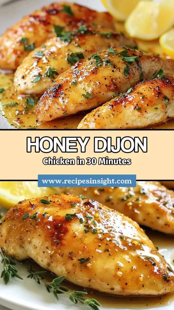 Indulge in this easy Honey Dijon chicken recipe that transforms simple baked chicken breasts into a flavorful meal. With a delicious honey mustard chicken marinade, it's perfect for a healthy chicken dinner. Ready in just 50 minutes, this dish is ideal for busy weeknights. Try this baked chicken breasts recipe tonight and impress your family! Save for later and enjoy! #HoneyDijonChicken #EasyChickenDinner #HealthyChickenRecipes #BakedChickenBreasts