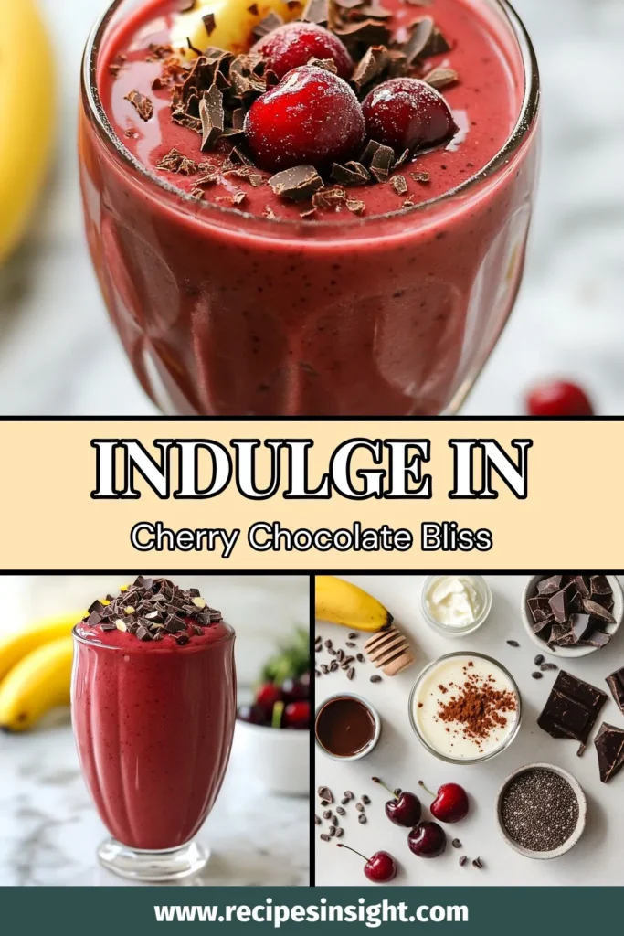 Indulge in this deliciously creamy chocolate covered cherry smoothie! Packed with frozen cherries and bananas, it's the perfect healthy chocolate smoothie recipe that will satisfy your sweet tooth. Made with almond milk, this cherry banana smoothie recipe is not just tasty but nutritious too. Blend it up in just 5 minutes for refreshing creamy fruit smoothies. Try it today and enjoy a guilt-free treat! Save this recipe for later! #ChocolateSmoothie #HealthySnacks #SmoothieRecipe #BananaSmoothie