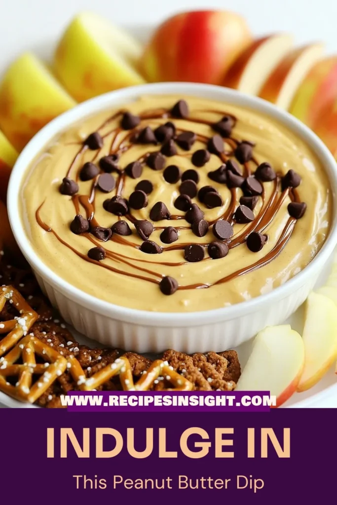 Indulge in this delicious Chocolate Chip Peanut Butter Dip, the perfect easy dessert dip recipe that no one can resist! Made with creamy peanut butter and sweet mini chocolate chips, this no bake chocolate dip is ideal for apple slices, pretzels, or graham crackers. Explore these edible dessert dip ideas for your next gathering! Perfect for satisfying your sweet tooth. Save this recipe for a delightful treat! #ChocolateChipDip #PeanutButterDessert #NoBakeDip #EasyDesserts