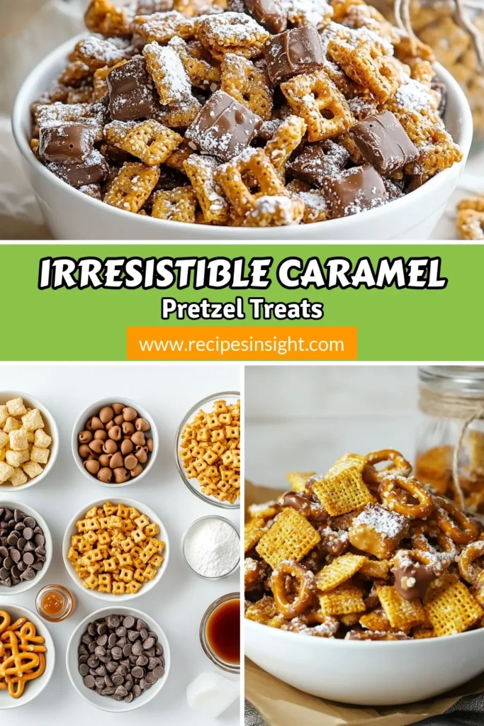 Indulge in the deliciousness of Caramel Pretzel Puppy Chow, your new favorite sweet snack recipe! This easy puppy chow recipe combines crunchy Chex Mix desserts with the irresistible flavors of chocolate, peanut butter, and homemade caramel treats. Perfect for parties or a tasty afternoon treat, this simple recipe will satisfy your sweet tooth in just 30 minutes. Try it today and delight your taste buds! #PuppyChow #SnackRecipes #ChexMix #HomemadeTreats