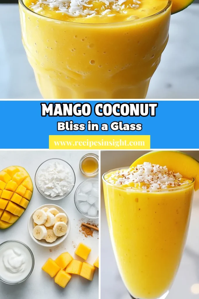 Indulge in a refreshing Mango Coconut Smoothie with this easy tropical smoothie recipe! This healthy smoothie with Greek yogurt is packed with creamy goodness and the natural sweetness of ripe mango. Perfect for a quick breakfast or a post-workout boost. Blend up this delicious coconut milk smoothie recipe in just 10 minutes—your taste buds will thank you! Save this recipe and make your mornings brighter! #MangoCoconutSmoothie #HealthySmoothie #TropicalSmoothieRecipe #CoconutMilkSmoothie