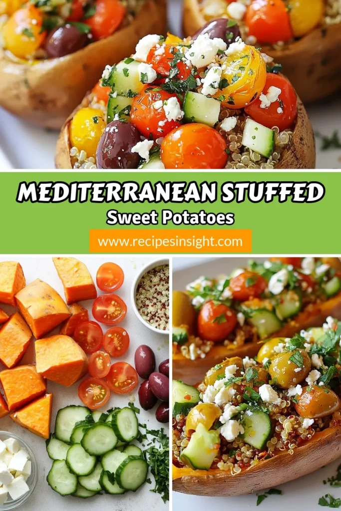 Discover the deliciousness of Mediterranean stuffed sweet potatoes! These quinoa stuffed sweet potatoes are filled with fresh veggies, crumbled feta cheese, and baked Mediterranean style for a healthy sweet potato recipe that everyone will love. Perfect for meal prep or a cozy dinner, this feta cheese sweet potato dish is bound to impress. Try it today and elevate your meals! Save this recipe for your next culinary adventure. #SweetPotatoes #HealthyRecipes #Mediterranean #MealPrep