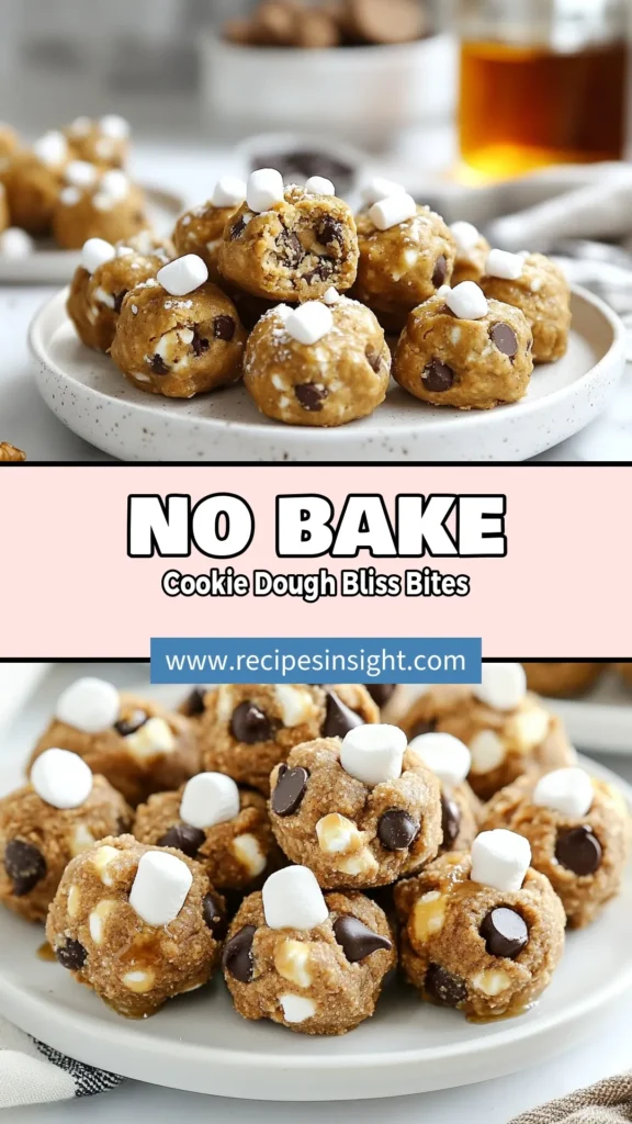Indulge in these delicious no-bake cookie dough bites, a healthy cookie dough recipe that you’ll love! Made with almond flour, these easy no-bake treats are perfect as a vegan snack recipe. Whip up a batch in just 15 minutes, and enjoy these delightful bites with dark chocolate chips and optional mix-ins. Perfect for satisfying your sweet tooth guilt-free! Save this recipe for your next craving! #NoBakeTreats #HealthyDessert #VeganSnacks #CookieDoughBites