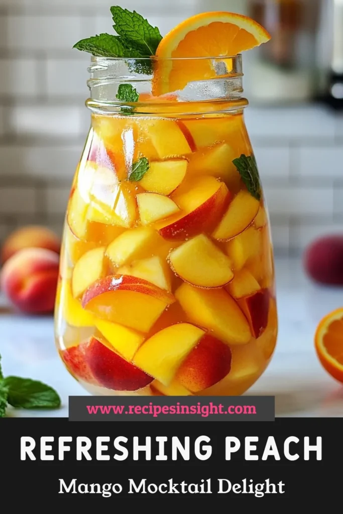 Cool off this summer with a refreshing Peach Mango Mocktail! This non-alcoholic sangria recipe is perfect for summer gatherings, blending ripe peaches and mangoes with sparkling water for a delightful fruit-infused mocktail. Enjoy a sparkling sangria without alcohol that all ages can savor! Perfect for parties or quiet afternoons, this is a must-try recipe. Save this Peach Mango Sangria Mocktail for your next event! #Mocktail #SummerDrinks #Sangria #NonAlcoholic