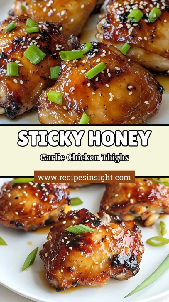 Indulge in this delicious honey garlic chicken thighs recipe that delivers sweet and sticky perfection! These oven-baked chicken thighs are coated in a flavorful honey garlic sauce that makes for an easy chicken dinner recipe. Perfect for busy weeknights, this sticky chicken recipe will become a family favorite. Try it tonight and enjoy every bite! Save this recipe now for a tasty meal! #HoneyGarlicChickenThighs #StickyChickenRecipe #OvenBakedChickenThighs #EasyChickenDinnerRecipe