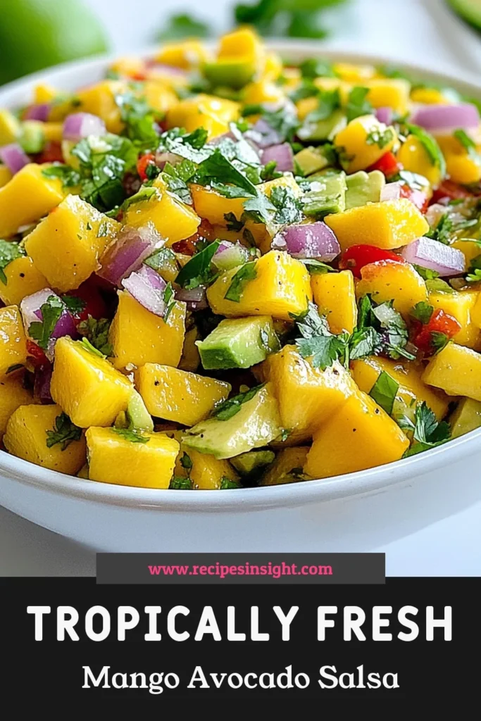 Looking for a refreshing summer salsa dish? Try this Tropical Mango Avocado Salsa! Made with fresh salsa ingredients like ripe mangoes, creamy avocados, and zesty lime, this easy salsa recipe brings a burst of flavor to your table. Perfect for summer parties or a quick snack! Get the full recipe and make your gatherings memorable. Save this delightful mango avocado salsa recipe for your next cookout! #MangoAvocadoSalsa #TropicalSalsaRecipe #FreshSalsaIngredients #EasySalsaRecipe