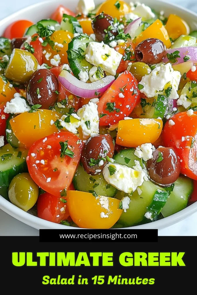 Discover the vibrant flavors of a classic Greek Tomato Cucumber Salad packed with fresh ingredients! This Kalamata olive salad recipe features juicy tomatoes, crunchy cucumbers, and creamy feta cheese salad making it the perfect Mediterranean vegetable salad for any occasion. Toss in fresh parsley for a delightful twist. Ready in just 25 minutes, this fresh parsley salad recipe is a must-try. Save this refreshing recipe today! #GreekSalad #MediterraneanRecipes #HealthyEating #FetaCheese