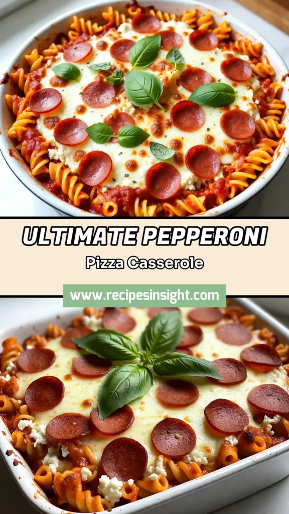 Savor the mouthwatering flavors of this easy pepperoni pizza casserole, a perfect dish for any pizza lover! This cheesy pasta casserole combines rotini pasta, rich marinara sauce, and loads of pepperoni for ultimate comfort food. Perfect for family dinners or potlucks, this baked pasta with pepperoni is a guaranteed crowd-pleaser. Try this easy pizza casserole recipe today and impress your loved ones. Save it for your next meal! #PizzaCasserole #ComfortFood #EasyRecipes #PastaLove