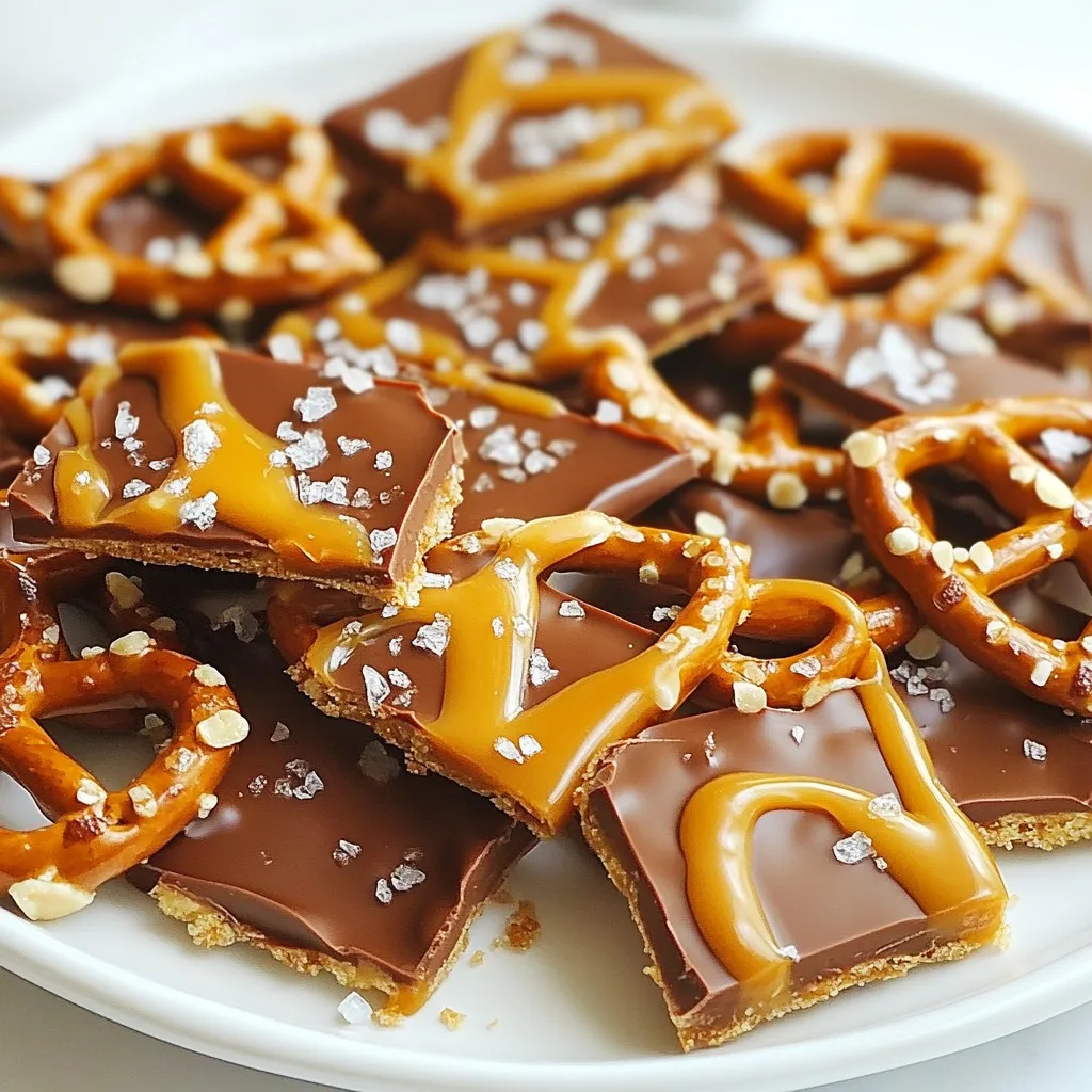- 2 cups mini pretzels - 1 cup milk chocolate chips - 1 cup caramel bits - 2 tablespoons heavy cream - Sea salt, to taste - 1/2 cup chopped nuts (optional, such as pecans or almonds) When making Salted Caramel Pretzel Bark, the ingredients are key to its taste. First, the mini pretzels provide that perfect crunch and salty bite. Then, the milk chocolate chips add a rich sweetness that melts in your mouth. The caramel bits, combined with heavy cream, create a smooth and gooey layer that binds it all together. Feel free to add nuts for extra texture. Pecans or almonds work well, but you can choose your favorites. Finally, don’t forget the sea salt. It enhances the sweet and salty combo, making each bite divine! - Baking sheet - Parchment paper - Saucepan - Spatula Using the right tools makes this recipe easier. A baking sheet lined with parchment paper helps with cleanup. The parchment also lets you lift the bark out with ease. A small saucepan is perfect for melting the caramel and cream. Finally, a spatula helps spread the caramel and chocolate evenly. Using these tools will ensure your Salted Caramel Pretzel Bark turns out great every time! {{ingredient_image_1}} 1. Preheat your oven to 350°F (175°C). This step is key for even baking. 2. Line a baking sheet with parchment paper. Let the paper hang over the edges. This helps with lifting the bark later. 1. Spread 2 cups of mini pretzels evenly on the baking sheet. You can lay them flat or create a fun pattern. 2. In a small saucepan, combine 1 cup of caramel bits and 2 tablespoons of heavy cream. Stir the mix over low heat until it is smooth and melted. 1. Pour the warm caramel over the pretzels. Use a spatula to spread it evenly across the pretzels. 2. Sprinkle 1 cup of milk chocolate chips over the caramel. Let them sit for a few minutes to melt. 3. Gently spread the melted chocolate over the caramel. If you want, add 1/2 cup of chopped nuts now. 4. Finish by sprinkling sea salt over the top. This adds a perfect sweet and salty taste. 5. Place the baking sheet in the oven for 5-7 minutes. Watch closely to avoid burning. 6. Once done, let it cool completely at room temperature. After that, chill it in the fridge for about 30 minutes to set. 7. Lift the bark out of the pan using the parchment paper. Break it into pieces. Enjoy your sweet treat! To make smooth caramel, stir it slowly and steadily. This keeps it from clumping. If the caramel is too thick, add more heavy cream. A little at a time will help reach the right consistency. This makes it easier to pour over the pretzels. When melting chocolate, use low heat. High heat can burn the chocolate quickly. Keep an eye on it and stir often. This helps it melt evenly. If you see any lumps, remove it from the heat. Stir until completely smooth. For a great presentation, arrange the bark on a nice platter. You can drizzle more melted chocolate or caramel on top. This adds flair and taste. Pair your bark with cold milk or coffee for a perfect treat. You can even serve it with ice cream for a fun dessert! Pro Tips Choose the Right Pretzels: Using mini pretzels creates the perfect balance of crunch and flavor. You can also experiment with different flavored pretzels for an exciting twist! Melting Chocolate: For a smooth spread of chocolate, allow the chocolate chips to sit on the warm caramel for a few minutes before spreading. This prevents hard clumps. Cooling Time: Let the bark cool completely at room temperature before refrigerating. This prevents a cloudy appearance due to rapid cooling. Storage Tips: Store your pretzel bark in an airtight container at room temperature to maintain its crunchiness. If stacking layers, place parchment paper between them. {{image_2}} You can choose between dark chocolate and milk chocolate for your bark. Dark chocolate adds a rich depth, while milk chocolate gives a sweet, creamy taste. You may also try flavored chocolate chips, like mint or raspberry, to give a twist to your treat. These flavors enhance the sweet and salty mix of the bark. Adding nuts can boost the flavor and crunch. Pecans and almonds work well, but feel free to get creative. If you have allergy concerns, you can leave out the nuts completely. The bark still tastes great without them. For added fun, sprinkle toppings like colorful sprinkles or dried fruit on your bark. These additions can make your treat even more appealing. You can also use alternative sweet options, like shredded coconut or mini marshmallows, to change the taste. Each choice adds a unique touch to your salted caramel pretzel bark. To keep your Salted Caramel Pretzel Bark fresh, use an airtight container. Glass or plastic containers work well. Make sure the bark is fully cool before you store it. This keeps moisture out and helps the bark stay crunchy. Yes, you can freeze Salted Caramel Pretzel Bark. Cut the bark into pieces before freezing. Wrap each piece in plastic wrap. Place the wrapped pieces in a freezer-safe bag. For best taste, eat it within two months. To thaw, simply take out the desired pieces. Leave them at room temperature for about 30 minutes. This helps preserve the flavors and texture. At room temperature, your pretzel bark lasts about one week. Keep it in a cool, dry place. If you see any signs of moisture or a change in smell, it’s best to throw it away. Always check for any signs that the bark is no longer good before enjoying it. Making Salted Caramel Pretzel Bark is quick and easy. It takes about 15 minutes to prepare. After that, you need to bake it for just 5-7 minutes. The total time from start to finish is about 1 hour. This includes cooling time, which is key for the bark to set properly. Yes, you can use different kinds of pretzels! While mini pretzels work best for this recipe, you can try pretzel sticks or even pretzel crisps. You can also choose flavored pretzels, like cheese or chocolate, to mix things up. Just keep in mind that it might change the final taste. Absolutely! You can make this recipe fit many diets. For gluten-free options, use gluten-free pretzels. If you want a vegan version, swap the milk chocolate chips for dairy-free chocolate chips. You can also leave out the nuts for a nut-free treat. This recipe is easy to adapt for your needs! In this post, we explored how to make Salted Caramel Pretzel Bark. We covered the needed ingredients, tools, and clear steps to follow. Tips for perfecting caramel and chocolate helped ensure a great outcome. Plus, we offered some fun variations and storage info to keep your treat fresh. This simple recipe is perfect for everyone. You can easily customize it to fit your taste. Enjoy making and sharing your delicious creation!