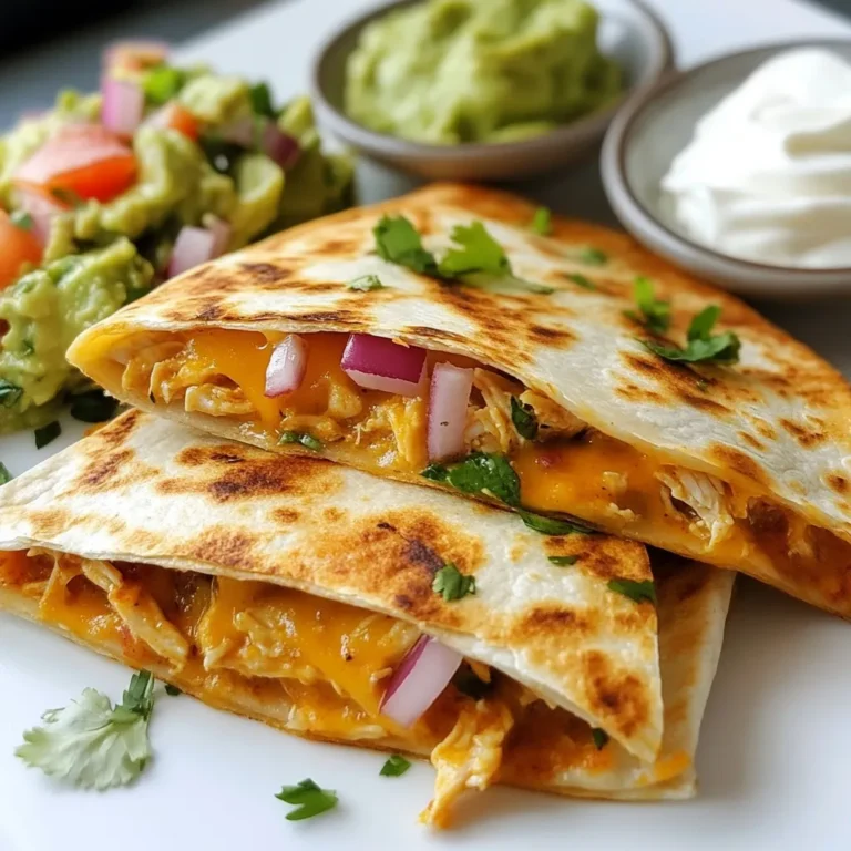 - 2 cups cooked chicken, shredded - 1 cup mozzarella cheese, shredded - 1 cup sharp cheddar cheese, shredded - 1/2 cup chipotle sauce (adjust to taste) - 1/4 cup red onion, finely chopped - 1/4 cup fresh cilantro, chopped - 4 large flour tortillas - 2 tablespoons olive oil - Salt and pepper to taste - Sour cream and guacamole for serving The main ingredients for spicy chipotle chicken quesadillas make this dish truly tasty. You need cooked chicken, shredded into small pieces. The blend of mozzarella and sharp cheddar cheese gives great flavor and melt. Chipotle sauce adds a kick, so adjust it to your taste. Next, don’t forget the additional ingredients. Finely chopped red onion brings a nice crunch and flavor. Fresh cilantro adds a burst of freshness to each bite. You’ll wrap everything in large flour tortillas, which hold all the goodness inside. For optional ingredients, olive oil helps brown the quesadillas. Salt and pepper enhance the taste. You can serve these quesadillas with sour cream and guacamole for extra creaminess and zing. Enjoy this delightful mix of flavors! {{ingredient_image_1}} First, take your cooked chicken. Shred it into small pieces. In a mixing bowl, combine the chicken with the chipotle sauce. You can add more or less sauce based on your taste. Next, chop the red onion and cilantro finely. Add them to the bowl. Mix everything well. Season with salt and pepper to make it even tastier. Now you have a flavorful chicken mixture ready for your quesadillas. Heat a large skillet over medium heat. Add 1 tablespoon of olive oil. Let it warm up for a minute. Place one tortilla in the skillet. Evenly sprinkle half of the mozzarella and cheddar cheese over the tortilla. On one half, spoon a generous amount of your spicy chicken mixture. Fold the other half of the tortilla over the filling. Press it gently to secure it. Cook for about 3-4 minutes. Check the bottom; it should be golden and crispy. Carefully flip the quesadilla. Cook the other side for another 3-4 minutes. Once both sides are crispy, remove the quesadilla from the skillet. Let it cool for a minute. Slice it into wedges. Repeat this with the remaining tortillas and filling. Serve your quesadillas warm. Enjoy with optional sour cream and guacamole on the side! For the best quesadillas, I love using a mix of mozzarella and sharp cheddar. - Mozzarella gives a nice stretch and creaminess. - Sharp cheddar adds a rich, bold flavor. To achieve the optimal melt, use shredded cheese instead of blocks. Shredded cheese melts quicker and gives a better texture. Make sure your skillet is hot enough before adding the cheese. This helps it melt evenly. You can modify the spice in your quesadillas easily. If you want it milder, cut back on the chipotle sauce. Start with 1/4 cup and taste as you go. - Adding additional spices like cumin or paprika can boost flavor without extra heat. Consider adding a pinch of smoked paprika for a smoky touch. To get the perfect crispiness, you need to control your heat. A medium-high heat is best. This helps the outside crisp while the inside warms. - Using a non-stick skillet is great for easy flipping. - A cast-iron skillet can give a nice sear and flavor but needs more oil to prevent sticking. Experiment with both to see which you prefer. Pro Tips Adjust the Spice Level: If you prefer a milder quesadilla, reduce the amount of chipotle sauce or use a different sauce altogether. Perfectly Crispy Tortillas: Ensure your skillet is adequately heated before adding the tortillas for a golden and crispy exterior. Add Extra Flavor: Consider adding diced jalapeños or bell peppers to the chicken mixture for additional flavor and texture. Keep it Warm: If making multiple quesadillas, keep the cooked ones warm in a low oven (around 200°F) while you finish cooking the rest. {{image_2}} You can easily switch the meat in this recipe. Use beef or shrimp instead of chicken. Both add great flavor. If you want a vegetarian option, use beans and veggies. Black beans or grilled peppers work well. These swaps keep the dish exciting. Add toppings to boost the flavor. Jalapeños give a nice kick. Guacamole adds creaminess that pairs well with spice. You can also try different sauces. Barbecue sauce adds a sweet twist. Salsa brings freshness and tang to the quesadilla. Pair your quesadillas with side dishes for a full meal. A simple salad or rice complements the dish well. You can also offer dips like sour cream or guacamole on the side. These add creaminess and balance the spice. Enjoy your meal with friends or family for a fun dining experience! Store any leftover quesadillas in an airtight container. This keeps them fresh and tasty. Place them in the fridge right after cooling. They are best consumed within three days. If you want to keep them longer, you can freeze quesadillas. Wrap each one in plastic wrap, then place them in a freezer-safe bag. They can last up to three months in the freezer. To reheat your quesadillas, use the oven for the best texture. Preheat the oven to 350°F (175°C). Place the quesadillas on a baking sheet and warm them for about 10-15 minutes. This method keeps them crispy. If you're in a hurry, the microwave works too, but it may make them a bit soggy. Heat them for about 1-2 minutes, checking often. Leftover quesadillas last about three days in the fridge. Make sure to check for any signs of spoilage. If they smell bad or show any mold, it’s best to throw them away. Always trust your nose and eyes. Enjoy your spicy chipotle chicken quesadillas while they’re fresh! The best cheese for quesadillas is a mix of mozzarella and cheddar. Mozzarella melts well and gives a creamy texture. Cheddar adds a sharp flavor that enhances the dish. You can also try Monterey Jack for a milder taste. Mixing cheeses gives you the best of both worlds. Always use shredded cheese for easy melting. Yes, you can make quesadillas in advance. Prepare them up to the cooking step. Place the assembled quesadillas between parchment paper. Store them in the fridge for up to a day. If you need to store them longer, freeze them. To freeze, wrap each quesadilla tightly in plastic wrap. They can last up to three months in the freezer. Just remember to thaw them before cooking. To make quesadillas crispy, use a hot skillet and enough oil. Start with medium heat and add a little olive oil. The oil helps the tortilla brown nicely. Cook for 3-4 minutes before flipping. If you like extra crunch, press the quesadilla down with a spatula while cooking. This helps the cheese melt and the tortilla crisp up evenly. Enjoy that satisfying crunch! This blog post covered how to make delicious quesadillas. We discussed key ingredients like cooked chicken, cheese, and chipotle sauce. I shared steps on preparing the filling, cooking, and achieving the perfect crispiness. We explored tips for customizing your quesadilla with different flavors and toppings. Lastly, I included info on storing leftovers and reheating them. Cooking should be fun and tasty. Now, you can make great quesadillas at home with ease. Enjoy creating your own flavorful spins!