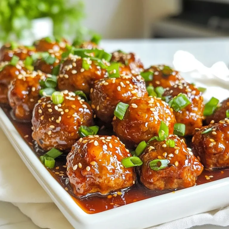 - 1 lb ground beef (or ground chicken) - 1/4 cup breadcrumbs - 1/4 cup green onions, finely chopped - 2 cloves garlic, minced - 1/2 teaspoon ginger, grated - 1 tablespoon soy sauce - 1 tablespoon gochujang (Korean chili paste) - 1 tablespoon honey - 1 egg, lightly beaten - Salt and pepper to taste To create sweet and spicy Korean meatballs, you start with your protein. Ground beef or chicken works best. The meat gives a rich flavor and texture. Next, add breadcrumbs to help bind the meatballs. This ensures they stay together while baking. Chopped green onions add freshness and a bit of a crunch. Garlic and ginger bring depth to your dish. They create a warm, inviting aroma as they cook. Soy sauce adds saltiness, while gochujang packs a punch of heat. Honey balances this heat with a touch of sweetness. The egg helps bind everything together, making your meatballs soft and moist. A pinch of salt and pepper rounds out the flavors, enhancing each bite. - 1/4 cup soy sauce - 3 tablespoons honey - 1 tablespoon gochujang - 1 tablespoon sesame oil - 1 teaspoon sesame seeds - 1 tablespoon rice vinegar - 1 tablespoon water The sauce is where the magic happens. Start with soy sauce; it adds a savory flavor. Honey sweetens the sauce, making it sticky. Gochujang gives it that signature Korean heat. Sesame oil adds a nutty taste, while sesame seeds give a delightful crunch. Rice vinegar adds a tang that brightens the sauce. Water thins the sauce slightly, making it easy to coat the meatballs. You can adjust these ingredients to suit your taste. Add more honey for sweetness or extra gochujang for heat. This sauce brings everything together in a delicious way. {{ingredient_image_1}} 1. Preheat your oven to 400°F (200°C). This step is key for even cooking. 2. In a large mixing bowl, combine the following ingredients: - 1 lb ground beef (or ground chicken) - 1/4 cup breadcrumbs - 1/4 cup green onions, finely chopped - 2 cloves garlic, minced - 1/2 teaspoon ginger, grated - 1 tablespoon soy sauce - 1 tablespoon gochujang (Korean chili paste) - 1 tablespoon honey - 1 egg, lightly beaten - Salt and pepper to taste Mix them well. Make sure you blend the ingredients until they are fully combined. You want every bite to be full of flavor. 3. Shape the mixture into small meatballs. Aim for about one inch in diameter. 4. Place them on a parchment-lined baking sheet. This helps with easy cleanup. 5. Bake the meatballs for 18 to 20 minutes. Check them to ensure they are fully cooked. They should be browned and firm to the touch. 6. While the meatballs bake, prepare the sauce. In a small saucepan, combine: - 1/4 cup soy sauce - 3 tablespoons honey - 1 tablespoon gochujang - 1 tablespoon sesame oil - 1 teaspoon sesame seeds - 1 tablespoon rice vinegar - 1 tablespoon water 7. Bring this mixture to a simmer over medium heat. Stir it occasionally for about 5 minutes. You want it to thicken slightly. If it gets too thick, add a bit more water to get your desired texture. 8. Once the meatballs are done, remove them from the oven. Transfer them into a large bowl. Drizzle the sweet and spicy sauce over them. Toss gently until they are fully coated. 9. For extra flavor, return the coated meatballs to the baking sheet. Bake them for an additional 5 minutes. This step allows the sauce to caramelize a bit. 10. Let the meatballs cool for a few minutes before serving. Enjoy! To keep your meatballs moist, use a mix of ground beef and breadcrumbs. The breadcrumbs absorb moisture during cooking, making the meatballs juicy. Also, avoid overmixing when you combine your ingredients. This can make the meatballs tough. You can choose to bake or fry your meatballs. Baking is easier and healthier. It gives an even cook and a nice brown crust. If you fry them, do it in a hot pan with oil. This will give you a crispy outside, but you must watch them closely. Garnish your meatballs with extra green onions and sesame seeds. This adds color and makes them look great. You can serve them with toothpicks for easy eating. They also pair well with rice or a fresh salad. For dips, try a tangy soy sauce mix or a creamy sesame sauce. When mixing the meatball ingredients, be careful not to overwork the meat. This can lead to tough meatballs. Also, ensure your oven is preheated fully. If it’s not hot enough, your meatballs may not brown well. Avoid crowded baking sheets; give each meatball space to cook evenly. Pro Tips Use Fresh Ingredients: Fresh garlic and ginger will elevate the flavor of your meatballs. Opt for fresh over powdered for the best taste. Customize the Spice Level: Adjust the amount of gochujang in the sauce according to your heat preference. Add more for extra spice or less for a milder flavor. Let the Meatballs Rest: Allowing the meatballs to rest for a few minutes after baking helps the juices redistribute, making them more tender and flavorful. Experiment with Proteins: Feel free to substitute ground beef with ground turkey or pork for a different flavor profile while keeping the recipe healthy. {{image_2}} If you want to switch up the meat, try ground turkey or pork. Both options work well. For a lighter dish, ground chicken is a great choice. Are you gluten-free? Use gluten-free breadcrumbs or crushed rice crackers instead of regular ones. This keeps the meatballs tasty and safe for your diet. Want more heat? Add extra gochujang or red pepper flakes. If you prefer mild, cut back on the spice. You can also add other flavors! Try mixing in finely chopped bell peppers or carrots for extra veggies. Chopped nuts, like cashews or peanuts, add a nice crunch too. These meatballs can shine as appetizers at parties. Serve them with toothpicks for easy eating. You can also serve meatballs over rice or noodles for a complete meal. Drizzle more sauce over the top for extra flavor. Enjoy! To keep your Sweet & Spicy Korean Meatballs fresh, you must store them right. Place any leftover meatballs in an airtight container. They will last for up to 3 days in the fridge. If you want to store them longer, freeze the meatballs and sauce separately. This way, they keep their taste and texture. Use freezer-safe bags or containers. You can freeze them for up to 3 months. When you’re ready to enjoy your leftovers, reheating is key. For the best texture, reheat in the oven at 350°F (175°C) for about 10-15 minutes. This method keeps the meatballs moist and helps the sauce stay thick. If you’re in a hurry, the microwave works too. Place the meatballs in a microwave-safe dish and cover them. Heat in 30-second intervals, checking often. This way, they won't dry out. Gochujang is a Korean chili paste. It brings a sweet and spicy flavor to dishes. This paste is made from red chili powder, glutinous rice, fermented soybeans, and salt. You can find gochujang in Asian grocery stores. It is also available online or in the international aisle of some supermarkets. Yes, you can prepare these meatballs ahead of time. You can mix the ingredients and shape the meatballs. Then, store them in the fridge for up to one day. If you want to keep them longer, freeze them. Just bake the frozen meatballs when you’re ready to eat. This way, you save time and enjoy a tasty meal. These meatballs have a nice kick, thanks to gochujang. The spice level can vary based on how much paste you use. If you want less heat, reduce the gochujang. You can also add honey to balance the spice. Taste the mixture before baking to adjust it to your liking. This article covered how to make Sweet and Spicy Korean Meatballs. We explored the key ingredients and tasty sauce. I shared simple steps to prepare, bake, and make the sauce. You learned essential tips for moist meatballs and serving ideas. I also highlighted ingredient substitutions and storage methods. In conclusion, with practice, you can master these meatballs. Experiment with flavors to make them your own. Enjoy cooking and sharing these delicious bites!
