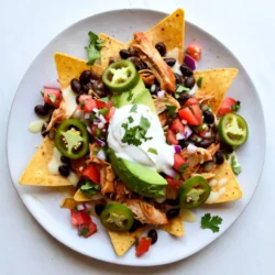 Loaded Chicken Nachos burst with flavor thanks to a mix of fresh and savory ingredients. Each bite brings a perfect blend of taste and texture. Here’s what you need: - Shredded chicken - Tortilla chips - Black beans - Shredded cheese - Jalapeño (optional) - Avocado - Pico de gallo - Sour cream - Olive oil - Spices: chili powder, garlic powder, salt, and pepper - Fresh cilantro for garnish You can use cooked chicken from a rotisserie or grill some fresh chicken. This adds great flavor. Tortilla chips act as the crunchy base. I like to use thick chips for extra strength. Black beans add a nice earthy note and a boost of protein. Choose your favorite cheese, like cheddar or a blend. The cheese melts beautifully and adds creaminess. If you enjoy heat, add jalapeño slices for a spicy kick. Avocado gives a smooth texture. Pico de gallo adds freshness with its mix of tomatoes, onions, and cilantro. Don’t forget the sour cream! It balances the spice and adds creaminess. Drizzle it all over the top just before serving. Finally, use fresh cilantro for a pop of color and flavor. With these ingredients, you set the stage for a nacho feast that’s hard to resist! {{ingredient_image_1}} First, set your oven to 375°F (190°C). This is the perfect temperature for melting cheese and toasting chips. Preheating helps cook everything evenly. Take your shredded chicken and place it in a bowl. Add 1 tablespoon of olive oil. Then, sprinkle in 1 teaspoon of chili powder, ½ teaspoon of garlic powder, and a pinch of salt and pepper. Mix it well until the chicken is coated with the spices. This step adds great flavor to your nachos. Grab a large baking sheet or oven-safe platter. Spread out the tortilla chips in a single layer. This helps each chip get its share of toppings. Next, evenly distribute the seasoned chicken over the chips. Then, add 1 cup of black beans and 1 cup of shredded cheese on top. If you like heat, place sliced jalapeños over the cheese. Now, place the nachos in your preheated oven. Bake for about 10 to 15 minutes. Keep an eye on them. You’ll know they’re done when the cheese is melted and bubbly. This step transforms your nachos into a gooey delight. Once out of the oven, it’s time to get creative. Top your nachos with diced avocado and 1 cup of pico de gallo. Drizzle ½ cup of sour cream over everything. For a final touch, sprinkle fresh cilantro on top. Serve your loaded chicken nachos right away while they are hot and gooey! For loaded chicken nachos, use cooked chicken for great taste. Rotisserie chicken is a top choice. It’s juicy, flavorful, and easy to shred. You can also grill chicken breasts for a smoky flavor. Another option is to bake chicken with spices for a homemade touch. No matter the method, make sure the chicken is well-seasoned. Cheese makes nachos shine. I recommend using a blend of cheddar and Monterey Jack. This combo gives creamy texture and rich flavor. You can also try pepper jack for a spicy kick. Remember, the more cheese, the better the nachos will taste. Soggy chips ruin nachos. To keep them crisp, spread chips evenly on the baking sheet. Avoid piling too many toppings on at once. Bake until the cheese melts but don’t overdo it. If you want to prep ahead, consider adding toppings right before serving. Serve loaded chicken nachos with fresh sides. A simple salad adds crunch. You can also pair them with guacamole for extra creaminess. For drinks, try a cold beer or a fruity soda. This way, you create a fun and tasty meal. Pro Tips Use Fresh Ingredients: Opt for fresh pico de gallo and ripe avocados for the best flavor and texture. Layer for Success: Layer your ingredients to ensure every chip gets a taste of the toppings, preventing sogginess. Cheese Choices: Mix different cheeses like Monterey Jack and Pepper Jack for a unique flavor profile. Garnish Generously: Don't skimp on the cilantro and sour cream; they elevate the dish significantly! {{image_2}} If you want to skip the chicken, you can use black beans or lentils. Both add protein and flavor. You can also try mushrooms for a meaty taste. Mix in veggies like bell peppers, corn, or zucchini for extra crunch. These swaps keep the dish tasty and filling. For those who love heat, add sliced jalapeños or a sprinkle of cayenne pepper. You can also drizzle hot sauce over the top before serving. Try using spicy cheese blends for a kick. These tweaks will make your nachos an exciting treat. If you need gluten-free nachos, choose corn tortilla chips. Many brands offer gluten-free options. For a dairy-free version, swap regular cheese with vegan cheese. You can also use cashew cream instead of sour cream. These adjustments make loaded nachos work for everyone. After enjoying your loaded chicken nachos, store any leftovers quickly. Place them in an airtight container. Refrigerate within two hours of serving. This helps keep the flavors fresh. Consume leftovers within three days for the best taste. To reheat, I suggest separating the toppings first. This keeps the chips crispy. Store chips and toppings in different containers. You can also mix the toppings into the chips later. Can you freeze loaded nachos? Yes, but it requires some care. First, prepare the nachos without any fresh toppings. Freeze the chips, chicken, beans, and cheese together. Use a freezer-safe bag or container. Make sure to remove as much air as possible. You can freeze your nacho mix for up to three months. When ready to use, thaw in the fridge overnight before reheating. To reheat without losing flavor, bake your nachos in the oven. Preheat your oven to 350°F (175°C). Spread out the nacho mix on a baking sheet. Heat for about 10 minutes or until warm. If you want to add fresh toppings, do so after heating. You can also use a microwave, but this may make them soggy. If using a microwave, try heating in short bursts. Check often to avoid overcooking. Enjoy your loaded chicken nachos any time! To boost flavor, use spices like cumin and smoked paprika. Mix them with chicken. You can also add fresh herbs, like cilantro, for a bright taste. Consider marinating your chicken beforehand to soak in flavors. Squeeze lime juice over the nachos just before serving. This adds a fresh zing. Yes, you can use fresh chicken. Just cook it first, then shred it. Grilling or baking works well. Make sure to season it well before cooking. This adds great taste to your nachos. You can add many toppings! Some favorites include: - Sliced black olives - Chopped green onions - Diced tomatoes - Salsa or hot sauce - Pickled jalapeños - Corn - Lime wedges Feel free to mix and match based on your taste. To make nachos in the microwave, layer the chips on a microwave-safe plate. Add cooked chicken and cheese on top. Microwave for 1-2 minutes or until the cheese melts. Add cold toppings like avocado and sour cream after cooking. This method is quick and easy! The best cheese for nachos is a blend of cheddar and Monterey Jack. Cheddar gives sharp flavor, while Monterey Jack melts nicely. You can also try pepper jack for a spicy kick. Always use freshly shredded cheese for the best melt. This article covered all you need for loaded chicken nachos. We explored ingredients, cooking steps, and tips to make them tasty and crispy. You learned about variations to suit your diet and how to store leftovers. In the end, these nachos can be fun to make and share. Enjoy them at your next gathering or snack time. Remember, the key is in the layers and fresh toppings. Happy nacho-making!