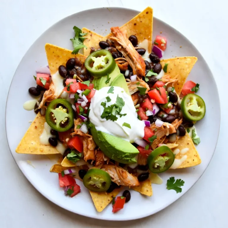Loaded Chicken Nachos burst with flavor thanks to a mix of fresh and savory ingredients. Each bite brings a perfect blend of taste and texture. Here’s what you need: - Shredded chicken - Tortilla chips - Black beans - Shredded cheese - Jalapeño (optional) - Avocado - Pico de gallo - Sour cream - Olive oil - Spices: chili powder, garlic powder, salt, and pepper - Fresh cilantro for garnish You can use cooked chicken from a rotisserie or grill some fresh chicken. This adds great flavor. Tortilla chips act as the crunchy base. I like to use thick chips for extra strength. Black beans add a nice earthy note and a boost of protein. Choose your favorite cheese, like cheddar or a blend. The cheese melts beautifully and adds creaminess. If you enjoy heat, add jalapeño slices for a spicy kick. Avocado gives a smooth texture. Pico de gallo adds freshness with its mix of tomatoes, onions, and cilantro. Don’t forget the sour cream! It balances the spice and adds creaminess. Drizzle it all over the top just before serving. Finally, use fresh cilantro for a pop of color and flavor. With these ingredients, you set the stage for a nacho feast that’s hard to resist! {{ingredient_image_1}} First, set your oven to 375°F (190°C). This is the perfect temperature for melting cheese and toasting chips. Preheating helps cook everything evenly. Take your shredded chicken and place it in a bowl. Add 1 tablespoon of olive oil. Then, sprinkle in 1 teaspoon of chili powder, ½ teaspoon of garlic powder, and a pinch of salt and pepper. Mix it well until the chicken is coated with the spices. This step adds great flavor to your nachos. Grab a large baking sheet or oven-safe platter. Spread out the tortilla chips in a single layer. This helps each chip get its share of toppings. Next, evenly distribute the seasoned chicken over the chips. Then, add 1 cup of black beans and 1 cup of shredded cheese on top. If you like heat, place sliced jalapeños over the cheese. Now, place the nachos in your preheated oven. Bake for about 10 to 15 minutes. Keep an eye on them. You’ll know they’re done when the cheese is melted and bubbly. This step transforms your nachos into a gooey delight. Once out of the oven, it’s time to get creative. Top your nachos with diced avocado and 1 cup of pico de gallo. Drizzle ½ cup of sour cream over everything. For a final touch, sprinkle fresh cilantro on top. Serve your loaded chicken nachos right away while they are hot and gooey! For loaded chicken nachos, use cooked chicken for great taste. Rotisserie chicken is a top choice. It’s juicy, flavorful, and easy to shred. You can also grill chicken breasts for a smoky flavor. Another option is to bake chicken with spices for a homemade touch. No matter the method, make sure the chicken is well-seasoned. Cheese makes nachos shine. I recommend using a blend of cheddar and Monterey Jack. This combo gives creamy texture and rich flavor. You can also try pepper jack for a spicy kick. Remember, the more cheese, the better the nachos will taste. Soggy chips ruin nachos. To keep them crisp, spread chips evenly on the baking sheet. Avoid piling too many toppings on at once. Bake until the cheese melts but don’t overdo it. If you want to prep ahead, consider adding toppings right before serving. Serve loaded chicken nachos with fresh sides. A simple salad adds crunch. You can also pair them with guacamole for extra creaminess. For drinks, try a cold beer or a fruity soda. This way, you create a fun and tasty meal. Pro Tips Use Fresh Ingredients: Opt for fresh pico de gallo and ripe avocados for the best flavor and texture. Layer for Success: Layer your ingredients to ensure every chip gets a taste of the toppings, preventing sogginess. Cheese Choices: Mix different cheeses like Monterey Jack and Pepper Jack for a unique flavor profile. Garnish Generously: Don't skimp on the cilantro and sour cream; they elevate the dish significantly! {{image_2}} If you want to skip the chicken, you can use black beans or lentils. Both add protein and flavor. You can also try mushrooms for a meaty taste. Mix in veggies like bell peppers, corn, or zucchini for extra crunch. These swaps keep the dish tasty and filling. For those who love heat, add sliced jalapeños or a sprinkle of cayenne pepper. You can also drizzle hot sauce over the top before serving. Try using spicy cheese blends for a kick. These tweaks will make your nachos an exciting treat. If you need gluten-free nachos, choose corn tortilla chips. Many brands offer gluten-free options. For a dairy-free version, swap regular cheese with vegan cheese. You can also use cashew cream instead of sour cream. These adjustments make loaded nachos work for everyone. After enjoying your loaded chicken nachos, store any leftovers quickly. Place them in an airtight container. Refrigerate within two hours of serving. This helps keep the flavors fresh. Consume leftovers within three days for the best taste. To reheat, I suggest separating the toppings first. This keeps the chips crispy. Store chips and toppings in different containers. You can also mix the toppings into the chips later. Can you freeze loaded nachos? Yes, but it requires some care. First, prepare the nachos without any fresh toppings. Freeze the chips, chicken, beans, and cheese together. Use a freezer-safe bag or container. Make sure to remove as much air as possible. You can freeze your nacho mix for up to three months. When ready to use, thaw in the fridge overnight before reheating. To reheat without losing flavor, bake your nachos in the oven. Preheat your oven to 350°F (175°C). Spread out the nacho mix on a baking sheet. Heat for about 10 minutes or until warm. If you want to add fresh toppings, do so after heating. You can also use a microwave, but this may make them soggy. If using a microwave, try heating in short bursts. Check often to avoid overcooking. Enjoy your loaded chicken nachos any time! To boost flavor, use spices like cumin and smoked paprika. Mix them with chicken. You can also add fresh herbs, like cilantro, for a bright taste. Consider marinating your chicken beforehand to soak in flavors. Squeeze lime juice over the nachos just before serving. This adds a fresh zing. Yes, you can use fresh chicken. Just cook it first, then shred it. Grilling or baking works well. Make sure to season it well before cooking. This adds great taste to your nachos. You can add many toppings! Some favorites include: - Sliced black olives - Chopped green onions - Diced tomatoes - Salsa or hot sauce - Pickled jalapeños - Corn - Lime wedges Feel free to mix and match based on your taste. To make nachos in the microwave, layer the chips on a microwave-safe plate. Add cooked chicken and cheese on top. Microwave for 1-2 minutes or until the cheese melts. Add cold toppings like avocado and sour cream after cooking. This method is quick and easy! The best cheese for nachos is a blend of cheddar and Monterey Jack. Cheddar gives sharp flavor, while Monterey Jack melts nicely. You can also try pepper jack for a spicy kick. Always use freshly shredded cheese for the best melt. This article covered all you need for loaded chicken nachos. We explored ingredients, cooking steps, and tips to make them tasty and crispy. You learned about variations to suit your diet and how to store leftovers. In the end, these nachos can be fun to make and share. Enjoy them at your next gathering or snack time. Remember, the key is in the layers and fresh toppings. Happy nacho-making!