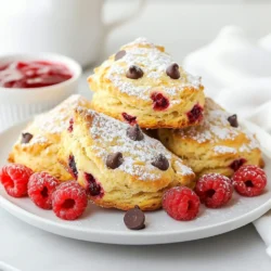 - 2 cups all-purpose flour - 1/2 cup granulated sugar - 1 tablespoon baking powder - 1/4 teaspoon salt - 1/2 cup cold unsalted butter, cubed - 3/4 cup heavy cream - 1 large egg - 1 teaspoon vanilla extract - 1 cup fresh raspberries - 1/2 cup semi-sweet chocolate chips - Optional: coarse sugar for sprinkling on top When I create Raspberry Chocolate Chip Scones, I focus on fresh and simple ingredients. The all-purpose flour forms the base. It gives the scones their structure. Granulated sugar adds sweetness. Baking powder makes them rise, while a pinch of salt enhances flavor. I use cold unsalted butter, cubed, to get that light and flaky texture. Cold butter is key! It melts during baking, creating pockets of air. Heavy cream makes the dough rich and moist. The large egg binds everything together. Vanilla adds a warm note to the mix. Fresh raspberries bring a burst of flavor and color. I love how they contrast with the semi-sweet chocolate chips. Together, they create a sweet and tangy balance. If you want a little crunch, sprinkle coarse sugar on top before baking. This step adds a nice touch! {{ingredient_image_1}} - Preheat your oven to 400°F (200°C). - Line a baking sheet with parchment paper. - In a large bowl, combine the flour, granulated sugar, baking powder, and salt. Mix well to ensure even flavor. - Cut in the cold butter using a pastry cutter or your fingers. The goal is to make it look like coarse crumbs. This step adds flakiness to your scones. - In a separate bowl, whisk together the heavy cream, egg, and vanilla extract. Make sure it is smooth and well-blended. - Pour the cream mixture into the flour mixture. Stir gently with a spatula until just combined. - Now, fold in the fresh raspberries and chocolate chips. Be gentle to keep the berries whole. - Transfer the dough to a floured surface and pat it into a circle about 1 inch thick. - Cut the dough into 8 wedges, just like a pizza. - Carefully place the wedges on the prepared baking sheet. - If you'd like, sprinkle a little coarse sugar on top for extra sweetness. - Bake in the preheated oven for 16-18 minutes. Look for a golden brown color on top. Enjoy the delightful aroma of fresh scones filling your kitchen! To get the best texture in your scones, use cold butter. Cold butter creates a flaky layer. Cut the butter into small pieces and mix gently. This helps keep the butter chunks intact. It will melt while baking, making the scones rise. Also, mix the dough as little as possible. Overmixing can make the scones tough. Just combine the ingredients until they are barely mixed. Want to boost the flavor? Consider adding spices or extracts. A pinch of cinnamon can add warmth. You might also try almond extract for a nutty twist. If you love lemon, add some zest. It brightens the taste and pairs well with raspberries. Just remember to keep the balance. Too much can overwhelm the scones. Serving your warm scones can be fun and creative. Dust them with powdered sugar for a pretty touch. You can also serve them with a small bowl of raspberry jam. It adds a lovely sweetness. For extra flair, add a dollop of whipped cream. This makes them even more special. Arrange them on a nice plate to impress your guests! Pro Tips Keep It Cold: Ensure your butter is very cold to create a flakier scone. You can even chill your mixing bowl for extra measure. Don't Overmix: Mix the dough until just combined to avoid tough scones. The key is to handle the dough gently. Choose Ripe Raspberries: Use fresh, ripe raspberries for the best flavor and sweetness. Frozen raspberries can break down and make the dough soggy. Check for Doneness: Scones should be golden brown on top. If they seem too pale, give them an extra minute or two in the oven. {{image_2}} You can switch up the flavors in your scones. Instead of raspberries, try blueberries or chopped strawberries. You might also enjoy adding nuts like pecans or walnuts. For chocolate lovers, swap semi-sweet chips for dark or white chocolate. Each mix-in brings its own taste and fun twist. Glazes add flavor and shine to your scones. A simple lemon glaze can brighten the taste. Just mix powdered sugar with lemon juice until smooth. For a richer taste, try a chocolate glaze. Melt dark chocolate and drizzle it over the warm scones. You could also use a cream cheese glaze for a creamy touch. If you need a gluten-free option, use a gluten-free flour blend. Look for one that has xanthan gum for better texture. Replace the all-purpose flour with this blend in the same amount. The scones will still be soft and tasty, just like the original recipe. Enjoy the same great flavor without the gluten! To keep your leftover scones fresh, store them in an airtight container. This helps them stay soft. Place a piece of parchment paper between the scones to prevent sticking. They will stay fresh for 1 to 2 days at room temperature. If you want to keep them longer, the fridge is a good option too. Just remember to wrap them well to avoid drying out. Freezing scones is a great way to save them for later. First, let the scones cool completely. Then, wrap each scone tightly in plastic wrap. Place them in a freezer bag or container. Make sure to label the bag with the date. You can freeze scones for up to 3 months. When you want to enjoy them, take them out and thaw in the fridge overnight. To reheat scones and keep them moist, use the oven. Preheat it to 350°F (175°C). Place the scones on a baking sheet. Cover them loosely with foil to keep moisture in. Heat for about 10 minutes. You can also use a microwave. Just heat them for about 15 to 20 seconds. Check to ensure they do not dry out. Enjoy your scones warm for the best taste! Yes, you can use frozen raspberries. They work well in scones. Just remember, frozen fruit can add extra moisture. To avoid soggy scones, let the raspberries thaw first. Drain any excess juice before adding them to the dough. This helps keep the scones light and fluffy. To check if your scones are done, look for a golden brown color. You can also gently tap the top; it should feel firm. Use a toothpick to test the center. If it comes out clean, your scones are ready. They usually bake for 16-18 minutes, but keep an eye on them. Yes, you can make the dough ahead of time. Prepare the dough and shape it into a circle. Then, wrap it tightly in plastic wrap. Place it in the fridge for up to 24 hours. When you're ready to bake, just slice and bake as usual. This is great for busy mornings! You learned how to make delicious raspberry chocolate scones. We covered the ingredients, steps, tips, and variations. Remember, using cold butter and mixing lightly helps get the right texture. You can try different fruits or glazes to make them your own. Store leftovers properly to keep them fresh. Baking these scones is fun and rewarding. With practice, you'll impress friends and family with your tasty treats. Enjoy your baking journey and savor every bite!