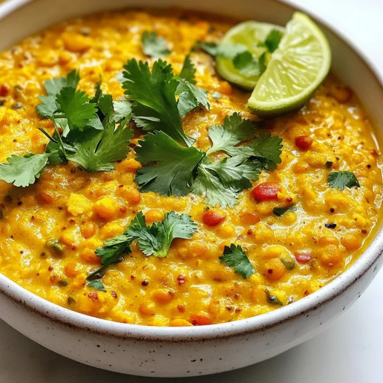 To make a tasty Creamy Coconut Lentil Curry, gather these main ingredients: - 1 cup red lentils, rinsed - 1 can (14 oz) coconut milk - 1 medium onion, finely chopped - 2 cloves garlic, minced - 1 tablespoon fresh ginger, grated - 1 cup diced tomatoes (fresh or canned) - 2 cups vegetable broth - 2 tablespoons curry powder - 1 teaspoon turmeric powder - 1 teaspoon cumin - 1 tablespoon olive oil - Salt and pepper to taste - Fresh coriander leaves for garnish - 1 lime, cut into wedges (for serving) You can also add optional ingredients for extra flavor or nutrition. Consider adding spinach, bell peppers, or carrots. You may try other spices too, like coriander or paprika, to change the taste. This creamy dish is not only delicious but also healthy. A serving has around 300 calories. Lentils are rich in protein and fiber. They help keep you full and aid digestion. Coconut milk adds healthy fats and a creamy texture. It also contains vitamins and minerals like iron and magnesium. Together, these ingredients create a balanced meal that warms your soul. {{ingredient_image_1}} Start by rinsing 1 cup of red lentils under cool water. This helps remove dirt and makes them cleaner. Next, chop the onion finely and mince the garlic. Grate the fresh ginger to add a nice kick to your dish. If you use canned tomatoes, just open the can. If you prefer fresh, dice them up. For efficient prep, gather all your ingredients before you start. This way, you won’t need to rush around while cooking. Set your cutting board and knife where they are easy to reach. Organize your spices close to the pot. This will save you time later. Heat 1 tablespoon of olive oil in a large pot over medium heat. Add the chopped onion and sauté it for about 5-7 minutes. You want it to turn translucent. Next, stir in the minced garlic and grated ginger. Cook this for one minute until it smells great. Add in the diced tomatoes and let them cook for 3-4 minutes. They should soften up nicely. Now, sprinkle in the curry powder, turmeric, cumin, salt, and pepper. Stir these spices well into the veggies and let them cook for another 2 minutes. Pour in the rinsed lentils, 1 can of coconut milk, and 2 cups of vegetable broth. Stir everything together and bring it to a gentle boil. Once it starts boiling, reduce the heat to low and cover the pot. Let the curry simmer for about 25-30 minutes. The lentils will become tender, and the mixture will thicken. Make sure to stir occasionally. This will stop the lentils from sticking to the bottom. When it’s done, taste the curry and adjust the seasoning if needed. If it’s too thick for your liking, add a bit more broth or water. After cooking, remove the pot from heat and let it sit for a few minutes. This helps the flavors settle. Serve it warm in deep bowls, topped with fresh coriander leaves and a couple of lime wedges. Enjoy your delicious creamy coconut lentil curry! To make a great creamy coconut lentil curry, avoid common mistakes. First, don't skip rinsing the lentils. This helps remove dirt and prevents a gritty texture. Also, make sure to chop the onion finely. This helps it cook evenly and blend well with the other flavors. For the right consistency, stir the curry every so often while it simmers. This keeps it from sticking to the pot. If your curry turns out too thick, add a splash of vegetable broth or water. Stir it well until you reach the perfect creamy texture. Want to change the spice level? Start with less curry powder if you prefer milder flavors. You can always add more spice later. For heat, consider adding a pinch of cayenne pepper or red pepper flakes. Adjust these to your taste. If you want to try new flavors, swap spices. For example, use garam masala instead of curry powder for a different taste. You can also add smoked paprika for a nice smoky hint. Get creative and find what suits your palate best! Pro Tips Rinse Your Lentils: Always rinse your lentils under cold water before cooking to remove any impurities and excess starch, which can help improve the final texture of your curry. Adjust the Spice Level: If you prefer a spicier curry, consider adding a diced chili or a pinch of red pepper flakes along with the spices for an extra kick. Use Fresh Herbs: Garnishing with fresh coriander (cilantro) not only adds color but also enhances the flavor. You can also try adding a sprinkle of fresh mint for a refreshing touch. Leftover Storage: This curry stores well in the refrigerator for up to 3 days. Reheat gently on the stove, adding a splash of water or broth if it has thickened too much. {{image_2}} You can easily make this dish gluten-free and vegan. The recipe is naturally vegan because it uses lentils and coconut milk. To ensure gluten-free options, check that your curry powder does not contain gluten. Most brands are safe, but always read the label. If you want to substitute coconut milk, try almond milk or cashew cream. These options will change the flavor a bit but still keep the dish creamy. Use unsweetened varieties to avoid unwanted sweetness. Feel free to add more vegetables to your curry. Spinach adds color and nutrients. Bell peppers bring sweetness and crunch. Other great options include carrots, peas, or zucchini. Just chop them into bite-sized pieces and add them when you add the lentils. For protein, you can add cooked chicken or tofu. Chicken provides a hearty addition, while tofu makes the dish even more filling and plant-based. If using tofu, press it first to remove excess water. Then, cut it into cubes and add it at the same time as the lentils. This way, it absorbs all those delicious flavors. To keep your creamy coconut lentil curry fresh, follow these steps: - Refrigeration: Let the curry cool down first. Then, place it in an airtight container. It will stay good in the fridge for about 3 to 5 days. This helps keep the flavors intact. - Freezing Tips: For long-term storage, you can freeze the curry. Use freezer-safe containers or bags. It can last for about 2 to 3 months in the freezer. When freezing, leave some space in the container for expansion. When it's time to enjoy your leftovers, reheating is key: - Safe Methods: The best way to reheat the curry is on the stove. Place it in a pot over medium heat. Stir it often to heat evenly. You can also use a microwave, but make sure to stir it halfway through to prevent hot spots. - Tips for Texture and Flavor: If the curry seems too thick after reheating, add a splash of vegetable broth or water. This will help maintain that creamy texture. Taste it again and adjust the seasoning if needed. Enjoy your delicious curry just like the first time! How long does it take to cook lentils? It usually takes about 25 to 30 minutes to cook lentils. Red lentils cook quicker than other types. They soften nicely and blend well with the curry. Always check them for tenderness as they cook. Can I make this curry in advance? Yes, you can make this curry ahead of time. It tastes even better the next day! Just cool it down and store it in the fridge. Reheat it on the stove or in a microwave when you're ready to serve. Best sides and accompaniments Serve your creamy coconut lentil curry with steamed rice or warm naan. These sides soak up the rich sauce. You can also add a simple salad for freshness. Pairing recommendations with beverages Pair this curry with a light beer or a fruity white wine. A refreshing lemonade also goes well. These drinks balance the spices and enhance your meal. Creamy Coconut Lentil Curry is simple and tasty. You need just a few key ingredients, like lentils and coconut milk. Proper prep and cooking can save time. Avoid common mistakes to get the best flavor and texture. You can also switch things up with various veggies or proteins. Store leftovers correctly to keep them fresh. This dish suits many diets, making it a great choice for everyone. Enjoy your cooking and savor every bite of this nourishing meal!