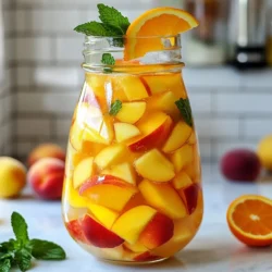 To make a Peach Mango Sangria Mocktail, you'll need: - 2 ripe peaches, sliced - 1 ripe mango, diced - 1 orange, juiced (reserve rind for garnish) - 1 lemon, juiced - 4 cups sparkling water or lemon-lime soda - 2 cups grape juice (red or white) - 1 tablespoon agave syrup or honey (optional, for sweetness) - Fresh mint leaves for garnish These fresh fruits bring bright flavors and color. Their sweetness pairs well with the grape juice and soda. If you like your drinks sweet, you can add agave syrup or honey. This step is optional. Taste before adding sweeteners. You might find the natural fruit sweetness is enough. Adjust to your liking. You can change fruits if you want. For example, try strawberries or pineapples. They add a different taste but still work well. Just keep the same amount of juice to balance the flavors. {{ingredient_image_1}} Start by washing your fruit. Take 2 ripe peaches and slice them thin. Make sure to remove the pit. Next, grab 1 ripe mango and dice it into small cubes. Then, juice 1 orange and 1 lemon. You will use the juice in the drink. Save the orange rind to use as a garnish later. In a large pitcher, combine the sliced peaches, diced mango, orange juice, and lemon juice. This mix gives the drink a fruity base. Pour in 2 cups of grape juice. You can choose red or white grape juice. Stir everything gently to mix. If you want it sweeter, add 1 tablespoon of agave syrup or honey. Taste it and adjust the sweetness if needed. Let the mixture chill in the refrigerator for at least 30 minutes. Chilling helps the flavors blend well. When you're ready to serve, add 4 cups of sparkling water or lemon-lime soda. Stir gently to combine. Serve the mocktail over ice in glasses. Make sure each glass has some fresh fruit. For a beautiful touch, garnish with fresh mint leaves and a slice of orange rind. Enjoy your refreshing drink! To boost the taste of your Peach Mango Sangria Mocktail, use ripe fruit. Ripe peaches and mangoes add natural sweetness. You can also try adding a splash of lime juice. This gives a nice tartness that balances the sweetness. Fresh herbs like basil or cilantro can add a unique twist. Consider muddling some mint leaves in the pitcher for extra flavor. Presentation matters. Use clear glasses to show off the colorful fruits. Add ice cubes made from grape juice for a fun touch. You can also freeze small fruit pieces in the ice cubes. This keeps your drink cold and looks pretty too. For an extra flair, rim the glasses with sugar or salt. Garnish with mint leaves and a slice of orange rind for that perfect finish. Chilling is key to a refreshing drink. After mixing your ingredients, let it sit in the fridge for at least 30 minutes. This helps the flavors blend nicely. If you’re short on time, add ice directly to the pitcher. Just remember, this can dilute the drink. Always chill your sparkling water or soda before adding it. This keeps your mocktail bubbly and fresh. Pro Tips Use Ripened Fruits: Ensure your peaches and mangoes are perfectly ripened for the best flavor and sweetness in your mocktail. Chill Thoroughly: Allow the mixture to chill for at least 30 minutes to enhance the infusion of flavors before serving. Adjust Sweetness: Taste the mixture before serving and adjust the sweetness with agave syrup or honey as per your preference. Garnish Creatively: Add extra garnishes like a sprig of fresh mint or additional citrus slices for a vibrant presentation. {{image_2}} If you want to add some fun, try new fruits! Pineapple and kiwi are great options. They bring a sweet and tart flavor. You can also use coconut water for a tropical vibe. This will give your drink a light, refreshing taste. You can swap juices for a different taste. Try using pineapple juice instead of grape juice. This change will make the drink sweeter. For a zingy twist, mix in some lime juice. It adds a nice contrast to the sweet fruits. For bubbles, you can use different drinks. Instead of sparkling water, try ginger ale. It adds a spicy kick! Lemon-lime soda is also a fun option. It makes the drink extra fizzy and sweet. Experiment with different sparkling drinks to find your favorite! You may want to keep your peach mango sangria mocktail for later. If you have leftovers, pour the drink into a sealed container. Store it in the fridge. If you leave it too long, the fruit can get mushy. It’s best to drink it within two days for the best taste. To keep your fruits fresh, store them in the fridge. Place peaches and mangoes in a breathable bag. This will help them last longer. For the best flavor, use ripe fruits. If you have extra oranges or lemons, keep them whole. They will stay fresh for a week or more. You can freeze peaches and mangoes if you have too many. Cut them into slices or cubes. Place them in a single layer on a baking sheet. Freeze until solid, then transfer them to a zip-top bag. This way, you can use them later for smoothies or more mocktails! Yes, you can make this mocktail ahead. I suggest making it a few hours before serving. This way, the flavors will mix well. Just follow the recipe up to step four. Chill it in the fridge. Add the sparkling water just before serving. This keeps the fizz fresh and bubbly. You can swap in many fruits! Try using pineapple, strawberries, or blueberries. For a tropical twist, use kiwi or passion fruit. Each fruit adds its own flavor. Just make sure to cut the fruits into bite-sized pieces for easy sipping. To adjust sweetness, add more or less agave syrup or honey. Start with one tablespoon and taste it. If you want it sweeter, add more. You can also use sweeter juices, like apple or pineapple juice. Just keep tasting until it’s just right for you. This blog post covered how to make a tasty mocktail, starting with simple ingredients. You learned about optional sweeteners and substitutions for fresh fruit. I shared step-by-step instructions for preparing and mixing your drink. We explored tips to enhance flavor and improve presentation. Finally, I provided storage info and answered common questions. Remember, you can get creative with flavors and ingredients. Enjoy making your own delicious mocktail!
