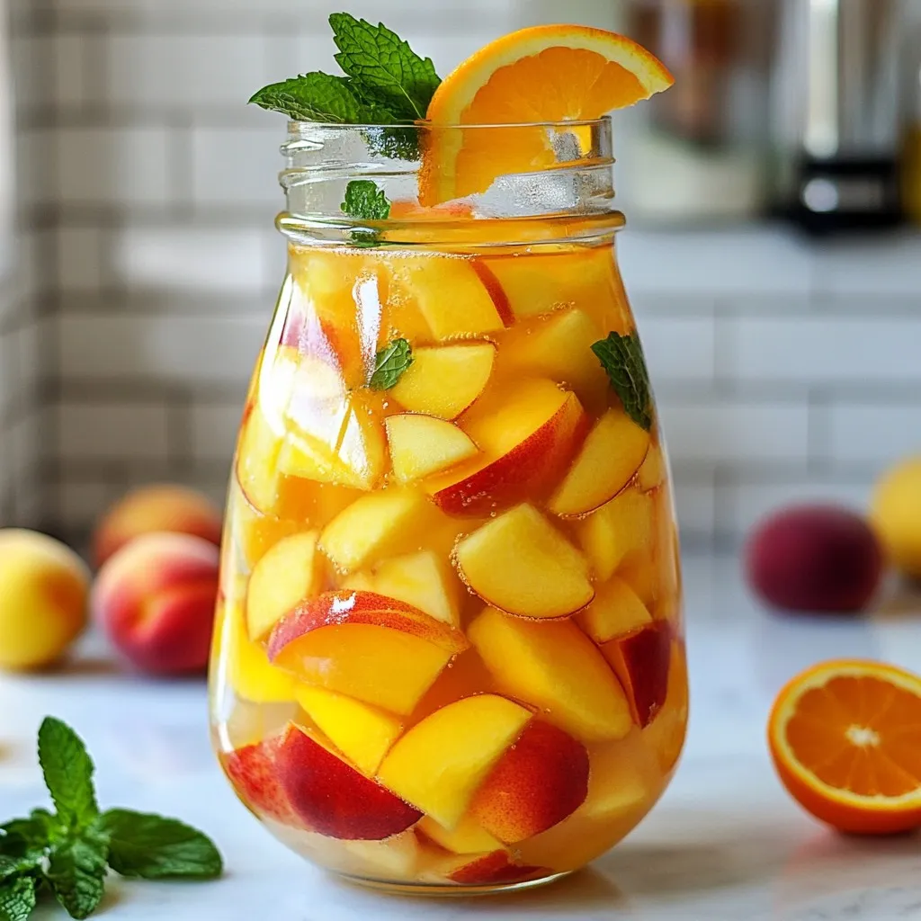 To make a Peach Mango Sangria Mocktail, you'll need: - 2 ripe peaches, sliced - 1 ripe mango, diced - 1 orange, juiced (reserve rind for garnish) - 1 lemon, juiced - 4 cups sparkling water or lemon-lime soda - 2 cups grape juice (red or white) - 1 tablespoon agave syrup or honey (optional, for sweetness) - Fresh mint leaves for garnish These fresh fruits bring bright flavors and color. Their sweetness pairs well with the grape juice and soda. If you like your drinks sweet, you can add agave syrup or honey. This step is optional. Taste before adding sweeteners. You might find the natural fruit sweetness is enough. Adjust to your liking. You can change fruits if you want. For example, try strawberries or pineapples. They add a different taste but still work well. Just keep the same amount of juice to balance the flavors. {{ingredient_image_1}} Start by washing your fruit. Take 2 ripe peaches and slice them thin. Make sure to remove the pit. Next, grab 1 ripe mango and dice it into small cubes. Then, juice 1 orange and 1 lemon. You will use the juice in the drink. Save the orange rind to use as a garnish later. In a large pitcher, combine the sliced peaches, diced mango, orange juice, and lemon juice. This mix gives the drink a fruity base. Pour in 2 cups of grape juice. You can choose red or white grape juice. Stir everything gently to mix. If you want it sweeter, add 1 tablespoon of agave syrup or honey. Taste it and adjust the sweetness if needed. Let the mixture chill in the refrigerator for at least 30 minutes. Chilling helps the flavors blend well. When you're ready to serve, add 4 cups of sparkling water or lemon-lime soda. Stir gently to combine. Serve the mocktail over ice in glasses. Make sure each glass has some fresh fruit. For a beautiful touch, garnish with fresh mint leaves and a slice of orange rind. Enjoy your refreshing drink! To boost the taste of your Peach Mango Sangria Mocktail, use ripe fruit. Ripe peaches and mangoes add natural sweetness. You can also try adding a splash of lime juice. This gives a nice tartness that balances the sweetness. Fresh herbs like basil or cilantro can add a unique twist. Consider muddling some mint leaves in the pitcher for extra flavor. Presentation matters. Use clear glasses to show off the colorful fruits. Add ice cubes made from grape juice for a fun touch. You can also freeze small fruit pieces in the ice cubes. This keeps your drink cold and looks pretty too. For an extra flair, rim the glasses with sugar or salt. Garnish with mint leaves and a slice of orange rind for that perfect finish. Chilling is key to a refreshing drink. After mixing your ingredients, let it sit in the fridge for at least 30 minutes. This helps the flavors blend nicely. If you’re short on time, add ice directly to the pitcher. Just remember, this can dilute the drink. Always chill your sparkling water or soda before adding it. This keeps your mocktail bubbly and fresh. Pro Tips Use Ripened Fruits: Ensure your peaches and mangoes are perfectly ripened for the best flavor and sweetness in your mocktail. Chill Thoroughly: Allow the mixture to chill for at least 30 minutes to enhance the infusion of flavors before serving. Adjust Sweetness: Taste the mixture before serving and adjust the sweetness with agave syrup or honey as per your preference. Garnish Creatively: Add extra garnishes like a sprig of fresh mint or additional citrus slices for a vibrant presentation. {{image_2}} If you want to add some fun, try new fruits! Pineapple and kiwi are great options. They bring a sweet and tart flavor. You can also use coconut water for a tropical vibe. This will give your drink a light, refreshing taste. You can swap juices for a different taste. Try using pineapple juice instead of grape juice. This change will make the drink sweeter. For a zingy twist, mix in some lime juice. It adds a nice contrast to the sweet fruits. For bubbles, you can use different drinks. Instead of sparkling water, try ginger ale. It adds a spicy kick! Lemon-lime soda is also a fun option. It makes the drink extra fizzy and sweet. Experiment with different sparkling drinks to find your favorite! You may want to keep your peach mango sangria mocktail for later. If you have leftovers, pour the drink into a sealed container. Store it in the fridge. If you leave it too long, the fruit can get mushy. It’s best to drink it within two days for the best taste. To keep your fruits fresh, store them in the fridge. Place peaches and mangoes in a breathable bag. This will help them last longer. For the best flavor, use ripe fruits. If you have extra oranges or lemons, keep them whole. They will stay fresh for a week or more. You can freeze peaches and mangoes if you have too many. Cut them into slices or cubes. Place them in a single layer on a baking sheet. Freeze until solid, then transfer them to a zip-top bag. This way, you can use them later for smoothies or more mocktails! Yes, you can make this mocktail ahead. I suggest making it a few hours before serving. This way, the flavors will mix well. Just follow the recipe up to step four. Chill it in the fridge. Add the sparkling water just before serving. This keeps the fizz fresh and bubbly. You can swap in many fruits! Try using pineapple, strawberries, or blueberries. For a tropical twist, use kiwi or passion fruit. Each fruit adds its own flavor. Just make sure to cut the fruits into bite-sized pieces for easy sipping. To adjust sweetness, add more or less agave syrup or honey. Start with one tablespoon and taste it. If you want it sweeter, add more. You can also use sweeter juices, like apple or pineapple juice. Just keep tasting until it’s just right for you. This blog post covered how to make a tasty mocktail, starting with simple ingredients. You learned about optional sweeteners and substitutions for fresh fruit. I shared step-by-step instructions for preparing and mixing your drink. We explored tips to enhance flavor and improve presentation. Finally, I provided storage info and answered common questions. Remember, you can get creative with flavors and ingredients. Enjoy making your own delicious mocktail!