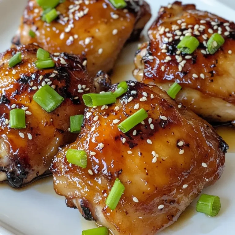 Let’s gather the right items to make Honey Garlic Chicken Thighs. This dish is simple and tasty. - Chicken Thighs: - 6 bone-in, skin-on chicken thighs - Sauce Ingredients: - 1/2 cup honey - 4 garlic cloves, minced - 2 tablespoons soy sauce (or tamari for gluten-free) - 1 tablespoon fresh ginger, grated - 1 teaspoon sesame oil - 1 tablespoon apple cider vinegar - Salt and pepper to taste - Optional Garnishes: - 2 green onions, thinly sliced - Sesame seeds These ingredients work together to create a sweet and sticky sauce. The honey adds sweetness, while garlic gives it a nice kick. Ginger brings warmth, and soy sauce adds depth. The green onions and sesame seeds are great for garnish, adding color and crunch. This dish is easy to make and perfect for any meal. {{ingredient_image_1}} 1. Preheat your oven to 400°F (200°C). This helps cook the chicken evenly and gives it a nice finish. 2. Mix the honey garlic sauce. In a medium bowl, whisk together: - 1/2 cup honey - 4 minced garlic cloves - 2 tablespoons soy sauce - 1 tablespoon fresh ginger, grated - 1 teaspoon sesame oil - 1 tablespoon apple cider vinegar This sauce is sweet, sticky, and packed with flavor. 3. Season the chicken thighs. Use salt and pepper on both sides. This adds a simple yet tasty base to the chicken. 1. Sear the chicken thighs. In a large oven-safe skillet, place the chicken thighs skin-side down over medium-high heat. Cook for about 5-7 minutes. You want the skin to get crispy and nicely browned. This step adds flavor and texture. 2. Bake the chicken with the sauce. After searing, flip the thighs skin-side up. Pour the honey garlic sauce over them, coating them well. Then, transfer the skillet to your preheated oven. Bake for 25-30 minutes. Baste the chicken with the sauce halfway through for extra flavor. 3. Check for doneness and resting time. The chicken should reach an internal temperature of 165°F (75°C). Once done, remove it from the oven and let it rest for 5 minutes. This helps the juices redistribute, making the chicken more tender. Enjoy your delicious honey garlic chicken thighs! - Ensuring crispy skin on chicken thighs: Start by searing the chicken thighs skin-side down in a hot skillet. This step helps to render the fat, making the skin crispy. Keep the heat at medium-high to achieve that beautiful golden brown color. - How to avoid burning the sauce: To prevent burning, pour the honey-garlic mixture over the chicken only after searing. This way, the sauce won't get too hot while cooking the chicken. Baste the chicken halfway through baking to keep everything moist and flavorful. - Adjusting seasoning for taste: Taste the sauce before pouring it over the chicken. Add more soy sauce for saltiness or honey for sweetness. This step helps you find the perfect balance for your palate. - Marinating chicken in advance: You can marinate the chicken thighs in the honey-garlic mixture for a few hours or overnight. This method enhances the flavor and makes cooking quicker on busy days. - Reheating tips for leftovers: When reheating, do it slowly in the oven at 350°F (175°C). This method keeps the chicken juicy and prevents it from drying out. Cover it with foil to retain moisture while warming. - Making it in a slow cooker: You can adapt this recipe for a slow cooker. Simply place the seasoned chicken and sauce in the slow cooker. Cook on low for 6-7 hours or high for 3-4 hours. This method creates tender, flavorful chicken with minimal effort. Pro Tips Use Fresh Ingredients: Fresh garlic and ginger will elevate the flavor of your sauce, making it more aromatic and delicious. Get the Skin Extra Crispy: Searing the chicken thighs skin-side down for a longer time can give you an even crispier texture. Don't rush this step! Adjust Sweetness to Taste: If you prefer a less sweet dish, reduce the amount of honey or balance it with more soy sauce. Rest Before Serving: Allowing the chicken to rest for a few minutes after baking helps retain its juices, resulting in tender and flavorful meat. {{image_2}} For a gluten-free meal, swap soy sauce with tamari. It has a similar taste and works well. If you're looking for lower-calorie options, use less honey or choose a sugar-free sweetener. You can also use skinless chicken thighs if you want fewer calories. You can switch up proteins too. Boneless chicken thighs are great for quick cooking. You can also try chicken breasts, but they may need less cooking time. For a twist, use turkey thighs or even tofu for a plant-based dish. Want some heat? Add chili flakes to the sauce. This gives your dish a nice kick. You can also mix in herbs like thyme or rosemary for a fresh taste. If you like it sweeter, add more honey. For a tangy bite, increase the apple cider vinegar. You can mix and match these ideas to create your perfect honey garlic chicken thighs. It’s all about personal taste! After enjoying your meal, let the chicken cool. This keeps it safe to eat later. If you leave it out too long, bacteria can grow. I recommend cooling it for no more than two hours. To store in the fridge, use an airtight container. This helps keep the chicken fresh. You can store it for up to four days. If you want to enjoy it longer, consider freezing. For freezing honey garlic chicken thighs, wrap them tightly in plastic wrap. Then, place them in a freezer bag. This method prevents freezer burn. You can freeze the chicken for up to three months. To reheat safely, you can use the oven or microwave. For the oven, set it to 350°F (175°C). Place the chicken in a baking dish. Add a bit of water or sauce to keep it moist. Cover it with foil and heat for about 20 minutes. If you prefer the microwave, use a microwave-safe plate. Cover the chicken with a damp paper towel. Heat it in short bursts, about one minute each. Check often to avoid overcooking. To maintain flavor and texture, consider the oven method. This keeps the skin crispy. Add a little honey or sauce when reheating. This will enhance the flavors and keep it tasty. Can I use boneless chicken thighs? Yes, you can use boneless chicken thighs. They cook faster than bone-in thighs. Adjust the cooking time to about 20-25 minutes. Check for an internal temperature of 165°F (75°C). How can I tell when chicken is fully cooked? The best way to tell is by using a meat thermometer. Insert it into the thickest part of the thigh. If it reads 165°F (75°C), your chicken is done. The juices should also run clear, not pink. What's the best way to serve honey garlic chicken thighs? I love serving these thighs with rice or noodles. The honey garlic sauce pairs well with both. You can also add steamed vegetables for a complete meal. Garnish with green onions and sesame seeds for color. Is this recipe suitable for meal prepping? Absolutely! Honey garlic chicken thighs are great for meal prep. Cook a batch and store in airtight containers. They last in the fridge for up to four days. Reheat for quick, tasty meals. Can I make this dish in an air fryer? Yes, you can use an air fryer! Cook at 380°F (193°C) for about 20 minutes. Flip halfway through to ensure even cooking. The skin will get nice and crispy. What side dishes pair well with honey garlic chicken thighs? Many sides work well! Try fluffy rice, steamed broccoli, or a fresh salad. You can also serve with roasted veggies or mashed potatoes. These all balance the sweet and savory flavors of the chicken. You learned how to make delicious honey garlic chicken thighs with simple steps. From the right ingredients to quick cooking tips, this guide helps you succeed. Remember to adjust flavors to fit your taste and explore variations for fun. Store leftovers properly to enjoy later. With these tips and tricks, you can impress your family with this tasty dish. Dive in and enjoy every bite!