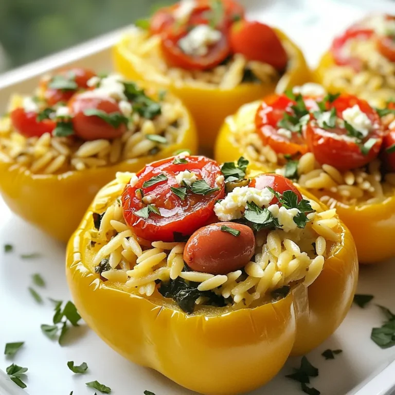 The main items for this dish are simple and fresh. Here’s what you need: - 4 bell peppers (any color) - 1 cup orzo pasta - 2 cups vegetable broth - 1 cup cherry tomatoes, halved - 1 small red onion, finely chopped - 1 cup spinach, chopped - 1/2 cup feta cheese, crumbled - 1/4 cup Kalamata olives, pitted and chopped - 2 cloves garlic, minced - 1 teaspoon dried oregano - 1/2 teaspoon red pepper flakes (optional) - Salt and pepper to taste - 2 tablespoons olive oil - Fresh parsley, chopped (for garnish) These ingredients work together to create a tasty blend. The orzo adds a nice texture, while the bell peppers focus on flavor. You can customize your stuffed peppers. Here are some ideas: - Swap orzo for quinoa or rice for a different texture. - Use goat cheese instead of feta for a tangy taste. - Add nuts like pine nuts or walnuts for crunch. - Replace Kalamata olives with green olives if you prefer. Feel free to mix and match based on your taste. Cooking should be fun and creative! This recipe is quite flexible. It fits many diets. Here is some helpful info: - Vegetarian: This dish is meat-free. - Gluten-Free: Use gluten-free orzo or rice to make it gluten-free. - Dairy-Free: Replace feta with a dairy-free cheese or skip it. - Allergens: Check for allergies with olives and dairy. Always read labels if you have food allergies. This way, you can enjoy your meal safely! {{ingredient_image_1}} Start by preheating your oven to 375°F (190°C). This will help cook the peppers evenly. Next, bring 2 cups of vegetable broth to a boil in a medium saucepan. Add 1 cup of orzo pasta and cook it according to the package. This usually takes about 8-10 minutes. Once cooked, drain the orzo and set it aside. In a large skillet, heat 2 tablespoons of olive oil over medium heat. Add 1 small red onion, finely chopped, and 2 cloves of minced garlic. Cook these for about 3-4 minutes until the onion turns translucent. Then, add 1 cup of halved cherry tomatoes and 1 cup of chopped spinach. Cook this mixture for another 3-4 minutes, or until the spinach wilts. In a large mixing bowl, combine the cooked orzo, sautéed vegetables, 1/2 cup of crumbled feta cheese, 1/4 cup of chopped Kalamata olives, and 1 teaspoon of dried oregano. If you like a bit of heat, add 1/2 teaspoon of red pepper flakes. Season this mix with salt and pepper to taste, and stir well. Now, take your 4 bell peppers and carefully cut off the tops. Remove the seeds and membranes. Place them upright in a baking dish. Stuff each pepper generously with the orzo mixture, packing it tightly to make sure each bite is full of flavor. Cover the baking dish with aluminum foil to keep the moisture in. Bake the stuffed peppers for 25 minutes. After that, remove the foil and bake for an additional 10-15 minutes. This will make the peppers tender and slightly charred on the edges. If you don’t want to bake, you can also grill the stuffed peppers. Just wrap them in foil and place them on a grill over medium heat. Cook them for about 20-30 minutes, turning occasionally. Once the peppers are done, take them out of the oven and let them cool for a few minutes. Garnish with fresh parsley for a pop of color. For an extra touch, drizzle a little more olive oil on top and sprinkle some additional feta cheese. Serve your Mediterranean orzo stuffed peppers on a rustic wooden board or a colorful plate. This not only looks great but also makes for a delightful meal. Enjoy each bite of this flavorful dish! To cook orzo pasta well, start with boiling water. Use a pot that holds enough water. Add a pinch of salt for taste. Pour in the orzo and stir to avoid clumping. Cook it for 8 to 10 minutes. Check for doneness; it should be al dente. Drain the orzo and set it aside to cool. This helps keep it from sticking together. When preparing to stuff your peppers, choose ripe and firm ones. Cut off the tops and remove seeds carefully. This makes it easier to fill them. Use a spoon to pack the orzo mixture tightly inside. Press down gently to ensure even filling. Leave a little space at the top for the peppers to cook well. This will help them stay juicy and tender. To make your dish pop, think about colors and textures. Use fresh parsley to add a bright green touch. Crumbled feta cheese adds a creamy white contrast. Drizzle some olive oil on top for shine. Serve the peppers on a colorful plate for extra flair. These small steps can elevate your dish's look and taste. Pro Tips Choose Colorful Peppers: Using a mix of red, yellow, and green bell peppers not only makes the dish visually appealing but also adds a variety of flavors. Cook Orzo Al Dente: Make sure to cook the orzo just until al dente, as it will continue to cook while baking inside the peppers. Add Protein: For a heartier meal, consider adding cooked chickpeas or grilled chicken to the filling mixture. Experiment with Spices: Feel free to adjust the spices or add fresh herbs like basil or thyme for an extra flavor boost. {{image_2}} You can easily make this dish vegetarian or vegan. For a vegan version, skip the feta cheese. You can use tofu instead for creaminess. Another great option is using nutritional yeast. This adds a cheesy flavor without dairy. You can also add more veggies like zucchini or mushrooms. These will boost the flavor and nutrition. If you want a protein boost, add chicken or turkey. Cook and chop the meat before mixing it in. For a plant-based option, use cubed tofu. Press and cook it until golden. This adds texture and protein. You can also use ground meat if you prefer. Herbs and spices can elevate your stuffed peppers. Fresh basil or parsley adds a bright taste. Try adding a dash of cumin for warmth. A bit of smoked paprika can give a nice smoky flavor. Don't forget to adjust salt and pepper to your taste. The right herbs can make your dish shine! To store leftover stuffed peppers, let them cool first. Place them in an airtight container. Make sure to cover them well. They will stay fresh for up to four days in the fridge. If you want to keep them longer, freezing is a great option. When you’re ready to eat, preheat your oven to 350°F (175°C). Place the peppers in a baking dish. Add a splash of water to keep them moist. Cover the dish with foil. Bake for about 20 minutes. Check if they are hot all the way through. This method keeps the peppers soft and tasty. For freezing, you want to cool the stuffed peppers completely. Wrap each pepper in plastic wrap. Then, place them in a freezer bag. Remove as much air as possible. They can last up to three months in the freezer. When you’re ready to enjoy, thaw them in the fridge overnight and follow the reheating instructions. You can use several other types of pasta if you do not have orzo. Try using small shapes like ditalini or even couscous. Rice can also work, but the texture will change. Quinoa is another good choice for a healthy twist. Just remember to adjust cooking times based on what you choose. Stuffed peppers can last in the fridge for about 3 to 5 days. Make sure to store them in an airtight container. If you want them to last longer, you can freeze them. Just keep in mind they may lose some texture when reheated. Yes, you can prepare the filling a day in advance. Just store it in the fridge. You can also stuff the peppers ahead of time. When you are ready to eat, bake them right from the fridge. This saves time and makes meal prep easier! Mediterranean orzo stuffed peppers offer a tasty way to enjoy fresh ingredients. We covered key components like herbs, proteins, and options for dietary needs. I shared steps for preparation, cooking, and serving. You learned tips to cook orzo and stuff peppers perfectly. Variations let you swap ingredients for your taste. Finally, I covered storage and reheating to keep your dish fresh. Embrace this recipe to explore flavors and enjoy healthy meals!