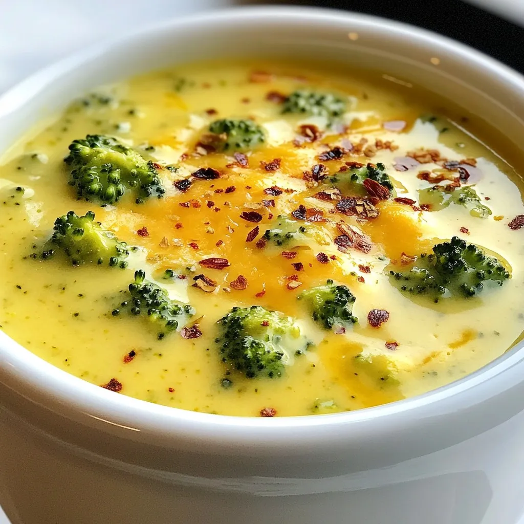 - 1 tablespoon olive oil - 1 medium onion, diced - 2 garlic cloves, minced - 4 cups fresh broccoli florets - 1 medium potato, peeled and diced - 4 cups vegetable broth - 1 cup heavy cream - 2 cups shredded sharp cheddar cheese - 1 teaspoon Dijon mustard - Salt and pepper to taste - Optional: pinch of red pepper flakes for heat You can swap olive oil for butter for a richer taste. If you want a lower-calorie option, use low-fat cream instead of heavy cream. You can also use vegetable broth for a vegetarian option. For a quick meal, frozen broccoli works too. Just add it straight to the pot. If you love spice, add more red pepper flakes or use a spicy cheese. Broccoli is packed with vitamins C and K. It also has fiber that helps with digestion. The onion adds flavor and has antioxidants. Garlic supports your immune system. Cheddar cheese gives protein and calcium, good for bones. Heavy cream adds richness but also fat, so use it wisely if you're watching calories. {{ingredient_image_1}} To make this soup, you need to gather your ingredients. You will use olive oil, onion, garlic, broccoli, potato, vegetable broth, heavy cream, cheddar cheese, Dijon mustard, salt, and pepper. These items bring rich flavors. Start by washing and chopping the broccoli and potato. 1. Heat the pot: Pour olive oil into a large pot and warm it over medium heat. 2. Sauté onion: Add the diced onion. Cook for about 5 minutes until it turns soft and clear. 3. Add garlic: Toss in the minced garlic for 1 minute. This will make your kitchen smell great! 4. Mix in vegetables: Stir in the broccoli and diced potato. Cook for 3 minutes to blend the flavors. 5. Pour broth: Add the vegetable broth and bring everything to a boil. Once boiling, lower the heat and let it simmer for 15 to 20 minutes. The broccoli and potato should be soft. 6. Blend the soup: Use an immersion blender to puree the soup. If you don’t have one, carefully transfer it to a blender in batches. 7. Add cream and cheese: Return the blended soup to the pot. Stir in the heavy cream, cheddar cheese, and Dijon mustard. Mix until the cheese melts. 8. Season: Taste the soup and add salt, pepper, and red pepper flakes if you want some heat. Let it simmer gently for 5 more minutes. 9. Serve hot: Pour the soup into bowls and top with extra cheddar cheese or a dash of red pepper flakes. For the best smoothness, blend the soup while it is warm. If using a regular blender, fill it only halfway to avoid spills. Blend in small batches for safety. If you prefer a chunkier soup, blend less. A perfect texture is creamy but still has some veggie bits for fun! One common mistake is overcooking the broccoli. This can make it mushy and dull. Cook it just until tender. Another mistake is not blending enough. Ensure the soup is smooth for a creamy texture. Also, don't forget to season well! Salt and pepper enhance all the flavors. Garnish your soup for a fancy touch! Add extra cheddar cheese on top. A sprinkle of red pepper flakes adds color and spice. You can also use fresh herbs like chives or parsley. They give a burst of flavor and look great. Pair your Broccoli Cheddar Soup with warm crusty bread. A nice sourdough or baguette works well. You can also serve it with a fresh salad. A simple green salad with vinaigrette balances the richness of the soup. Enjoy your meal and savor every bite! Pro Tips Use Fresh Ingredients: Fresh broccoli and quality cheese enhance the flavor and texture of the soup significantly. Adjust the Creaminess: For a lighter version, substitute half of the heavy cream with additional vegetable broth. Blend to Preference: If you prefer a chunkier soup, blend only half of the mixture and leave the rest unblended. Flavor Boost: Experiment with additional spices like nutmeg or garlic powder for an extra depth of flavor. {{image_2}} You can make this soup heartier by adding proteins. Cooked chicken adds a nice bite. Simply shred or cube it and stir it in after blending the soup. If you love bacon, try crispy bits for a smoky touch. Cook the bacon separately, then mix it in at the end. This adds crunch and flavor. To make this soup dairy-free or vegan, swap the heavy cream with coconut milk or cashew cream. Use nutritional yeast for a cheesy flavor without dairy. Make sure to use vegetable broth that has no animal products. You can still enjoy the creamy texture while keeping it plant-based. Enhance the soup with more flavor. Try adding a pinch of garlic powder or onion powder for depth. Fresh herbs like thyme or parsley can brighten the taste. If you like heat, add a dash of cayenne pepper or more red pepper flakes. These small changes can really make the soup pop! To keep your broccoli cheddar soup fresh, let it cool first. Then, pour it into an airtight container. This helps keep out air and moisture. Store it in the fridge for up to four days. If you plan to eat it later, use a freezer-safe container. Make sure to leave some space at the top, as the soup can expand when frozen. When it’s time to enjoy your soup again, reheat it gently. You can use the stove or microwave. If using the stove, pour the soup into a pot. Heat it on low, stirring often. This helps prevent sticking or burning. If using the microwave, heat it in short bursts. Stir between each burst to ensure even heating. Add a splash of broth or cream if it seems too thick. You can freeze broccoli cheddar soup for up to three months. Make sure it’s in a freezer-safe container. Label the container with the date, so you remember when to use it. When you’re ready to eat it, thaw it in the fridge overnight. Then reheat as mentioned above. Freezing can change the texture a bit, but the flavor will still be great! To make your Broccoli Cheddar Soup thicker, you have a few options. First, you can blend more of the soup until smooth. This will help thicken it naturally. Another method is to add a cornstarch slurry. Mix one tablespoon of cornstarch with two tablespoons of cold water. Stir it into the soup, and let it cook for a few minutes to thicken. You can also add more potato during cooking. The potato breaks down and helps create a creamy texture. Yes, you can use frozen broccoli for this recipe. It saves time and is convenient. Just make sure to thaw and drain excess water before adding it to the pot. Frozen broccoli cooks faster, so reduce the cooking time by a few minutes. This way, your soup stays bright green and tasty. You can serve Broccoli Cheddar Soup with many sides. A warm crusty bread or a soft roll is perfect for dipping. A fresh garden salad adds a nice crunch and balances the creaminess. You might also enjoy pairing it with a grilled cheese sandwich. The gooey cheese and crispy bread complement the soup wonderfully. This blog post covers all you need for Broccoli Cheddar Soup. We explored ingredients, their benefits, and alternatives. I shared easy step-by-step cooking instructions and tips to get the best texture. You learned common mistakes to avoid and how to serve your soup well. I also discussed fun variations like adding proteins and making it vegan. Finally, I shared how to store and reheat it properly. Enjoy your soup-making journey, and remember, the best soups come from your own kitchen!
