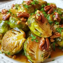 To make Maple Dijon Roasted Brussels Sprouts, gather these ingredients: - 1 pound Brussels sprouts, trimmed and halved - 2 tablespoons olive oil - 2 tablespoons pure maple syrup - 1 tablespoon Dijon mustard - 1 teaspoon garlic powder - Salt and pepper, to taste - 1/4 cup toasted pecans, roughly chopped (optional) - Fresh parsley, chopped for garnish Each ingredient plays a key role in flavor. The Brussels sprouts become tender and crispy when roasted. Olive oil helps them brown nicely. Maple syrup adds a sweet touch. Dijon mustard gives a tangy kick. Garlic powder enhances the overall taste. You can add toasted pecans for crunch, or skip them if you prefer. Fresh parsley adds a pop of color and freshness when you serve the dish. Make sure to use fresh and high-quality ingredients. This choice makes a big difference in taste. {{ingredient_image_1}} Start by preheating your oven to 400°F (200°C). This step is key. A hot oven helps the Brussels sprouts turn crispy. In a large mixing bowl, pour in 2 tablespoons of olive oil. Add 2 tablespoons of pure maple syrup for sweetness. Next, include 1 tablespoon of Dijon mustard for a tangy kick. Sprinkle in 1 teaspoon of garlic powder, along with salt and pepper to taste. Whisk everything together until it blends well. Now, take your pound of Brussels sprouts. Trim and halve them for even cooking. Toss the halved sprouts into the bowl with the maple Dijon mixture. Make sure each sprout gets coated well. This adds flavor and keeps them moist. Spread the coated Brussels sprouts on a baking sheet. Make sure they are in a single layer. This helps them roast evenly. Place the baking sheet in the preheated oven. Roast for 20-25 minutes. Stir them halfway through to ensure even cooking. You want them golden brown and crispy. If you like nuts, add 1/4 cup of toasted pecans in the last 5 minutes of roasting. This warms them up and adds crunch. Once done, take them out of the oven. Garnish with fresh, chopped parsley for a pop of color. Enjoy your tasty side dish! When picking Brussels sprouts, look for bright green, firm ones. Avoid yellow or wilted sprouts. A pound makes a great side for four people. The size of the sprouts matters. Smaller sprouts roast faster and taste sweeter. To roast evenly, cut Brussels sprouts in half. This helps them cook through and get crispy. Spread them out on the baking sheet. Give them space. If they are too close, they steam instead of roast. Stir them halfway through for better browning. If you have leftovers, let them cool first. Place them in an airtight container. They stay fresh for up to three days in the fridge. Reheat them in the oven. This keeps them crispy. You can also use them cold in salads. Want to boost the taste? Add some garlic or onion powder for more depth. You can also sprinkle on some chili flakes for heat. A splash of balsamic vinegar adds a nice touch. For crunch, toss in some toasted nuts. Enjoy mixing flavors to find your favorite! Pro Tips Choose Fresh Brussels Sprouts: Look for firm, bright green Brussels sprouts that are tightly closed. Avoid any with yellowing leaves or blemishes for the best flavor. Adjust Sweetness: Depending on your taste preference, you can increase or decrease the amount of maple syrup in the recipe for a sweeter or more savory dish. Experiment with Nuts: While pecans add a nice crunch, feel free to substitute with walnuts or almonds for a different flavor profile. Garnish for Freshness: Adding fresh herbs like thyme or chives along with parsley can elevate the dish's flavor and add a pop of color. {{image_2}} Adding bacon to your Brussels sprouts makes them even tastier. The salty, smoky flavor from the bacon pairs well with the sweet maple and tangy Dijon. Here’s how to do it: - Cook 4-6 slices of bacon in a pan until crispy. - Chop the bacon into small pieces. - Mix the bacon pieces into the Brussels sprouts before roasting. - Follow the original recipe steps after that. If you want a vegan dish, just leave out the pecans. They add crunch, but you can skip them. The Brussels sprouts will still taste great with the maple and Dijon sauce. Here’s a tip: - Add a sprinkle of pumpkin seeds for a nice crunch instead. - Use all the other ingredients as listed. Not a fan of maple syrup? You can try other sweeteners. Here are some ideas: - Honey works well if you are not vegan. - Agave syrup is a great vegan option. - Brown sugar can also add sweetness, but use it in smaller amounts. Feel free to experiment with these variations to make this dish your own! You should not store cooked Brussels sprouts at room temperature. Bacteria can grow fast when food sits out. If you have leftovers, move them to the fridge as soon as they cool down. To keep your Maple Dijon Roasted Brussels Sprouts fresh, place them in an airtight container. They will last about 3 to 5 days in the fridge. Make sure the sprouts cool first before sealing them up. When you’re ready to eat, simply reheat them in the oven or microwave. Yes, you can freeze these Brussels sprouts! First, let them cool completely. Next, spread them out on a baking sheet. Freeze them for about 1 hour. This helps them freeze individually. After that, transfer the sprouts to a freezer-safe bag or container. They can last for up to 3 months in the freezer. When you want to eat them, thaw in the fridge overnight before reheating. Yes, you can prepare the Brussels sprouts ahead of time. Toss them in the Maple Dijon mix. Store them in the fridge for up to 24 hours. When ready to cook, spread them on a baking sheet and roast. This saves time and adds flavor! These Brussels sprouts pair well with many dishes. Try serving them with roasted chicken or grilled salmon. They also go great with quinoa or rice. Their sweet and tangy flavor complements rich meals perfectly. Brussels sprouts are done when they are golden brown and crispy. After about 20 to 25 minutes, check them. Stir halfway through for even cooking. You can also poke one with a fork. It should feel tender inside but still firm. Definitely! You can use carrots, sweet potatoes, or cauliflower. Just cut them into equal sizes. Adjust the roasting time based on the vegetable. Be creative and make this dish your own! This post gave you a full recipe for Maple Dijon Roasted Brussels Sprouts. You learned about the key ingredients, step-by-step cooking, and helpful tips. You discovered fun variations and storage tips to keep them fresh. In the end, these Brussels sprouts are not just tasty; they are easy to make. You can adapt the recipe to fit your needs. Enjoy cooking and sharing this dish with those you love. Remember, good food brings us all together.