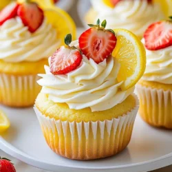 To make delightful strawberry lemonade cupcakes, you need the following: Cupcake Batter: - 1 ½ cups all-purpose flour - 1 cup granulated sugar - ½ cup unsalted butter, softened - 2 large eggs - ½ cup buttermilk - 2 tablespoons fresh lemon juice - Zest of 1 lemon - 1 teaspoon baking powder - ½ teaspoon baking soda - ¼ teaspoon salt - 1 cup fresh strawberries, diced Frosting: - ½ cup powdered sugar - 2 tablespoons lemon juice - 1 tablespoon butter, softened Optional Garnishes: - Fresh strawberries - Lemon slices Using fresh strawberries and lemon juice makes a big difference. It gives the cupcakes a bright flavor. The zest adds a nice touch too. If you want to impress, use those garnishes! They make the cupcakes look extra special. {{ingredient_image_1}} First, preheat your oven to 350°F (175°C). This step warms the oven and helps the cupcakes rise. Next, grab your cupcake tin and line it with paper liners. This keeps the cupcakes from sticking and makes serving easy. In a large mixing bowl, cream together the softened butter and granulated sugar. Mix until it looks light and fluffy. Then, add the eggs one by one. Be sure to mix well after each egg. After the eggs, stir in buttermilk, fresh lemon juice, and lemon zest. Make sure everything is well combined for a great flavor. In another bowl, whisk together the flour, baking powder, baking soda, and salt. This step adds air and helps the cupcakes rise. Gradually add this dry mixture to the wet ingredients. Stir gently until just combined. Do not overmix, as this can make the cupcakes tough. Finally, fold in the diced strawberries for a fresh burst of flavor. Now, divide the batter evenly among the cupcake liners. Fill each liner about two-thirds full. This allows space for rising. Bake the cupcakes in your preheated oven for 18-20 minutes. To check if they are done, insert a toothpick in the center. If it comes out clean, they are ready. Let the cupcakes cool in the pan for five minutes, then transfer them to a wire rack. While the cupcakes cool, prepare the frosting. In a bowl, mix the softened butter and powdered sugar. Gradually add the lemon juice while beating the mixture. Keep mixing until it is light and fluffy. This will give your frosting the right texture and taste. Once the cupcakes are cool, it’s time to frost them. You can use a piping bag for a pretty look or simply use a knife. Spread the lemon buttercream evenly on top of each cupcake. For a decorative touch, add a fresh strawberry and a small lemon slice on each one. This makes them look as good as they taste! Preventing overmixing Mix the batter just until you combine the wet and dry ingredients. Overmixing makes cupcakes tough. Stir gently when adding strawberries. This keeps them whole and juicy. Ensuring even baking Place your cupcake tin in the center of the oven. This helps heat circulate evenly. Rotate the tin halfway through baking for a consistent rise. Each cupcake should bake evenly. Best tools for frosting Use a piping bag for neat designs. A small offset spatula works well for a smooth finish. If you don’t have these tools, a regular knife can also work fine. Tips for achieving a fluffy texture Make sure your butter is soft, not melted. This helps create air in the frosting. Gradually add lemon juice after mixing the sugar and butter. Beat until it is light and fluffy. Adding more citrus flavor Add extra lemon zest to the batter for a zesty kick. You can also add a splash of lemon juice for more brightness. This makes the cupcakes taste fresh and vibrant. Using different berries Try using raspberries or blueberries instead of strawberries. Each berry adds a unique flavor twist. Mix and match to find your favorite combination! Pro Tips Use Room Temperature Ingredients: Ensure your butter and eggs are at room temperature for a smoother batter and better rise. Don’t Overmix: When combining the dry and wet ingredients, mix until just combined to keep your cupcakes light and fluffy. Cool Completely Before Frosting: Allow your cupcakes to cool completely on a wire rack to prevent the frosting from melting. Fresh Strawberries for Garnish: Use fresh strawberries for garnish to enhance flavor and presentation, making your cupcakes more appealing. {{image_2}} You can play with the frosting to add fun flavors. Try making a strawberry frosting. Just puree fresh strawberries and mix them with butter and powdered sugar. This gives a bright pink color and a fruity taste. You can also swap the lemon frosting for something citrusy. Consider using lime or orange juice. These options give a fresh twist to your cupcakes. Each choice brightens the flavor and makes your treats unique. If you need a gluten-free version, you can use almond flour or a gluten-free blend. Keep the rest of the recipe the same. You should check the baking time. Gluten-free cupcakes may bake faster. Start checking them a few minutes early. A toothpick should come out clean when they are done. Making mini cupcakes is a fun twist. They are perfect for parties or gatherings. Just use the same batter but fill each liner less full. Bake for about 12-15 minutes, and watch for doneness. For a layered dessert, stack cupcakes with frosting in a glass. Alternate layers of cupcake and frosting for a beautiful treat. Top with fruits for a colorful finish. Each bite will be a burst of flavor! To keep your cupcakes fresh, store them at room temperature. Place them in an airtight container. This helps prevent them from drying out. If you have leftover frosted cupcakes, use a container that allows a bit of space. This keeps the frosting intact. You can freeze cupcakes and frosting separately. Wrap the cooled cupcakes in plastic wrap. Then, place them in a freezer bag. For frosting, store it in an airtight container. When you want to serve them, thaw the cupcakes in the fridge overnight. Frost them once they are fully thawed. When stored properly, cupcakes last about 3 to 4 days at room temperature. If you freeze them, they can last for up to 3 months. Signs of spoilage include a dry texture or mold. Always check before enjoying your treat. To make cupcakes moist, use room-temperature butter. Cream it well with sugar. This step adds air, which helps. Use buttermilk for extra moisture. Don't overmix the batter; it can dry out your cupcakes. Add diced strawberries gently at the end. This keeps them juicy and adds flavor. Yes, you can use frozen strawberries. Just thaw them and drain any extra juice. Diced frozen strawberries work well in the batter. They may not be as firm, but they still taste great. Just remember to fold them in gently to avoid too much juice. If you don't have buttermilk, mix milk with vinegar or lemon juice. Use one tablespoon of vinegar or lemon juice in a cup of milk. Let it sit for about five minutes. This will mimic buttermilk's tangy flavor and acidity. To make more cupcakes, multiply the ingredients by the number you want. For example, double the amounts for 24 cupcakes. Make sure to use larger mixing bowls. Bake in batches if your oven is small. Adjust time if using larger pans. Yes, you can make vegan strawberry lemonade cupcakes. Replace the eggs with flaxseed meal mixed with water. Use plant-based butter and almond or oat milk with lemon juice instead of buttermilk. This keeps the cupcakes tasty and light while being dairy-free. This blog post covers all you need for delicious Strawberry Lemonade Cupcakes. You learned about the key ingredients, how to mix and bake, and tips for perfect frosting. Variations and storage ideas will keep your treats fresh. Remember, baking is fun, so don't stress! Follow these steps and enjoy making cupcakes that everyone will love. Happy baking!