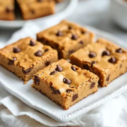 - 1 cup creamy peanut butter - 1/2 cup brown sugar - 1/2 cup granulated sugar - 1/4 cup unsalted butter, softened - 2 large eggs - 1 teaspoon vanilla extract - 1 cup all-purpose flour - 1/2 teaspoon baking powder - 1/4 teaspoon salt - 1 cup semi-sweet chocolate chips - Nuts (e.g., chopped peanuts or walnuts) - Alternative chocolate types (e.g., dark, milk) - Peanut butter alternatives (e.g., almond butter) - Sugar substitutes for a healthier option For these blondies, you need a mix of sweet and salty. The creamy peanut butter is the star here. It gives a rich flavor and chewy texture. The brown sugar adds moisture and a hint of caramel. Granulated sugar brings sweetness. Softened butter makes the blondies tender. The eggs bind everything together. Vanilla extract brightens the flavor. All-purpose flour provides structure. Baking powder helps the blondies rise. A little salt balances the sweetness. Finally, chocolate chips add melty goodness. You can play with add-ins. Chopped nuts add crunch. Different chocolates can change the taste. Almond butter is a great swap for peanut butter. For a healthier treat, try sugar substitutes. This list makes it simple to gather your ingredients. Enjoy the fun of mixing and baking! {{ingredient_image_1}} 1. Preheat your oven to 350°F (175°C). This step warms up the oven for even baking. 2. Grease a 9x9-inch baking pan. You can also use parchment paper. This helps to remove the blondies easily later. 3. In a large bowl, mix 1 cup of creamy peanut butter, 1/2 cup of brown sugar, 1/2 cup of granulated sugar, and 1/4 cup of softened unsalted butter. Blend until smooth. This creates a rich, creamy base for your blondies. 4. Beat in 2 large eggs, one at a time. Add 1 teaspoon of vanilla extract. Mix well after each egg. This makes your batter light and fluffy. 1. In another bowl, whisk together 1 cup of all-purpose flour, 1/2 teaspoon of baking powder, and 1/4 teaspoon of salt. This blend gives your blondies the right lift and flavor. 2. Gradually add the dry mix to the wet ingredients. Stir until just combined. Do not overmix; this keeps your blondies tender. 1. Fold in 1 cup of semi-sweet chocolate chips. Make sure they are evenly spread throughout the batter. This will give every bite a delicious chocolate flavor. 2. Pour the blondie batter into your prepared baking pan. Use a spatula to smooth the top. This helps the blondies bake evenly. 3. Bake in your preheated oven for 20-25 minutes. Check for doneness by inserting a toothpick in the center. It should come out with a few moist crumbs. 4. Once baked, let the blondies cool in the pan for 10-15 minutes. Then, transfer them to a wire rack to cool completely. This cooling step is key for a great texture. To get the best texture in your blondies, mix the wet ingredients well. You want a smooth, creamy base. This helps create a fudgy texture. If you prefer a cake-like blondie, mix the batter a bit longer. Be sure to fold in the chocolate chips gently. This way, they spread evenly throughout the batter. Let your blondies cool for about 10 to 15 minutes in the pan. This helps them set and makes cutting easier. After that, transfer them to a wire rack. Once fully cooled, cut them into squares. Use a sharp knife for clean edges. Want to boost the flavor? Add a pinch of cinnamon or nutmeg to the batter. You can also try a splash of almond extract for a lovely twist. For toppings, consider adding chopped peanuts or a drizzle of melted chocolate. These extras can really take your blondies to the next level! Pro Tips Use Room Temperature Ingredients: Make sure your eggs and butter are at room temperature for a smoother batter and better incorporation. Don’t Overmix the Batter: Once you add the flour, mix just until combined to ensure your blondies remain soft and chewy. Check for Doneness: Keep an eye on your blondies during the last few minutes of baking; they should be golden at the edges but still moist in the center. Experiment with Mix-ins: Feel free to add nuts, dried fruit, or different types of chocolate chips to customize your blondies to your taste. {{image_2}} You can switch the peanut butter for other nut butters. Almond butter or cashew butter works well. Each option brings its own unique taste. You can also mix in different types of chips. Try white chocolate or butterscotch chips for a fun twist. These changes add variety and keep things exciting! If you need a gluten-free version, use almond flour instead of regular flour. This makes a tasty blondie that everyone can enjoy. For a vegan option, replace the eggs with flaxseed meal. Mix one tablespoon of flaxseed with three tablespoons of water. Let it sit until it thickens. You can also use a plant-based butter to keep it vegan-friendly. You can make these blondies fit the season. Add pumpkin spice for a cozy fall flavor. In winter, a touch of cinnamon or nutmeg can warm you up. For spring, lemon zest can add a nice brightness. Adjusting the spices can make this treat feel fresh, no matter the time of year. To keep your peanut butter chocolate chip blondies fresh, store them in an airtight container. This helps to keep moisture in and prevents them from drying out. Use a container that fits them snugly. Glass or plastic works well. You can layer parchment paper between the blondies to avoid sticking. If you want to save some for later, freezing is a great option. First, let the blondies cool completely. Then, cut them into squares. Wrap each piece in plastic wrap. Place the wrapped blondies in a freezer-safe bag or container. This helps keep them fresh for up to three months. When you want to eat them, take out how many you need. Let them thaw at room temperature. For the best taste, heat them in the microwave for about 10-15 seconds. At room temperature, your blondies will stay fresh for about a week. Keep them in a cool, dry place. If you see any mold or smell anything off, it’s time to toss them out. Fresh blondies should feel soft and slightly chewy. If they become hard or crumbly, they might be past their prime. To check if your blondies are ready, look for a few signs. The edges should turn a nice golden brown. The center will still look a bit soft. A toothpick inserted in the center should come out with a few moist crumbs, not wet batter. If the toothpick is clean, your blondies might be overbaked. Moist blondies have a chewy texture, while dry ones feel crumbly. Aim for that perfect balance to keep the flavors rich. Yes, you can replace eggs in this recipe. There are many great substitutes. For each egg, you can use: - 1/4 cup unsweetened applesauce - 1/4 cup mashed banana - 1 tablespoon ground flaxseed mixed with 2.5 tablespoons water (let it sit until it thickens) - 1/4 cup silken tofu, blended until smooth These options work well in blondies. They help bind the mix without eggs. The flavors will still shine through! To reheat your blondies, use the oven or microwave. If using the oven, set it to 350°F (175°C). Place the blondies on a baking sheet. Heat for about 5-10 minutes. This keeps them soft and warm. In the microwave, heat each square for about 10-15 seconds. Be careful not to overheat, or they will become tough. Enjoy the warm, gooey chocolate chips! In this blog post, we explored how to make delicious Peanut Butter Chocolate Chip Blondies. We covered ingredients, step-by-step instructions, and helpful tips. I shared variations, storage methods, and answers to common questions. Whether you want a classic or a twist, you now have great options. Enjoy baking and savoring these treats. They are sure to please anyone who tries them! Happy baking!