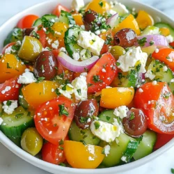 To make a Greek Tomato Cucumber Salad, you need: - 3 large ripe tomatoes, chopped - 1 large cucumber, diced - 1 small red onion, thinly sliced - 1 cup Kalamata olives, pitted - 200g feta cheese, crumbled - 1/4 cup fresh parsley, chopped - 1/4 cup extra virgin olive oil - 2 tablespoons fresh lemon juice - 1 teaspoon dried oregano - Salt and black pepper to taste Fresh ingredients make this salad shine. Ripe tomatoes burst with flavor. Crisp cucumbers add crunch. Fresh parsley gives a bright touch. Using quality ingredients enhances taste. This salad relies on freshness for its vibrant flavor. When you choose fresh, you make each bite special. You can get creative with your salad. Try adding bell peppers for extra color. Avocado can bring creaminess. For a spicy kick, diced jalapeños work well. If you like more protein, add grilled chicken or chickpeas. These add-ins can take your salad to a new level. Feel free to mix and match! {{ingredient_image_1}} First, gather your ingredients. You need three large ripe tomatoes, one large cucumber, and one small red onion. Chop the tomatoes into bite-sized pieces. Dice the cucumber into small cubes. Slice the red onion thinly. This mix of fresh veggies makes the salad bright and tasty. Next, take a large salad bowl. Combine the chopped tomatoes, diced cucumber, and sliced onion in it. This step builds the base of your salad, giving it color and crunch. Now, add one cup of Kalamata olives to the bowl. These olives will give your salad a rich, briny flavor. Next, crumble 200 grams of feta cheese into the bowl. Save some feta for later as a garnish. The feta adds creaminess that pairs well with the fresh veggies. Once all the ingredients are in the bowl, it's time to mix. This is where the magic happens! Toss the salad gently. Be careful not to break the feta. You want everything to be well combined but still look pretty. To make the dressing, grab a small bowl. Whisk together a quarter cup of extra virgin olive oil and two tablespoons of fresh lemon juice. Add one teaspoon of dried oregano, some salt, and black pepper. This dressing is simple but packs a punch. Drizzle the dressing over your salad. Toss gently again to coat all the ingredients. Let the salad sit for about ten minutes. This waiting time lets the flavors meld together, making every bite delightful! To boost the taste of your Greek Tomato Cucumber Salad, use fresh ingredients. Ripe tomatoes and crisp cucumbers make a big difference. When chopping, aim for even sizes. This helps the salad look great and taste balanced. Add fresh lemon juice for a zesty kick. The acidity brightens the salad. Using high-quality extra virgin olive oil enhances the flavor too. It adds richness that ties everything together. Don't forget the dried oregano; it brings a classic Greek taste. One common mistake is cutting vegetables too small. This can make them mushy. Keep your cucumber and tomatoes in larger pieces for a better crunch. Another mistake is not seasoning enough. Salt and pepper are key to bringing out the flavors. Toss the salad gently; this keeps the feta from breaking apart too much. Letting the salad sit for about 10 minutes is important. This time allows the flavors to blend. The salt draws out moisture from the veggies, making a light dressing. When you serve it after a short wait, each bite bursts with flavor. This also makes the salad more refreshing. So, give it a few minutes before you dig in! Pro Tips Choose Ripe Tomatoes: Make sure to select large, ripe tomatoes for the best flavor. They should be firm but slightly soft to the touch. Chill Before Serving: For a refreshing taste, chill your salad in the refrigerator for about 30 minutes before serving. Feta Cheese Variations: Experiment with different types of feta cheese, such as aged or herbed feta, to add unique flavors to your salad. Fresh Herbs Matter: Using fresh parsley will enhance the flavor of your salad. You can also add fresh mint or dill for an extra burst of freshness. {{image_2}} You can use many tomato types for your salad. Ripe, juicy tomatoes taste best. Try using heirloom tomatoes for a colorful twist. Cherry tomatoes add sweetness and fun. If you want more texture, use beefsteak tomatoes. Each type gives a unique flavor. Mix and match to find your favorite! Feta cheese is a classic, but you can swap it out. Try goat cheese for a creamier taste. If you want a dairy-free option, use tofu. Crumbled ricotta also works well and adds a soft touch. Each cheese brings a new flavor and texture to the dish. Be creative with your choice! Want to make your salad filling? Add proteins for extra energy! Grilled chicken is a great choice. Shrimp or chickpeas also work well. You can even add canned tuna for a quick option. These proteins make the salad more satisfying. Mix them in, and enjoy a complete meal! To keep your Greek tomato cucumber salad fresh, always store it in an airtight container. This helps keep moisture in while preventing the salad from absorbing any strong smells from your fridge. Place a paper towel inside the container to absorb extra moisture. This step helps keep the veggies crisp and tasty. Your salad will last for about 2 to 3 days in the fridge. After that, the tomatoes and cucumbers can become mushy. The longer it sits, the more the flavors mix, but the veggies may lose their crunch. Always check for any strange smells or changes in color before eating leftovers. If your salad has lost some of its appeal, don't worry! You can revive it easily. Add a splash of fresh lemon juice to brighten the flavors. Toss in some extra herbs or a sprinkle of salt to boost the taste. If the veggies feel too soft, chop up fresh cucumber or tomatoes to give it a new life. Enjoy your salad fresh again! Yes, you can make this salad ahead of time. However, I suggest waiting to add the dressing until just before you serve it. This keeps the vegetables crisp and fresh. You can prepare all the ingredients and store them separately. When you are ready to eat, toss everything together with the dressing. This salad goes great with many dishes. You can serve it with grilled chicken or fish for a full meal. It also pairs well with pita bread and hummus for a light lunch. If you want a fun twist, try it with a side of roasted vegetables. Absolutely! While Kalamata olives give a nice flavor, you can use other types. Green olives or black olives work well too. Each type adds a unique taste to the salad. Feel free to experiment and find your favorite combination. This blog post covered the key points for making a Greek tomato cucumber salad. We explored essential ingredients, the importance of freshness, and optional add-ins to boost flavor. You learned step-by-step instructions for preparation and tips for the perfect dressing. I shared best practices, common mistakes, and variations to enhance your dish. Plus, I provided storage tips and answered common FAQs. With these insights, you can create a delicious salad, enjoy it fresh, and store leftovers with ease. This easy dish brings great taste and healthy choices to your table!