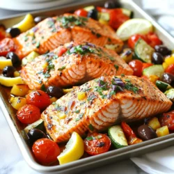 To make this dish, you need these fresh ingredients: - 4 salmon fillets (about 6 ounces each) - 1 cup cherry tomatoes, halved - 1 medium zucchini, sliced into half-moons - 1 bell pepper (red or yellow), diced - 1 red onion, cut into wedges - 1/2 cup black olives, pitted and halved - 3 tablespoons olive oil - 2 teaspoons dried oregano - 2 teaspoons garlic powder - Salt and pepper to taste - Fresh parsley, chopped (for garnish) - Lemon wedges (for serving) You might not have all the listed ingredients. Here are some easy swaps: - Salmon: Try trout or cod for a different taste. - Olives: Use green olives if black ones are not available. - Zucchini: Yellow squash works great instead. - Bell Pepper: Any color bell pepper will do. - Fresh Herbs: Use dried herbs if you don’t have fresh ones. Fresh ingredients usually taste better. However, frozen can work well too. - Salmon: Fresh is best for flavor, but frozen is fine if thawed properly. - Vegetables: Fresh veggies add crunch. Frozen can be used but may lack texture. - Olive Oil: Always use high-quality olive oil for the best flavor. Choosing the right ingredients ensures your dish tastes amazing! {{ingredient_image_1}} To start, preheat your oven to 400°F (200°C). This temperature ensures the salmon and veggies cook evenly. Line a large sheet pan with parchment paper or lightly grease it. This makes cleanup easy. In a big bowl, mix together the cherry tomatoes, zucchini, bell pepper, red onion, and black olives. Pour in 2 tablespoons of olive oil. Season with salt, pepper, and 1 teaspoon of oregano. Toss well until everything is coated. Spread the veggie mix on one side of the sheet pan. Next, place the salmon fillets next to the vegetables. Drizzle the remaining olive oil over the salmon. Then sprinkle garlic powder, the rest of the oregano, salt, and pepper on top. Bake in the oven for 15 to 20 minutes. The salmon should flake easily with a fork. The veggies will become tender and slightly caramelized. Once done, take the sheet pan out of the oven. Let it cool for a few minutes. Garnish your dish with fresh parsley. Serve with lemon wedges for a zesty kick. For the best results, choose salmon fillets that are similar in size. This helps them cook evenly. Always check for doneness by using a fork. If it flakes easily, it’s ready. If using skin-on fillets, place them skin-side down for a crispy texture. Baking at 400°F (200°C) is ideal for this dish. It cooks the salmon quickly while roasting the veggies. This temperature brings out the natural flavors. Cook for 15 to 20 minutes, depending on thickness. A thinner fillet cooks faster, while thicker ones may need more time. Always keep an eye on your meal to avoid overcooking. To boost the Mediterranean taste, use fresh herbs. Basil, dill, and thyme add great depth. A splash of balsamic vinegar can also brighten your dish. Consider marinating the salmon in olive oil, lemon juice, and garlic before cooking. This helps infuse flavor and keeps the fish moist. Garnish your dish with fresh parsley for color and taste. Lemon wedges add a zesty touch and balance the richness of salmon. Serve it with crusty bread or a light salad to make a complete meal. Some rice or couscous on the side also works well. One common mistake is overcrowding the pan. This can lead to steaming instead of roasting. Make sure the salmon and veggies have space. Another mistake is not checking the salmon's doneness. Use a fork to test if it flakes easily. Lastly, remember to season well. A little salt and pepper go a long way in enhancing flavor. Pro Tips Use Fresh Ingredients: Fresh vegetables and salmon will enhance the flavor and texture of your dish. Try to source seasonal produce for the best taste. Don’t Overcrowd the Pan: Give the salmon and vegetables enough space on the sheet pan to ensure even cooking and proper caramelization. Check for Doneness: Salmon should be cooked to an internal temperature of 145°F (63°C). Use a fork to see if it flakes easily for perfect doneness. Experiment with Flavors: Feel free to add other Mediterranean ingredients, such as feta cheese or artichoke hearts, to customize the dish to your taste. {{image_2}} You can easily change this recipe to fit your diet. If you want to go low-carb, skip the zucchini and use cauliflower instead. Cauliflower tastes great and cooks well. For a vegetarian option, swap salmon for chickpeas. Roasted chickpeas add protein and flavor. If you're gluten-free, this recipe already works for you. Just ensure your olives and any other packaged items are gluten-free. You can also use fresh herbs like basil or thyme for a different twist. I love baking this dish because it’s simple and hands-off. However, grilling gives the salmon a nice smoky flavor. If you choose to grill, prepare your vegetables in a grill basket. Cook the salmon on a hot grill for about 6-8 minutes per side. Make sure the grill is well-oiled to avoid sticking. Baking in the oven is easy too. You can prep everything on the sheet pan and let it cook while you relax. Both methods yield tasty results, so pick whichever you enjoy more. This sheet pan meal is perfect for meal prep. Make a double batch and store leftovers in containers. You can keep it in the fridge for up to four days. It reheats well in the microwave or oven. To save time, cut your veggies ahead of time and store them in the fridge. This way, you can quickly assemble the meal when you’re ready to cook. You also can mix and match sides, like quinoa or couscous, for variety throughout the week. To store leftovers of your Mediterranean salmon, let it cool first. Place the salmon and veggies in an airtight container. Store them in the fridge for up to three days. Make sure to keep the lemon wedges separate, so they stay fresh. Always label your container with the date for easy tracking. When you're ready to enjoy leftovers, preheat your oven to 350°F (175°C). Place the salmon and veggies on a baking sheet. Cover them with foil to keep moisture in. Heat for about 10-15 minutes or until warm. You can also use a microwave, but the oven keeps the salmon tasty and flaky. If you want to save some for later, freezing works well. Wrap the salmon and veggies tightly in plastic wrap. Then, place them in a freezer bag or container. Make sure to squeeze out any air. They can last for up to three months in the freezer. When you're ready to eat, thaw them in the fridge overnight before reheating. It takes about 15 to 20 minutes to cook salmon on a sheet pan. The exact time depends on the thickness of your fillets. You want the salmon to be opaque and flake easily with a fork. Checking it at the 15-minute mark is a good idea. If you need a bit more time, just keep an eye on it. Yes, you can use other types of fish. Cod, trout, or tilapia work well too. Just make sure to adjust the cooking time. Thinner fish will cook faster, so check them at around 12 minutes. Feel free to experiment with different flavors and textures. Pair your Mediterranean salmon with a variety of sides. I suggest a fresh salad or roasted vegetables. Quinoa or couscous also makes a great base. For a light touch, add lemon wedges for extra flavor. You can even serve some warm pita bread or hummus on the side. These options will enhance the meal and make it even more enjoyable. You now have everything you need to make delicious sheet pan Mediterranean salmon. We covered the ingredients, cooking methods, and tips for perfecting the dish. Remember to adjust for your taste and dietary needs. The right sides can enhance your meal, so choose wisely. Store any leftovers properly for later enjoyment. With these steps, you can enjoy a healthy dish that impresses anyone. Trust me; you’re ready to cook this easy and tasty meal!