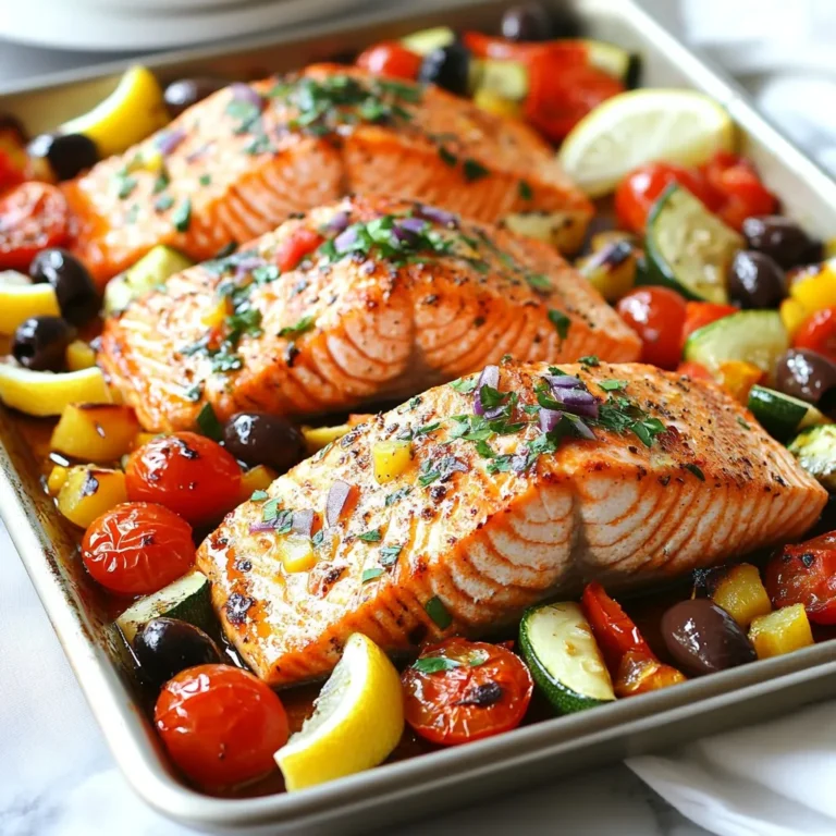 To make this dish, you need these fresh ingredients: - 4 salmon fillets (about 6 ounces each) - 1 cup cherry tomatoes, halved - 1 medium zucchini, sliced into half-moons - 1 bell pepper (red or yellow), diced - 1 red onion, cut into wedges - 1/2 cup black olives, pitted and halved - 3 tablespoons olive oil - 2 teaspoons dried oregano - 2 teaspoons garlic powder - Salt and pepper to taste - Fresh parsley, chopped (for garnish) - Lemon wedges (for serving) You might not have all the listed ingredients. Here are some easy swaps: - Salmon: Try trout or cod for a different taste. - Olives: Use green olives if black ones are not available. - Zucchini: Yellow squash works great instead. - Bell Pepper: Any color bell pepper will do. - Fresh Herbs: Use dried herbs if you don’t have fresh ones. Fresh ingredients usually taste better. However, frozen can work well too. - Salmon: Fresh is best for flavor, but frozen is fine if thawed properly. - Vegetables: Fresh veggies add crunch. Frozen can be used but may lack texture. - Olive Oil: Always use high-quality olive oil for the best flavor. Choosing the right ingredients ensures your dish tastes amazing! {{ingredient_image_1}} To start, preheat your oven to 400°F (200°C). This temperature ensures the salmon and veggies cook evenly. Line a large sheet pan with parchment paper or lightly grease it. This makes cleanup easy. In a big bowl, mix together the cherry tomatoes, zucchini, bell pepper, red onion, and black olives. Pour in 2 tablespoons of olive oil. Season with salt, pepper, and 1 teaspoon of oregano. Toss well until everything is coated. Spread the veggie mix on one side of the sheet pan. Next, place the salmon fillets next to the vegetables. Drizzle the remaining olive oil over the salmon. Then sprinkle garlic powder, the rest of the oregano, salt, and pepper on top. Bake in the oven for 15 to 20 minutes. The salmon should flake easily with a fork. The veggies will become tender and slightly caramelized. Once done, take the sheet pan out of the oven. Let it cool for a few minutes. Garnish your dish with fresh parsley. Serve with lemon wedges for a zesty kick. For the best results, choose salmon fillets that are similar in size. This helps them cook evenly. Always check for doneness by using a fork. If it flakes easily, it’s ready. If using skin-on fillets, place them skin-side down for a crispy texture. Baking at 400°F (200°C) is ideal for this dish. It cooks the salmon quickly while roasting the veggies. This temperature brings out the natural flavors. Cook for 15 to 20 minutes, depending on thickness. A thinner fillet cooks faster, while thicker ones may need more time. Always keep an eye on your meal to avoid overcooking. To boost the Mediterranean taste, use fresh herbs. Basil, dill, and thyme add great depth. A splash of balsamic vinegar can also brighten your dish. Consider marinating the salmon in olive oil, lemon juice, and garlic before cooking. This helps infuse flavor and keeps the fish moist. Garnish your dish with fresh parsley for color and taste. Lemon wedges add a zesty touch and balance the richness of salmon. Serve it with crusty bread or a light salad to make a complete meal. Some rice or couscous on the side also works well. One common mistake is overcrowding the pan. This can lead to steaming instead of roasting. Make sure the salmon and veggies have space. Another mistake is not checking the salmon's doneness. Use a fork to test if it flakes easily. Lastly, remember to season well. A little salt and pepper go a long way in enhancing flavor. Pro Tips Use Fresh Ingredients: Fresh vegetables and salmon will enhance the flavor and texture of your dish. Try to source seasonal produce for the best taste. Don’t Overcrowd the Pan: Give the salmon and vegetables enough space on the sheet pan to ensure even cooking and proper caramelization. Check for Doneness: Salmon should be cooked to an internal temperature of 145°F (63°C). Use a fork to see if it flakes easily for perfect doneness. Experiment with Flavors: Feel free to add other Mediterranean ingredients, such as feta cheese or artichoke hearts, to customize the dish to your taste. {{image_2}} You can easily change this recipe to fit your diet. If you want to go low-carb, skip the zucchini and use cauliflower instead. Cauliflower tastes great and cooks well. For a vegetarian option, swap salmon for chickpeas. Roasted chickpeas add protein and flavor. If you're gluten-free, this recipe already works for you. Just ensure your olives and any other packaged items are gluten-free. You can also use fresh herbs like basil or thyme for a different twist. I love baking this dish because it’s simple and hands-off. However, grilling gives the salmon a nice smoky flavor. If you choose to grill, prepare your vegetables in a grill basket. Cook the salmon on a hot grill for about 6-8 minutes per side. Make sure the grill is well-oiled to avoid sticking. Baking in the oven is easy too. You can prep everything on the sheet pan and let it cook while you relax. Both methods yield tasty results, so pick whichever you enjoy more. This sheet pan meal is perfect for meal prep. Make a double batch and store leftovers in containers. You can keep it in the fridge for up to four days. It reheats well in the microwave or oven. To save time, cut your veggies ahead of time and store them in the fridge. This way, you can quickly assemble the meal when you’re ready to cook. You also can mix and match sides, like quinoa or couscous, for variety throughout the week. To store leftovers of your Mediterranean salmon, let it cool first. Place the salmon and veggies in an airtight container. Store them in the fridge for up to three days. Make sure to keep the lemon wedges separate, so they stay fresh. Always label your container with the date for easy tracking. When you're ready to enjoy leftovers, preheat your oven to 350°F (175°C). Place the salmon and veggies on a baking sheet. Cover them with foil to keep moisture in. Heat for about 10-15 minutes or until warm. You can also use a microwave, but the oven keeps the salmon tasty and flaky. If you want to save some for later, freezing works well. Wrap the salmon and veggies tightly in plastic wrap. Then, place them in a freezer bag or container. Make sure to squeeze out any air. They can last for up to three months in the freezer. When you're ready to eat, thaw them in the fridge overnight before reheating. It takes about 15 to 20 minutes to cook salmon on a sheet pan. The exact time depends on the thickness of your fillets. You want the salmon to be opaque and flake easily with a fork. Checking it at the 15-minute mark is a good idea. If you need a bit more time, just keep an eye on it. Yes, you can use other types of fish. Cod, trout, or tilapia work well too. Just make sure to adjust the cooking time. Thinner fish will cook faster, so check them at around 12 minutes. Feel free to experiment with different flavors and textures. Pair your Mediterranean salmon with a variety of sides. I suggest a fresh salad or roasted vegetables. Quinoa or couscous also makes a great base. For a light touch, add lemon wedges for extra flavor. You can even serve some warm pita bread or hummus on the side. These options will enhance the meal and make it even more enjoyable. You now have everything you need to make delicious sheet pan Mediterranean salmon. We covered the ingredients, cooking methods, and tips for perfecting the dish. Remember to adjust for your taste and dietary needs. The right sides can enhance your meal, so choose wisely. Store any leftovers properly for later enjoyment. With these steps, you can enjoy a healthy dish that impresses anyone. Trust me; you’re ready to cook this easy and tasty meal!