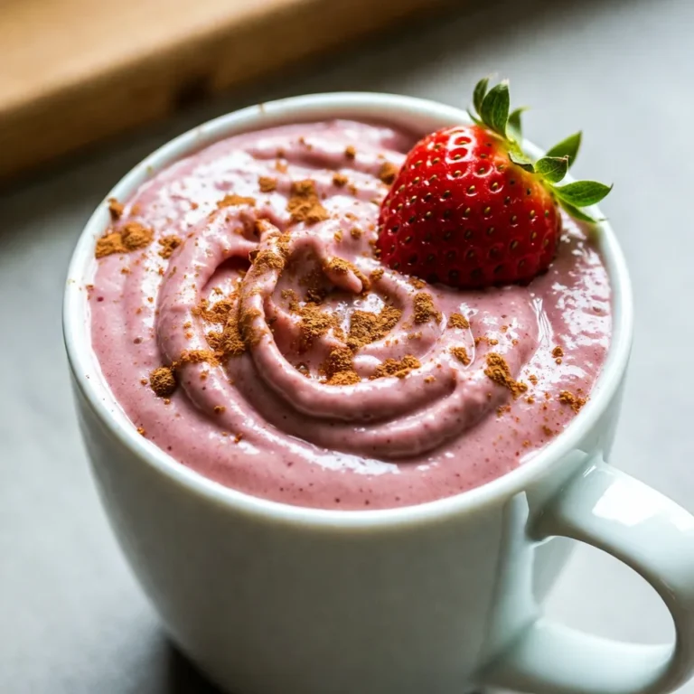 To make a delicious Strawberry Cheesecake Smoothie, gather these simple ingredients: - 1 cup fresh or frozen strawberries - 1/2 cup cream cheese, softened - 1 cup Greek yogurt - 1/2 cup milk (dairy or non-dairy) - 2 tablespoons honey or maple syrup (adjust to taste) - 1 teaspoon vanilla extract - 1/4 teaspoon ground cinnamon - A handful of ice cubes (optional) Each ingredient plays a key role in creating that creamy, refreshing flavor. Fresh or frozen strawberries give the smoothie its fruity base. Cream cheese adds richness and that classic cheesecake taste. Greek yogurt brings creaminess and protein, making it both tasty and filling. The milk helps blend everything smoothly. Honey or maple syrup sweetens the drink, and vanilla extract adds depth. Ground cinnamon gives a hint of warmth, while ice cubes can make it nice and chilled if desired. These ingredients come together to create a drink that is not just tasty but also feels like a dessert. Enjoy making this smoothie as a treat or a snack! {{ingredient_image_1}} Start by preparing your strawberries. If you have fresh ones, rinse them under cold water. Next, hull them by removing the green tops. This step gets rid of any dirt or bad bits. If you use frozen strawberries, you don't need to prep them at all. Just grab them straight from the freezer. Now, it’s time to blend! In your blender, add the strawberries, softened cream cheese, Greek yogurt, and milk. This mix creates a rich base. Next, pour in your sweetener, either honey or maple syrup. Add the vanilla extract and ground cinnamon for extra flavor. These small touches make a big difference in taste. Want a thick smoothie? Toss in a handful of ice cubes. Blend until smooth. If you like a thinner texture, simply add more milk. Blend again to mix everything well. Keep tasting as you go. You can always adjust sweetness or thickness to match your preference. Enjoy your creamy and refreshing drink right away for the best flavor! To adjust the sweetness of your smoothie, taste it after blending. If it needs more sweetness, add more honey or maple syrup. Blend again for a few seconds to mix. You can switch honey for agave syrup or stevia if you want a different flavor. These options suit various diets and preferences. For a creamy and thick smoothie, use frozen strawberries and add ice cubes. This makes the drink cold and thick. If your smoothie is too thick, pour in a bit more milk. When blending, start on a low setting, then switch to high for the best results. This helps mix everything smoothly. To serve your smoothie, pour it into tall glasses. This makes it look nice and inviting. For a fun touch, add a strawberry slice on the rim. You can also sprinkle a bit of ground cinnamon on top for extra flavor and appeal. Enjoy your drink right away for the best taste! Pro Tips Use Frozen Strawberries: Using frozen strawberries can give your smoothie a thicker texture and keep it cold without needing extra ice. Adjust Sweetness: Always taste the smoothie before serving; you can adjust the sweetness by adding more honey or maple syrup as needed. Experiment with Flavors: Feel free to add other fruits like bananas or blueberries for a different flavor profile and additional nutrients. Chill Your Ingredients: For an extra refreshing smoothie, chill your cream cheese and yogurt in the refrigerator before blending. {{image_2}} You can switch up the strawberries for other berries. Blueberries, raspberries, or blackberries work great. You can also try tropical fruits. Pineapples and mangoes give a fun twist. Mixing fruits adds new flavors and keeps things fresh. If you want a dairy-free option, use non-dairy cream cheese. Coconut or almond cream cheese is tasty. For yogurt, try almond or coconut yogurt. These make your smoothie just as creamy and delicious. Nut milks like almond or oat work well too. They blend nicely and keep the smoothie smooth. Want to make your smoothie even healthier? You can add greens like spinach or kale. These add vitamins without changing the taste much. Adding protein powder or seeds can boost nutrition too. Chia seeds or flaxseeds are great choices. They give extra fiber and nutrients. After making your strawberry cheesecake smoothie, you may have some left. To keep it fresh, store it in an airtight container. Glass jars or plastic containers work well. Make sure to seal them tightly. This helps keep the flavor and texture intact. You can store the smoothie in the fridge for up to 24 hours. If you want to save the smoothie for later, freezing is a great option. Pour any extra smoothie into an ice cube tray or freezer-safe container. Make sure to leave space at the top, as the smoothie will expand when frozen. You can keep it frozen for up to three months. When you want to enjoy it again, take it out of the freezer. Let it thaw in the fridge overnight. If you're in a hurry, you can microwave it for a short time. Blend it again after thawing to restore its creamy texture. Enjoy your refreshing drink anytime! Yes, you can use frozen strawberries. They work great in smoothies. Frozen strawberries save you time. They are often picked at peak ripeness and frozen right away. This locks in their flavor and nutrients. Using frozen fruit makes your smoothie cold and thick. You do not need to wash or hull them. Just toss them in straight from the bag. Yes, you can make this smoothie vegan. To do this, swap cream cheese with a vegan cream cheese. Use coconut yogurt or almond yogurt instead of Greek yogurt. For milk, choose almond, soy, or oat milk. You can use maple syrup instead of honey to keep it vegan. These changes keep the taste creamy and smooth. You can make this smoothie healthier with a few simple tips. First, reduce the amount of honey or maple syrup. You can use half the amount and still enjoy great flavor. Second, choose a low-fat cream cheese or yogurt to cut fat. Lastly, add a handful of spinach or kale for extra vitamins. These additions keep your smoothie tasty and nutritious. We explored how to make a delicious strawberry smoothie using simple ingredients. You learned about preparation, blending tips, and ways to adjust sweetness and consistency. I shared ideas for variations, storage options, and common questions. Smoothies are fun and easy to make, and you can customize them to fit your taste. Enjoy experimenting with different fruits and flavors. Your perfect smoothie awaits!