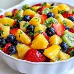 For a bright and tasty Honey Lime Fruit Salad, gather these fruits: - 1 cup strawberries, hulled and sliced - 1 cup blueberries - 1 cup kiwi, peeled and diced - 1 cup pineapple chunks - 1 orange, segmented Each fruit brings its own flavor. Strawberries add sweetness. Blueberries bring juiciness. Kiwi adds a tangy kick. Pineapple offers tropical vibes. Oranges add a fresh burst. The dressing is simple but packs a punch. You will need: - 3 tablespoons honey - 2 tablespoons lime juice - Zest of 1 lime Mixing honey with lime juice makes the salad shine. The zest adds a bright note. This dressing makes every bite special. To elevate your salad, consider these garnishes: - 1 tablespoon fresh mint leaves, chopped Mint adds a refreshing touch. A sprinkle on top makes the salad look pretty. You can also add nuts for crunch if you like. {{ingredient_image_1}} First, grab a big mixing bowl. Add 1 cup of sliced strawberries, 1 cup of blueberries, 1 cup of diced kiwi, 1 cup of pineapple chunks, and the segments of 1 orange. Make sure to mix them gently to keep the fruit whole. This medley of fresh fruits gives the salad a vibrant color and tasty flavors. Next, take a small bowl. Whisk together 3 tablespoons of honey, 2 tablespoons of lime juice, and the zest of 1 lime. Mix until it looks smooth and creamy. This dressing adds a sweet and tangy kick to the salad. Adjust the lime juice if you want it tangier. Now, drizzle the honey lime dressing over the fruit mix. Use a spatula to toss the fruits gently. Make sure they all get a nice coat of dressing. Finally, sprinkle some chopped mint leaves on top. Toss it one last time to mix in the mint. Serve right away for the best taste, or chill it for 30 minutes. Enjoy the refreshing burst of flavors! Choose ripe and fresh fruits for the best taste. Look for strawberries that are bright red and firm. Blueberries should be plump and shiny. Kiwi should feel slightly soft but not too mushy. For pineapple, pick chunks that smell sweet and tropical. Oranges should be heavy and juicy. These fruits bring color and flavor to your salad. Adding fresh mint brings a cool taste to your dish. Chop the mint leaves finely before adding them. You can also try basil for a unique twist. Just remember to use herbs that match the fruits. This step adds freshness and depth to each bite. Honey lime fruit salad is perfect for many events. Serve it at picnics, barbecues, or brunches. It’s a great side dish for grilled meats, too. You can also serve it in individual cups for a fancy touch. Try adding a scoop of yogurt for a creamy twist. This dish is not only tasty but also healthy and refreshing. Pro Tips Choose Seasonal Fruits: Using seasonal fruits will enhance the flavor and freshness of your salad. Look for vibrant, ripe produce for the best results. Mint Preparation: To release more flavor from mint leaves, gently bruise them with your fingers before adding to the salad. Chill Before Serving: Allowing the fruit salad to sit in the fridge for about 30 minutes before serving helps the flavors meld together beautifully. Customize the Dressing: Feel free to adjust the sweetness or acidity of the dressing by adding more honey or lime juice according to your taste preferences. {{image_2}} If you have allergies, you can still enjoy this fruit salad. Use maple syrup instead of honey for a vegan option. If you cannot eat citrus, replace lime juice with apple cider vinegar. Always check labels on packaged foods to be safe. This way, you can make a tasty dish that suits your needs. Using seasonal fruits makes this salad even better. In summer, add peaches or cherries for a sweet touch. In fall, use apples or pears for crunch and flavor. Each season brings new options. You can mix and match fruits based on what you love. This keeps the salad fresh and exciting. For a crunchy element, add nuts or seeds. Chopped walnuts or almonds bring a nice texture. Sunflower seeds or pumpkin seeds work well too. These ingredients also add healthy fats and protein. Just be sure to check for allergies before adding them. You can create a unique twist on the classic salad while enhancing its nutrition. To keep your Honey Lime Fruit Salad fresh, store it in an airtight container. Use a bowl with a lid or plastic wrap. This helps prevent the fruits from drying out. Avoid mixing the dressing with the fruit if you plan to store it. Keep the dressing separate until serving. Your salad will stay fresh for about one day in the fridge. After that, the fruit may start to lose its texture and flavor. If you notice any browning or mushiness, it’s time to toss it. Always check for freshness before eating leftovers. If you have extra fruit, think of fun ways to use it! You can add leftover strawberries or blueberries to smoothies. Mix them into yogurt for a tasty snack. You can even top pancakes or oatmeal with the fruit. This way, nothing goes to waste, and you enjoy new dishes! Yes, you can make this salad ahead of time. However, it tastes best when fresh. If you want to prepare it early, mix the fruit and dressing separately. Combine them just before serving to keep the fruit crisp. If you need to store it, refrigerate it for up to 30 minutes. This way, the flavors blend without the fruit getting mushy. This salad shines with a mix of vibrant fruits. I love using: - Strawberries - Blueberries - Kiwi - Pineapple - Oranges These fruits add color, flavor, and texture. You can also try other fruits like mango, grapes, or apples. Just ensure they are ripe for the best taste. To adjust the sweetness, you can change the honey amount. If you like it sweeter, add more honey. If you want it less sweet, reduce the honey. You can also add a pinch of salt to balance the flavors. Taste as you go to find your perfect mix. This blog post covered how to make a tasty Honey Lime Fruit Salad. We explored ingredient lists, simple steps, and helpful tips. Remember to pick fresh fruits and use herbs to boost flavors. Consider variations for allergies or seasonal fruits to keep things interesting. Enjoy your salad today, and don't forget to store leftovers properly. I hope you feel ready to make this delicious dish and impress everyone at your table.