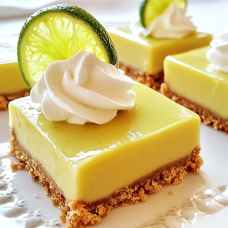To make Key Lime Pie Bars, you need a few key ingredients. These ingredients create the sweet and tart flavor everyone loves. Here’s what you will need: - 1 cup graham cracker crumbs - 1/4 cup granulated sugar - 1/2 cup unsalted butter, melted - 1 (14 oz) can sweetened condensed milk - 1/2 cup freshly squeezed key lime juice (or regular lime juice) - 3 large egg yolks - Zest of 2 key limes Each ingredient plays an important role. The graham cracker crumbs give a crunchy base. The sweetened condensed milk adds creaminess. The key lime juice brings that zesty flavor. While the bars taste great on their own, some extras can make them even better. Here are some optional ingredients to consider for serving: - Whipped cream, for serving - Lime wedges, for garnish These toppings add a nice touch. Whipped cream makes the bars richer. Lime wedges give an extra zesty bite. If you don’t have something on hand, don’t worry! Here are some easy substitutions you can use: - For graham cracker crumbs, try digestive biscuits or vanilla wafer crumbs. - If you can't find key limes, regular limes work just fine. - Use coconut cream instead of sweetened condensed milk for a dairy-free option. These substitutions keep the flavor strong while allowing for flexibility. Cooking should be fun! Try what you have and make it your own. {{ingredient_image_1}} Start by preheating your oven to 350°F (175°C). In a medium bowl, mix 1 cup of graham cracker crumbs, 1/4 cup of granulated sugar, and 1/2 cup of melted unsalted butter. Stir until the mixture is well combined. This will be your crust. Next, press the mixture firmly into the bottom of an 8x8 inch baking dish. Make sure it is even and compact. Bake the crust for about 10 minutes. You want it to be lightly golden. Once baked, take it out and let it cool. In a separate bowl, whisk together one 14 oz can of sweetened condensed milk, 1/2 cup of freshly squeezed key lime juice, and 3 large egg yolks. Add the zest of 2 key limes to the mix. Whisk until the filling is smooth and creamy. This mix is what gives the bars their zesty flavor. After making the filling, pour it over your cooled crust. Spread it evenly. Bake in the oven for an additional 15-20 minutes. You want the filling to be set and slightly firm to the touch. When done, remove it from the oven. Let it cool to room temperature. After cooling, refrigerate the bars for at least 2 hours. This helps them set up perfectly. Once chilled, cut into squares or rectangles. Serve them topped with whipped cream and a slice of lime, if you like. Enjoy the fresh taste of your key lime pie bars! To get the best texture, focus on your crust. Make sure your graham cracker crumbs are fine. Mix them well with the sugar and melted butter. Press the mixture firmly into the baking dish. This helps it hold together. For the filling, whisk the sweetened condensed milk and egg yolks until smooth. This makes the filling creamy. Bake until it's just set. You want it firm, but not overcooked. Avoid using old graham crackers. Fresh crumbs give a better flavor. Don’t skip the cooling steps. Let the crust cool before adding the filling. Also, don’t overbake the bars. If they look firm, they are done. Overbaking makes them dry, and we want them creamy. Lastly, avoid cutting the bars too soon. Let them chill in the fridge for at least two hours. For a fun serving idea, cut the bars into small squares. Top each square with a dollop of whipped cream. Add a slice of lime for color and taste. You can also sprinkle some lime zest on top for extra flair. Serve them chilled on a nice plate. This makes them look more appealing. You can even use colorful napkins to brighten up your table. Pro Tips Use Fresh Limes: For the best flavor, always use freshly squeezed key lime juice instead of bottled juice. Fresh limes provide a vibrant taste that elevates your pie bars. Chill Thoroughly: Make sure to refrigerate the bars for at least 2 hours before serving. This allows the filling to set properly and enhances the overall texture. Customize the Crust: Feel free to add crushed nuts or coconut to the graham cracker crust for an extra layer of flavor and texture. Garnish Creatively: Top your key lime pie bars with fresh lime zest or edible flowers for a beautiful presentation that will impress your guests. {{image_2}} You can change the taste of your Key Lime Pie Bars by using other citrus fruits. Try using fresh lemon juice for a bright twist. Lemon adds a nice tartness that pairs well with the creamy filling. You can also use orange juice for a sweeter flavor. This will give your bars a fun, new taste. If you need gluten-free bars, use gluten-free graham cracker crumbs. They taste just as good. For a dairy-free version, substitute the sweetened condensed milk with a dairy-free option. You can find coconut milk or almond milk versions. This keeps the bars creamy and delicious without dairy. Toppings can make your Key Lime Pie Bars even more fun. Consider adding fresh berries like strawberries or blueberries. They add color and a burst of flavor. Another tasty option is toasted coconut flakes. They give a nice crunch and a tropical touch. You can also drizzle some chocolate or caramel sauce on top for a sweet surprise. To keep your Key Lime Pie Bars fresh, store them in an airtight container. This helps stop them from drying out. You can also cover the dish with plastic wrap. Make sure they stay chilled in the fridge. The cold helps keep the bright flavor and creamy texture intact. If you want to freeze your Key Lime Pie Bars, cut them into squares first. Place the bars in a single layer on a baking sheet. Freeze them for about an hour. Once frozen, wrap each bar in plastic wrap, then place them in a freezer bag. This method keeps them from sticking together. You can freeze them for up to three months. When ready to eat, just thaw them in the fridge overnight. In the fridge, Key Lime Pie Bars last for about five days. After that, the texture may change. They might not taste as fresh. If you notice any signs of spoilage, it’s best to toss them. Enjoy them while they’re at their best! Key Lime Pie Bars are a dessert that captures the bright taste of key limes. They have a crunchy graham cracker crust and a smooth, tangy filling. This treat is easy to slice and serve, making it perfect for gatherings. Yes, you can use regular limes. They will change the flavor a bit. Key limes are smaller and have a strong taste. Regular limes are larger and less tart. Both options will still make tasty bars. The bars are done when the filling is set and slightly firm. You can gently touch the surface. If it does not jiggle, it is ready. A light golden color around the edges is also a good sign. Yes, you can make these bars ahead of time. They chill well in the fridge. Prepare them a day before your event for best results. Just remember to let them cool completely before refrigerating. You can make a quick mix of milk and sugar. Use 1 cup of milk and add 2/3 cup of sugar. Heat until the sugar dissolves. This will give you a similar sweet taste without using canned milk. Key Lime Pie Bars are simple yet delicious. We covered key ingredients, optional toppings, and substitutions. I shared step-by-step instructions for prepping and baking these bars. You learned tips for great texture and common mistakes to avoid. I explored fun variations and how to store them properly. Now, you can make these tasty treats with confidence. Enjoy the bright citrus flavor, and don’t hesitate to get creative with your toppings!