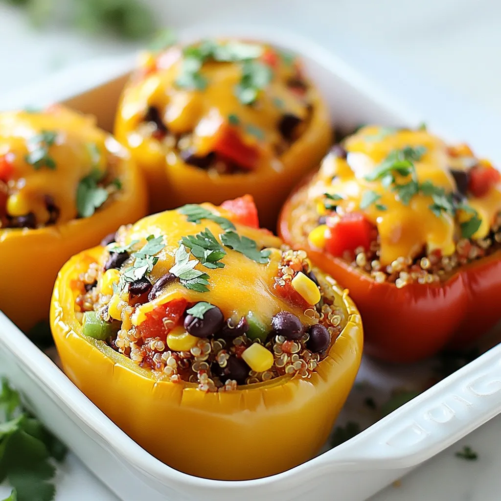 To make these stuffed peppers, you will need: - 4 large bell peppers (any color) - 1 cup quinoa, rinsed - 2 cups vegetable broth - 1 can (15 oz) black beans, rinsed and drained - 1 cup corn (fresh, frozen, or canned) - 1 small red onion, diced - 1 cup diced tomatoes (canned or fresh) - 1 tablespoon olive oil - 2 teaspoons cumin - 1 teaspoon smoked paprika - Salt and pepper to taste - 1 cup shredded cheddar cheese (optional) - Fresh cilantro, chopped (for garnish) You can add more to your dish by using: - 1 jalapeño, diced for heat - 1 teaspoon garlic powder for depth - 1 teaspoon lime juice for brightness - Avocado slices for creaminess These optional ingredients can enhance the taste and texture of your stuffed peppers. Feel free to mix and match based on what you enjoy! Each serving (1 stuffed pepper) provides: - Calories: 320 - Protein: 12g - Carbohydrates: 50g - Dietary Fiber: 10g - Total Fat: 9g This dish offers a great balance of nutrients. It's rich in fiber and protein, making it filling and wholesome. Enjoy knowing that you're eating something both tasty and good for you! {{ingredient_image_1}} To start, gather all your ingredients. You need four bell peppers, quinoa, black beans, corn, diced tomatoes, onion, olive oil, and spices. Rinse the quinoa under cold water. This helps remove any bitter taste. While rinsing, prepare the peppers. Cut the tops off and take out the seeds. Brush them lightly with olive oil to add flavor and keep them moist. 1. Preheat the Oven: Set your oven to 375°F (190°C). This helps cook the peppers evenly. 2. Cook the Quinoa: In a medium pot, combine one cup of rinsed quinoa and two cups of vegetable broth. Bring it to a boil, cover, and reduce the heat. Let it simmer for about 15 minutes. The quinoa should absorb all the liquid and become fluffy. 3. Sauté the Onion: In a large skillet, heat one tablespoon of olive oil over medium heat. Add the diced red onion and sauté for about five minutes. The onion should become soft and translucent. 4. Mix in Other Ingredients: Add the black beans, corn, diced tomatoes, cumin, and smoked paprika to the skillet. Then, stir in the cooked quinoa. Mix everything well and season with salt and pepper. Cook for an extra five minutes until warmed through. 5. Stuff the Peppers: Generously fill each bell pepper with the quinoa mixture. If you like cheese, sprinkle shredded cheddar on top. 6. Bake the Peppers: Cover the baking dish with aluminum foil and bake for 25 minutes. Remove the foil and bake for another 10-15 minutes. The peppers should be tender, and the cheese should melt. 7. Garnish and Serve: Once done, take the peppers out and let them cool for a few minutes. Add fresh cilantro on top before serving. To get fluffy quinoa, rinse it well before cooking. This helps remove the saponins that can make it taste bitter. Use the right water-to-quinoa ratio, which is two cups of liquid for one cup of quinoa. After cooking, let it sit covered for five minutes before fluffing with a fork. This extra step makes a big difference in texture. When making Southwest quinoa stuffed peppers, avoid overcooking the peppers. If they cook too long, they turn mushy. Instead, slightly undercook them before baking. This keeps them firm. Another mistake is not seasoning the filling well. Taste your quinoa mixture before stuffing. Adjust salt and pepper as needed. This ensures bold flavors in every bite. To enhance flavors, use fresh herbs. Fresh cilantro adds a bright touch. Squeeze some lime juice for extra zest. Try different spices too. Add a pinch of cayenne for heat or smoked paprika for depth. Mix in some diced jalapeños if you like spice. Consider using vegetable broth instead of water for cooking quinoa. This gives it a richer taste. For a beautiful presentation, serve stuffed peppers on a colorful plate. Add a sprinkle of fresh cilantro on top. A lime wedge adds color and freshness. Pair these peppers with a side salad or some avocado slices. This gives a nice contrast in texture and flavor. Encourage your guests to squeeze lime over their peppers. It brightens each bite and makes it more fun. Pro Tips Choose Colorful Peppers: Using a variety of bell pepper colors not only enhances the visual appeal but also adds a subtle difference in flavor. Experiment with Spices: Feel free to add other spices or herbs like oregano or chili powder to customize the flavor profile of your stuffing. Make Ahead: Prepare the quinoa stuffing in advance and store it in the fridge. Stuff the peppers just before baking for a quick meal. Garnish for Freshness: Adding a squeeze of lime juice right before serving can elevate the flavors and add a refreshing touch to the dish. {{image_2}} You can make these stuffed peppers vegetarian or vegan easily. To keep them vegetarian, skip the cheese or use a plant-based cheese. If you want a vegan option, ensure your vegetable broth has no animal products. You can also add more veggies, like zucchini or mushrooms, for added texture. This way, you keep the meal fresh and colorful while packing in nutrients. For a low-carb or grain-free version, swap quinoa for cauliflower rice. Cauliflower rice adds a nice texture and cuts down on carbs. Simply pulse cauliflower florets in a food processor until they resemble rice. You’ll still want to sauté it with the same spices and beans. This change keeps the dish tasty and satisfying without the carbs from grains. To add a spicy kick, mix in some diced jalapeños or hot sauce to the filling. You can also add chili powder or cayenne pepper for extra heat. If you prefer a touch of sweetness, include a handful of diced sweet bell peppers or corn. These changes create a delightful contrast in flavors. Experimenting with spices and add-ins can lead to your perfect stuffed pepper! To keep your leftover stuffed peppers fresh, let them cool down first. Once cooled, place them in an airtight container. Store them in the fridge for up to four days. If you want to enjoy them later, freezing is a great option. When you’re ready to eat your stuffed peppers again, preheat your oven to 350°F (175°C). Place the peppers in a baking dish and cover it with aluminum foil. This helps keep them moist. Bake for about 20 minutes or until heated through. You can also microwave them for a quicker option. Just heat them on a microwave-safe plate for about 2-3 minutes. To freeze your stuffed peppers, wrap each pepper tightly in plastic wrap or foil. Store them in a freezer bag to prevent freezer burn. They can last up to three months in the freezer. When you're ready to cook them, thaw them overnight in the fridge. Then, just bake as usual for a tasty meal. Yes, you can use any type of pepper. Bell peppers are popular, but you can also try poblano, jalapeño, or even banana peppers. Each type adds a unique flavor. Just remember, some peppers are spicier than others. Choose based on your taste and heat preference. If you want a different grain, try brown rice or farro. Both work well in this recipe. For a gluten-free option, use millet or cauliflower rice. These choices still give you a hearty texture and help fill the peppers nicely. Cooking quinoa takes about 15 minutes. First, rinse it well to remove the bitter coating. Then, boil it in vegetable broth. Once boiling, reduce the heat, cover, and simmer. You’ll know it’s done when the liquid is absorbed and the grains are fluffy. This post explored making tasty Southwest Quinoa Stuffed Peppers. We covered the ingredients needed and optional extras to boost flavor. I shared step-by-step cooking and tips to ensure fluffy quinoa. You learned how to avoid common mistakes and enhance your dish's taste. We also discussed variations for different diets and how to store extras. In closing, these stuffed peppers are easy to make and full of flavor. Enjoy this healthy dish any time!