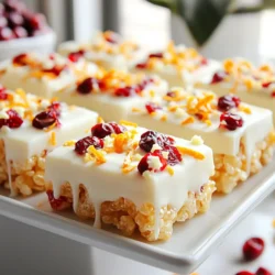 Cranberry Orange Rice Krispie Treats are simple yet delightful. Here’s what you need: - 4 cups Rice Krispie cereal - 1 cup mini marshmallows - 3 tablespoons unsalted butter - 1 teaspoon vanilla extract - Zest of 1 orange - 1/2 cup dried cranberries, chopped - 1/4 cup sliced almonds (optional) - 1/4 teaspoon salt - 1/2 cup white chocolate chips (optional for drizzling) Each ingredient plays a key role. The Rice Krispie cereal gives the treats their crunch. Mini marshmallows add sweetness and chewiness. Unsalted butter helps bind everything together while providing rich flavor. Vanilla extract enhances the taste, bringing warmth. The zest of orange adds a fresh, citrusy note that brightens the dish. Dried cranberries give a tart contrast, balancing the sweetness. Sliced almonds provide added texture and flavor, but they are optional. Salt is crucial for flavor balance, even in sweet treats. Finally, white chocolate chips can add a creamy drizzle. This extra touch can make the treats feel fancy. Gather these ingredients, and you’re ready to create a tasty treat! {{ingredient_image_1}} 1. Melting the butter and marshmallows Start by placing three tablespoons of unsalted butter in a large saucepan. Set the heat to low. As the butter melts, add one cup of mini marshmallows. Stir the mix until the marshmallows melt and blend smoothly with the butter. 2. Mixing in vanilla, orange zest, and salt Once the mixture is smooth, take the pan off the heat. Now, add one teaspoon of vanilla extract, the zest of one orange, and a pinch of salt. Stir well to mix all the flavors together. 3. Incorporating Rice Krispies and additional ingredients Next, fold in four cups of Rice Krispie cereal. Make sure each piece is coated with the marshmallow mix. Then, gently add ½ cup of chopped dried cranberries and ¼ cup of sliced almonds if you want some crunch. Be careful not to crush the cereal. 1. Pressing the mixture into the baking dish Grease a 9x13-inch baking dish with butter or non-stick spray. Pour the mixture into the dish and press it down evenly. Use a spatula or your hands, but wet your hands first to keep it from sticking. 2. Optional chocolate drizzle If you want to drizzle some white chocolate, melt ½ cup of white chocolate chips in the microwave. Do this in 20-second bursts, stirring until it’s smooth. Drizzle it over the top of the treats for a sweet touch. 1. Allowing the treats to cool Let the treats sit at room temperature until they are completely cool. This helps them set properly. 2. Cutting instructions for serving Once cooled, cut the treats into squares. Use a sharp knife to make clean cuts. Enjoy serving them on a nice platter, and consider garnishing with extra cranberries or orange zest for flair. When you melt the butter and marshmallows, use low heat. This lets them blend well without burning. Stir continuously until the mixture is smooth and creamy. Keep a close eye on it. This step is key to getting that perfect gooey texture. Next, when you fold in the Rice Krispie cereal, be gentle. Use a large spatula to lift and fold. This keeps the cereal crisp and light. If you stir too hard, you might crush them. That would change the texture. You can switch up the flavors with different ingredients. Try adding dried apricots or coconut flakes for a twist. If you want a nutty taste, use walnuts or pecans instead of almonds. For those with dietary needs, you can make simple swaps. Use dairy-free butter and marshmallows for a vegan option. Gluten-free Rice Krispies are also available for those avoiding gluten. Get creative with how you present your treats. You can cut them into fun shapes using cookie cutters. Arrange them on a colorful platter to make them pop. Add a sprinkle of extra orange zest or cranberries on top for a nice touch. Pair these treats with warm apple cider or a glass of milk. They also taste great with ice cream for a sweet dessert. Enjoy experimenting with different serving ideas! Pro Tips Use Fresh Ingredients: Fresh orange zest enhances the flavor significantly, giving your treats a vibrant citrus note. Don’t Overheat the Marshmallows: Gently melting the marshmallows prevents them from becoming too sticky, ensuring a better texture in your treats. Press Firmly: When packing the mixture into the dish, press down firmly to create dense squares that hold together well. Customize Your Mix-ins: Feel free to swap out cranberries and almonds for your favorite dried fruits or nuts to create personalized variations. {{image_2}} You can change the flavors in your treats by adding different dried fruits. Try using chopped apricots, raisins, or even mango. Each fruit gives a new twist to the taste. You can also mix in other nuts. Walnuts, pecans, or even peanuts add crunch and flavor. Experimenting with these options keeps your treats fresh and exciting. Make your treats fit the season! For holiday-themed treats, add festive sprinkles or colored chocolate. You can also use seasonal fruits, like cranberries in fall or strawberries in summer. These small changes make your treats perfect for parties or family gatherings. It’s fun to match your snacks to the season. If you want a lighter version, replace the butter with coconut oil. This change keeps the flavor rich while cutting calories. You can also use organic or gluten-free Rice Krispie cereal. This way, your treats become friendly for different diets. Enjoy a tasty treat without the guilt! To keep your Cranberry Orange Rice Krispie Treats fresh, store them in an airtight container. This prevents air from making them stale. You can use a plastic container or a zip-top bag. Make sure to press out all the air before sealing the bag. For added freshness, place a piece of wax paper between layers if you stack them. You can freeze these treats for later enjoyment. Cut them into squares and wrap each piece tightly with plastic wrap. Then, place the wrapped treats in a freezer bag. This way, they stay fresh for up to three months. When you want to eat them, take out the treats and let them thaw at room temperature. It usually takes about an hour to soften. At room temperature, these treats last about a week. Keep them in a cool and dry place. If they start to feel hard or lose flavor, they are likely stale. Signs of staleness include a dry texture or a crumbly feel. If you notice these changes, it’s best to toss them out. Can I use fresh cranberries instead of dried? You can use fresh cranberries, but they are very tart. Dried cranberries give a sweet touch. If you use fresh, add some sugar to balance the tartness. What can I use instead of butter? You can use coconut oil or margarine. Both will work well and still give your treats a nice flavor. How do I make these treats nut-free? To keep it nut-free, simply skip the sliced almonds. The recipe will still taste great without them. Can I make these ahead of time? Yes! You can make these treats a day or two in advance. Just store them in an airtight container. Is it necessary to use white chocolate for the drizzle? No, it’s not necessary. You can skip the drizzle or use dark chocolate instead. Both options taste delicious! This recipe for Cranberry Orange Rice Krispie Treats combines simple ingredients for fun, tasty treats. You melt butter and marshmallows, mix in flavors, and fold in Rice Krispies. Adjust the recipe with different fruits or nuts to fit your needs. Store them properly for freshness, or freeze extras for later. These treats are easy to make and perfect for sharing during holidays or cozy weekends. Enjoy the process and get creative! Your snacks will be a hit with family and friends.