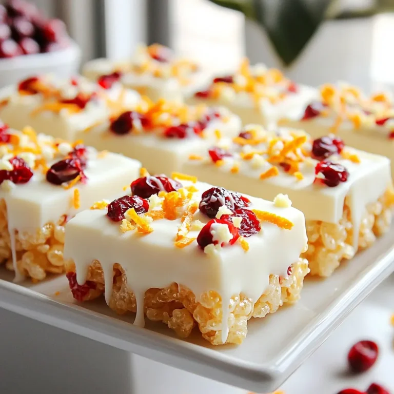 Cranberry Orange Rice Krispie Treats are simple yet delightful. Here’s what you need: - 4 cups Rice Krispie cereal - 1 cup mini marshmallows - 3 tablespoons unsalted butter - 1 teaspoon vanilla extract - Zest of 1 orange - 1/2 cup dried cranberries, chopped - 1/4 cup sliced almonds (optional) - 1/4 teaspoon salt - 1/2 cup white chocolate chips (optional for drizzling) Each ingredient plays a key role. The Rice Krispie cereal gives the treats their crunch. Mini marshmallows add sweetness and chewiness. Unsalted butter helps bind everything together while providing rich flavor. Vanilla extract enhances the taste, bringing warmth. The zest of orange adds a fresh, citrusy note that brightens the dish. Dried cranberries give a tart contrast, balancing the sweetness. Sliced almonds provide added texture and flavor, but they are optional. Salt is crucial for flavor balance, even in sweet treats. Finally, white chocolate chips can add a creamy drizzle. This extra touch can make the treats feel fancy. Gather these ingredients, and you’re ready to create a tasty treat! {{ingredient_image_1}} 1. Melting the butter and marshmallows Start by placing three tablespoons of unsalted butter in a large saucepan. Set the heat to low. As the butter melts, add one cup of mini marshmallows. Stir the mix until the marshmallows melt and blend smoothly with the butter. 2. Mixing in vanilla, orange zest, and salt Once the mixture is smooth, take the pan off the heat. Now, add one teaspoon of vanilla extract, the zest of one orange, and a pinch of salt. Stir well to mix all the flavors together. 3. Incorporating Rice Krispies and additional ingredients Next, fold in four cups of Rice Krispie cereal. Make sure each piece is coated with the marshmallow mix. Then, gently add ½ cup of chopped dried cranberries and ¼ cup of sliced almonds if you want some crunch. Be careful not to crush the cereal. 1. Pressing the mixture into the baking dish Grease a 9x13-inch baking dish with butter or non-stick spray. Pour the mixture into the dish and press it down evenly. Use a spatula or your hands, but wet your hands first to keep it from sticking. 2. Optional chocolate drizzle If you want to drizzle some white chocolate, melt ½ cup of white chocolate chips in the microwave. Do this in 20-second bursts, stirring until it’s smooth. Drizzle it over the top of the treats for a sweet touch. 1. Allowing the treats to cool Let the treats sit at room temperature until they are completely cool. This helps them set properly. 2. Cutting instructions for serving Once cooled, cut the treats into squares. Use a sharp knife to make clean cuts. Enjoy serving them on a nice platter, and consider garnishing with extra cranberries or orange zest for flair. When you melt the butter and marshmallows, use low heat. This lets them blend well without burning. Stir continuously until the mixture is smooth and creamy. Keep a close eye on it. This step is key to getting that perfect gooey texture. Next, when you fold in the Rice Krispie cereal, be gentle. Use a large spatula to lift and fold. This keeps the cereal crisp and light. If you stir too hard, you might crush them. That would change the texture. You can switch up the flavors with different ingredients. Try adding dried apricots or coconut flakes for a twist. If you want a nutty taste, use walnuts or pecans instead of almonds. For those with dietary needs, you can make simple swaps. Use dairy-free butter and marshmallows for a vegan option. Gluten-free Rice Krispies are also available for those avoiding gluten. Get creative with how you present your treats. You can cut them into fun shapes using cookie cutters. Arrange them on a colorful platter to make them pop. Add a sprinkle of extra orange zest or cranberries on top for a nice touch. Pair these treats with warm apple cider or a glass of milk. They also taste great with ice cream for a sweet dessert. Enjoy experimenting with different serving ideas! Pro Tips Use Fresh Ingredients: Fresh orange zest enhances the flavor significantly, giving your treats a vibrant citrus note. Don’t Overheat the Marshmallows: Gently melting the marshmallows prevents them from becoming too sticky, ensuring a better texture in your treats. Press Firmly: When packing the mixture into the dish, press down firmly to create dense squares that hold together well. Customize Your Mix-ins: Feel free to swap out cranberries and almonds for your favorite dried fruits or nuts to create personalized variations. {{image_2}} You can change the flavors in your treats by adding different dried fruits. Try using chopped apricots, raisins, or even mango. Each fruit gives a new twist to the taste. You can also mix in other nuts. Walnuts, pecans, or even peanuts add crunch and flavor. Experimenting with these options keeps your treats fresh and exciting. Make your treats fit the season! For holiday-themed treats, add festive sprinkles or colored chocolate. You can also use seasonal fruits, like cranberries in fall or strawberries in summer. These small changes make your treats perfect for parties or family gatherings. It’s fun to match your snacks to the season. If you want a lighter version, replace the butter with coconut oil. This change keeps the flavor rich while cutting calories. You can also use organic or gluten-free Rice Krispie cereal. This way, your treats become friendly for different diets. Enjoy a tasty treat without the guilt! To keep your Cranberry Orange Rice Krispie Treats fresh, store them in an airtight container. This prevents air from making them stale. You can use a plastic container or a zip-top bag. Make sure to press out all the air before sealing the bag. For added freshness, place a piece of wax paper between layers if you stack them. You can freeze these treats for later enjoyment. Cut them into squares and wrap each piece tightly with plastic wrap. Then, place the wrapped treats in a freezer bag. This way, they stay fresh for up to three months. When you want to eat them, take out the treats and let them thaw at room temperature. It usually takes about an hour to soften. At room temperature, these treats last about a week. Keep them in a cool and dry place. If they start to feel hard or lose flavor, they are likely stale. Signs of staleness include a dry texture or a crumbly feel. If you notice these changes, it’s best to toss them out. Can I use fresh cranberries instead of dried? You can use fresh cranberries, but they are very tart. Dried cranberries give a sweet touch. If you use fresh, add some sugar to balance the tartness. What can I use instead of butter? You can use coconut oil or margarine. Both will work well and still give your treats a nice flavor. How do I make these treats nut-free? To keep it nut-free, simply skip the sliced almonds. The recipe will still taste great without them. Can I make these ahead of time? Yes! You can make these treats a day or two in advance. Just store them in an airtight container. Is it necessary to use white chocolate for the drizzle? No, it’s not necessary. You can skip the drizzle or use dark chocolate instead. Both options taste delicious! This recipe for Cranberry Orange Rice Krispie Treats combines simple ingredients for fun, tasty treats. You melt butter and marshmallows, mix in flavors, and fold in Rice Krispies. Adjust the recipe with different fruits or nuts to fit your needs. Store them properly for freshness, or freeze extras for later. These treats are easy to make and perfect for sharing during holidays or cozy weekends. Enjoy the process and get creative! Your snacks will be a hit with family and friends.