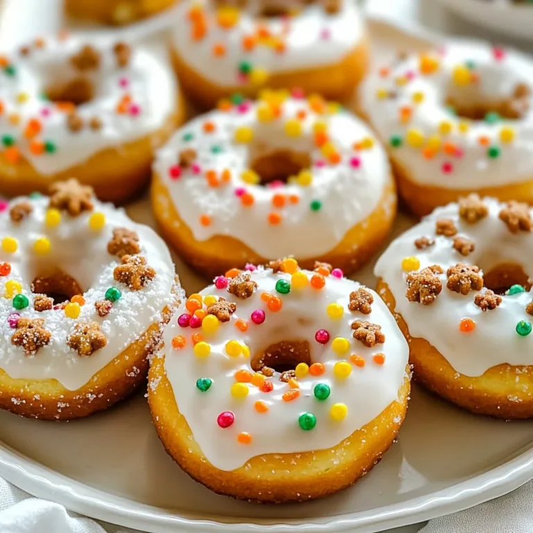 To make your Gingerbread Cookie Donuts, gather these simple ingredients: - 1 ½ cups all-purpose flour - ½ teaspoon baking powder - ½ teaspoon baking soda - 1 tablespoon ground ginger - 1 tablespoon ground cinnamon - ¼ teaspoon ground cloves - ½ teaspoon salt - ⅓ cup brown sugar, packed - 1 large egg - ⅓ cup unsulfured molasses - ⅓ cup buttermilk (or milk mixed with 1 teaspoon vinegar) - 2 tablespoons unsalted butter, melted - 1 teaspoon vanilla extract - 1 cup powdered sugar (for glaze) - 2 tablespoons milk (for glaze) - Decorative toppings (sprinkles, crushed gingerbread cookies, etc.) You can swap a few ingredients for different flavors or diets: - Use whole wheat flour for a healthier twist. - Swap unsulfured molasses with honey for a lighter taste. - Replace buttermilk with regular milk mixed with vinegar or lemon juice. - If you want a vegan option, use flax eggs instead of the egg. To get the best flavor, focus on quality: - Use fresh spices for a stronger gingerbread taste. - Choose unsulfured molasses for a cleaner flavor. - Use real vanilla extract instead of imitation for depth. - Buy high-quality butter for a richer taste in the donuts. {{ingredient_image_1}} To start, preheat your oven to 350°F (175°C). This temperature is key for a good rise. Next, lightly grease your donut pan. This helps the donuts come out easily after baking. In a large bowl, mix together the following dry ingredients: - 1 ½ cups all-purpose flour - ½ teaspoon baking powder - ½ teaspoon baking soda - 1 tablespoon ground ginger - 1 tablespoon ground cinnamon - ¼ teaspoon ground cloves - ½ teaspoon salt Whisk these until they blend well. In another bowl, whisk together the wet ingredients: - ⅓ cup brown sugar, packed - 1 large egg - ⅓ cup unsulfured molasses - ⅓ cup buttermilk (or milk mixed with 1 teaspoon vinegar) - 2 tablespoons unsalted butter, melted - 1 teaspoon vanilla extract Make sure the mixture is smooth. Then, pour the wet mix into the dry mix. Stir gently until just combined. Be careful not to overmix. The batter should be thick but smooth. Now, spoon the batter into the donut pan, filling each cavity about ¾ full. This helps them rise nicely. Bake the donuts in the preheated oven for 10 to 12 minutes. To check if they are done, insert a toothpick into a donut. If it comes out clean, they are ready. Stay close to avoid overbaking. Once baked, let the donuts cool in the pan for about 5 minutes. This makes them easier to handle. After that, carefully transfer them to a wire rack to cool completely. While the donuts cool, make the glaze. In a bowl, whisk together: - 1 cup powdered sugar - 2 tablespoons milk Stir until the glaze is smooth. If it’s too thick, add a bit more milk. When the donuts are cool, dip the tops into the glaze. You can then add fun toppings like sprinkles or crushed gingerbread cookies. Allow the glaze to set for a few minutes before enjoying your delicious treats. To make the best batter, start by mixing the dry ingredients first. Combine the flour, baking powder, baking soda, ginger, cinnamon, cloves, and salt in a bowl. This step helps to evenly distribute the spices. In another bowl, mix the wet ingredients: brown sugar, egg, molasses, buttermilk, melted butter, and vanilla. Whisk until smooth. When combining wet and dry, don’t overmix. Stir just until you see no flour. The batter should be thick yet smooth, perfect for donuts. Using the right donut pan makes a big difference. I suggest using a non-stick silicone donut pan. It helps the donuts pop out easily without sticking. If you use a metal pan, grease it well. Fill each cavity about three-quarters full for the best rise. This way, your donuts will have a nice shape and texture. Be careful with mixing. Overmixing can make your donuts tough. Also, watch your baking time. Check for doneness with a toothpick at 10 minutes. If it comes out clean, they are ready. Avoid opening the oven door too much. This can cause the donuts to sink. Lastly, let them cool for a few minutes before glazing. This helps the glaze stick better! Pro Tips Use Fresh Spices: For the best flavor, use freshly ground spices instead of pre-ground. This enhances the aromatic profile of your donuts. Don’t Overmix: When combining wet and dry ingredients, mix until just combined. Overmixing can result in dense donuts. Cool Completely: Allow the donuts to cool completely before glazing. This prevents the glaze from melting and ensures a nice finish. Customize the Glaze: Feel free to add spices or extracts to the glaze for extra flavor. A hint of vanilla or a dash of nutmeg can elevate your donuts! {{image_2}} You can easily change the flavor of your gingerbread cookie donuts. Try adding cocoa powder for a chocolate twist. Just replace a few tablespoons of flour with cocoa. For a pumpkin spice version, add ½ cup of pumpkin puree and a touch more cinnamon. This gives a moist and tasty donut. Toppings can make your donuts even more fun. A chocolate glaze is a favorite. Just melt chocolate and dip the donuts. You can also use crushed nuts for a crunchy texture. Sprinkles add a festive touch, especially for holidays. Crushed gingerbread cookies make a great topping too. Want to make a healthier donut? Use whole wheat flour instead of all-purpose flour. This adds fiber and nutrients. You can also swap brown sugar for a sugar substitute to cut calories. For a dairy-free option, use almond milk in place of buttermilk. These swaps keep the taste while being better for you. Store your gingerbread cookie donuts in an airtight container. This keeps them fresh. Place parchment paper between layers to avoid sticking. Keep them at room temperature for up to three days. If you want to keep them longer, refrigeration is a good option. However, cold storage may change their texture slightly. To freeze your donuts, wait until they are fully cooled. Wrap each donut in plastic wrap. Then, place them in a freezer bag or container. This way, they will stay fresh for up to three months. When you are ready to enjoy them, just remove them from the freezer and let them thaw at room temperature. To reheat your gingerbread cookie donuts, use an oven or microwave. If using an oven, preheat it to 350°F (175°C). Place the donuts on a baking sheet for about 5 minutes. This will warm them without making them dry. For the microwave, heat each donut for about 10-15 seconds. Enjoy them warm with a fresh glaze! Gingerbread cookie donuts stay fresh for about three days. Store them in an airtight container at room temperature. If you want them to last longer, you can freeze them. Frozen donuts hold their taste for up to three months. Just thaw them overnight in the fridge before serving. Yes, you can make these donuts ahead of time. Bake and cool them, then store them in an airtight container. They will keep well in the fridge for about two days. You can also glaze them just before serving for the best flavor and texture. If you don't have buttermilk, no worries! You can easily make a substitute. Just mix one cup of milk with one teaspoon of vinegar. Let it sit for five minutes before using. This will give you a great tangy flavor for your donuts. You’ve learned about key ingredients, steps, and tips for making gingerbread cookie donuts. Choosing the right ingredients and knowing the best baking tricks can improve your results. Don’t forget to try different flavors and toppings to make them your own. Finally, proper storage keeps your treats fresh and tasty. Now, you're ready to bake delicious donuts that everyone will love! Enjoy experimenting and sharing.
