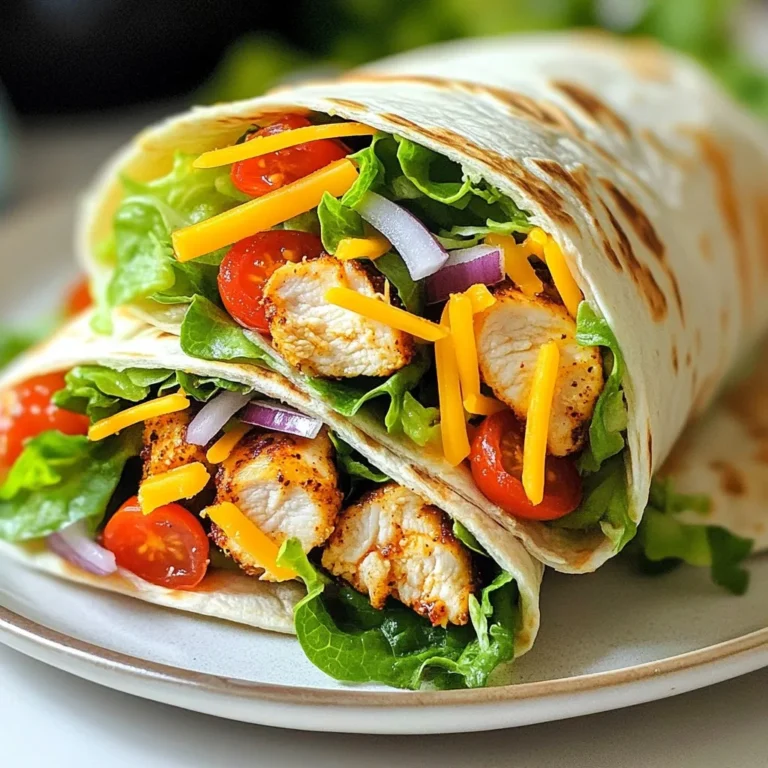 - Chicken and Seasoning - 2 boneless, skinless chicken breasts - 2 tablespoons Cajun seasoning - 1 tablespoon olive oil The chicken gives this wrap its heartiness. Cajun seasoning adds bold flavor. Olive oil helps cook the chicken evenly. - Fresh Vegetables - 1 cup romaine lettuce, shredded - 1/2 cup cherry tomatoes, halved - 1/4 cup red onion, thinly sliced - 1/2 cup shredded cheddar cheese Fresh veggies keep the wrap crunchy. Romaine lettuce adds a crisp texture. Cherry tomatoes provide sweetness. Red onion gives a nice bite. Cheddar cheese melts perfectly. - Tortilla and Sauce - 4 large flour tortillas - 1/4 cup ranch dressing (or spicy sauce for an extra kick) Flour tortillas hold everything together. Ranch dressing adds creaminess. A spicy sauce gives an extra kick for those who love heat. With these ingredients, you create a tasty meal in no time. {{ingredient_image_1}} - Seasoning the Chicken Breasts Start by seasoning the chicken breasts with Cajun seasoning. Make sure to coat them well for great flavor. This step is key. The spices will give the chicken a delicious kick. - Cooking Instructions Heat olive oil in a skillet over medium heat. When the oil is hot, add the seasoned chicken breasts. Cook the chicken for about 7-8 minutes on each side. Check that the chicken reaches 165°F (75°C) to ensure it is safe to eat. - Slicing and Resting the Chicken Once cooked, remove the chicken from the skillet. Let it rest for a few minutes. This helps the juices stay in the chicken. After resting, slice the chicken into thin strips. This makes it easy to add to your wraps. - Layering Ingredients in the Tortilla Take a large flour tortilla and lay it flat on a clean surface. First, add a layer of shredded romaine lettuce. Next, place a few slices of the Cajun chicken on top of the lettuce. Then, add cherry tomatoes, red onion, and shredded cheddar cheese. This builds a tasty mix of flavors. - Wrapping Technique To wrap, fold the sides of the tortilla inward. Then, roll it up from the bottom. Make sure to enclose all the fillings tightly. This keeps everything together when you eat. - Optional Crisping Step For an extra treat, you can make the wraps crispy. Place the wrapped tortillas seam side down in the skillet. Cook them over medium heat for 2-3 minutes on each side. This will give your wraps a lovely golden brown color. To get juicy chicken, start with good seasoning. Use Cajun seasoning on both sides. Let it rest after cooking. This helps keep the juices inside. Always check the internal temperature. It should reach 165°F (75°C) for safe eating. - Choose fresh chicken breasts. - Don't skip the resting time. - Use a meat thermometer for accuracy. Overcooked chicken can be dry. To avoid this, watch the cooking time closely. Cook on medium heat for 7-8 minutes on each side. If it starts to brown too much, lower the heat. - Thinner chicken breasts cook faster. - Cut into one piece to check doneness. - Stay near the stove while cooking. The sauce can change the whole wrap. Ranch dressing is a classic choice. For more spice, try a hot sauce. Drizzle it on top of the veggies and chicken. - Choose sauces that complement Cajun flavor. - Try different dressings for variety. - Add more sauce for extra flavor. You can mix flavors with more seasonings. Add garlic powder or smoked paprika for depth. A squeeze of lime juice can brighten the dish. Don't be afraid to experiment with spices! - Use fresh herbs for a pop of flavor. - Try cayenne pepper for heat. - Mix in some cumin for a new twist. Pro Tips Marinate for More Flavor: If time allows, marinate the chicken in the Cajun seasoning and olive oil for at least 30 minutes or overnight to enhance the flavor. Use Fresh Ingredients: Fresh produce, especially the lettuce and tomatoes, adds crunch and vibrant flavor to your wraps. Customize Your Sauce: Experiment with different sauces like chipotle mayo or garlic aioli for a unique twist on flavor. Wrap it Right: Ensure the tortilla is warm before wrapping to prevent tearing, and don't overfill to avoid spills! {{image_2}} You can switch things up with different proteins. Shrimp works great if you want seafood. Just season the shrimp with Cajun spices and cook them until pink. Tofu is perfect for a plant-based option. Use firm tofu and season it well. For veggies, feel free to get creative. Bell peppers add a nice crunch and color. Spinach or kale can replace romaine for a different taste. You can even mix in some avocado for creaminess. Don’t forget about cheese! Try pepper jack for extra spice or feta for a tangy twist. If you like heat, add more Cajun seasoning to the chicken. You can also use a spicy sauce instead of ranch dressing. For those who prefer mild, stick with ranch, which cools the heat. Want an extra kick? Try adding sliced jalapeños or hot sauce to your wraps. You can also mix in some crushed red pepper flakes with the veggies. Adjust the spice to fit your taste and enjoy every bite! To keep your Spicy Cajun Chicken Wraps fresh, follow these tips: - Refrigeration Guidelines: Place leftover wraps in an airtight container. They will stay fresh in the fridge for about 3 days. - Freezing Instructions: If you want to store them longer, wrap each one in plastic wrap. Then, put them in a freezer-safe bag. They can last for up to 2 months in the freezer. To enjoy your wraps again, use these methods: - Best Methods for Reheating Wraps: The oven works great. Preheat it to 350°F (175°C). Wrap in foil and heat for about 10-15 minutes. You can also use a microwave for 1-2 minutes. - Keeping the Tortillas Soft: To keep tortillas soft, cover them with a damp paper towel while reheating. This helps avoid drying out. Cajun seasoning is a spice blend from Louisiana. It adds heat and flavor to dishes. You can find it in many stores or make your own. Common Ingredients in Cajun Seasoning - Paprika - Cayenne pepper - Garlic powder - Onion powder - Oregano - Thyme - Black pepper These spices bring a bold taste. They create that signature Cajun kick. Yes, you can prepare the wraps a few hours early. This saves time during busy days. Tips for Meal Prep - Cook the chicken and let it cool. - Slice the chicken and store it in the fridge. - Keep the veggies separate until serving. - Assemble the wraps when you are ready to eat. This way, the wraps stay fresh and tasty. Many sides pair well with these wraps. Here are a few ideas: Suggested Side Dishes and Accompaniments - French fries - Coleslaw - Corn on the cob - Potato salad - Fresh fruit salad These sides balance the spice of the wraps. They make your meal feel complete and satisfying. This blog post covered how to make tasty spicy Cajun chicken wraps. We discussed key ingredients like chicken, fresh veggies, and tortillas. I shared simple steps for preparing chicken and assembling wraps, along with tips to make them even better. You can try different proteins and adjust spice levels for your taste. Remember, making wraps can be fun and flexible. Explore new flavors and enjoy your cooking journey. With these tips, you’ll impress your friends and family. Now go create your own delicious wraps!