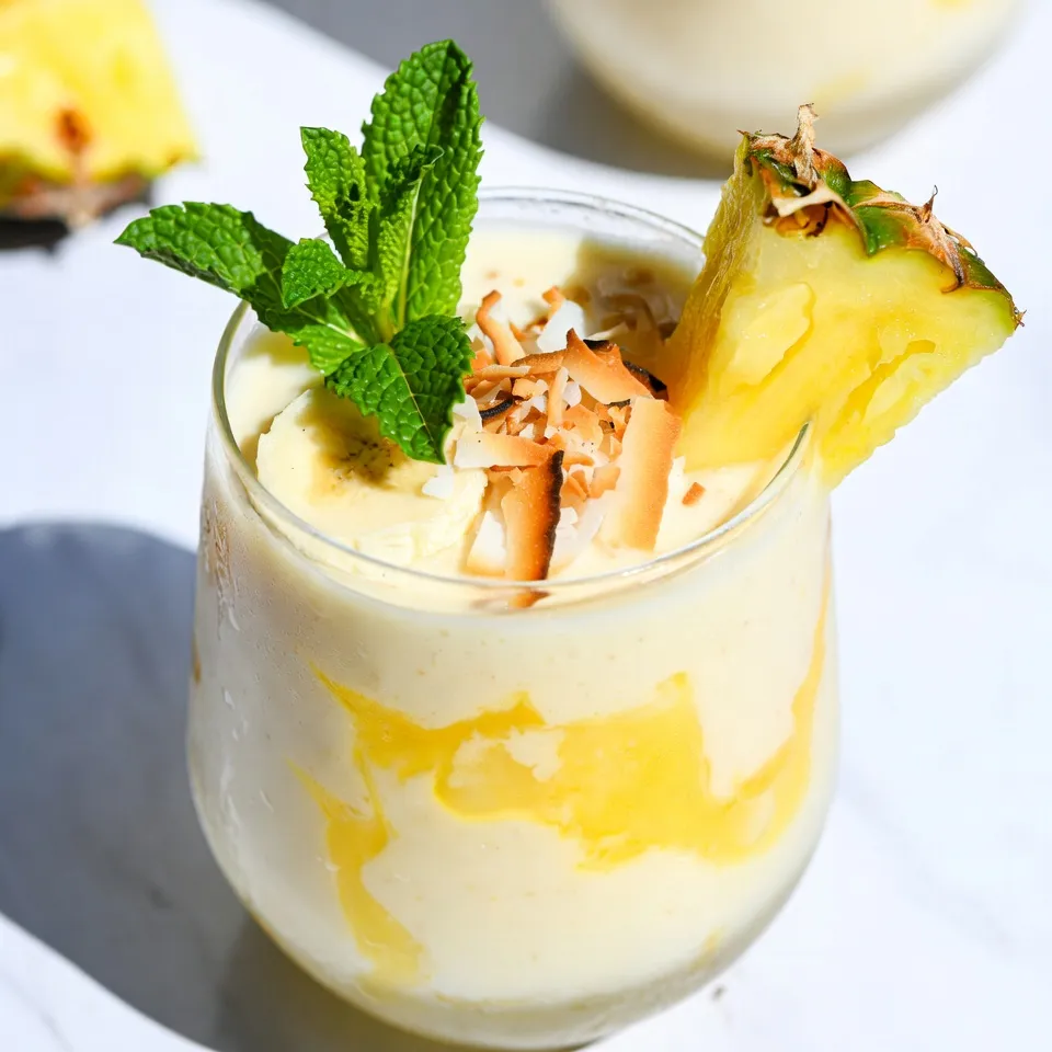 - 1 cup fresh pineapple chunks - 1 frozen banana - 1 tablespoon shredded coconut (optional, toasted) - 1 cup coconut milk (canned or carton) - ½ cup Greek yogurt (or dairy-free alternative) - 1 tablespoon honey or agave syrup (optional) - ½ cup ice cubes - Fresh mint leaves for garnish The first step in making a great pineapple coconut smoothie is to gather fresh ingredients. Fresh pineapple chunks give the smoothie its sweet and tangy flavor. The frozen banana adds creaminess, making the texture smooth and rich. If you want a little crunch and extra flavor, you can use shredded coconut. Next, you need liquid components. Coconut milk is key; it brings a tropical taste and creamy texture. You can use canned or carton coconut milk, depending on what you have. Greek yogurt adds protein and makes the smoothie thick. You can swap this with a dairy-free yogurt if you prefer. For the sweeteners, honey or agave syrup can make your smoothie sweeter. This step is optional, so taste it first! Ice cubes make the drink refreshing and cold. Finally, fresh mint leaves are perfect for garnish, adding a pop of color and a hint of freshness. With these ingredients, you're ready to blend your way to a delicious treat! {{ingredient_image_1}} - First, cut and measure 1 cup fresh pineapple chunks. This gives the smoothie a bright taste. - Next, peel and freeze 1 banana. This helps the smoothie become creamy and cold. - Now, combine the fresh pineapple chunks, 1 cup coconut milk, frozen banana, ½ cup Greek yogurt, and 1 tablespoon honey if you want some sweetness. - Blend these ingredients until smooth and creamy. Make sure there are no chunks left. - After that, add ½ cup ice cubes and blend again. This makes the smoothie extra refreshing. - Taste the smoothie to see if it’s sweet enough. If not, add more honey or agave syrup and blend once more. - Pour the smoothie into chilled glasses. If you like, sprinkle 1 tablespoon shredded coconut on top for extra flavor. - Finish with a few fresh mint leaves for a nice touch. To blend your smoothie without chunks, start with soft ingredients. Use fresh pineapple, frozen banana, and creamy Greek yogurt. Add all ingredients to the blender at once. Blend on high speed for at least 30 seconds. If you still find chunks, blend longer. You want a smooth, creamy mix. If your smoothie is too thick, add a bit more coconut milk. For a thinner texture, blend in more ice. If it’s too watery, add extra yogurt or a frozen banana for creaminess. For a flavor boost, try adding a splash of vanilla extract. A squeeze of lime juice can brighten the taste. You can also toss in berries or mango. These fruits mix well with pineapple and coconut. When choosing pineapple, fresh is best. Fresh pineapple gives a vibrant, sweet taste. Canned pineapple can work too, but check for added sugars. If you use canned, drain the juice to keep the texture smooth. If you want a dairy-free or vegan option, swap Greek yogurt with a dairy-free yogurt. Coconut yogurt or almond yogurt works great. Use a plant-based milk, like almond or oat milk, instead of coconut milk. To adjust sweetness, you can skip honey or agave syrup. Instead, use ripe bananas for natural sweetness. You can also add a date or two for a sweet mix without added sugars. Pro Tips Use Frozen Banana: Using a frozen banana not only adds creaminess but also helps to chill the smoothie without needing too much ice. Opt for Fresh Pineapple: Fresh pineapple chunks will provide the best flavor and sweetness compared to canned options, enhancing the tropical taste. Adjust Sweetness: Always taste your smoothie before serving to adjust the sweetness. A little extra honey or agave goes a long way! Garnish Creatively: Enhance presentation by garnishing with toasted coconut, fresh mint, or even a slice of pineapple on the rim of the glass. {{image_2}} You can change the fruit to mix things up. Adding mango gives a sweet twist. Berries like strawberries or blueberries add a fun flavor. They also boost the color of your smoothie. Want something green? Add a handful of spinach. It blends well and keeps the taste fresh. Switching milk can change the taste. Try almond or oat milk for different flavors. You can also add spices. A sprinkle of cinnamon brings warmth to your smoothie. Just a little can change everything. Consider adding vanilla extract for a sweet hint. To make your smoothie filling, add protein. A scoop of protein powder works great. Nut butter like almond or peanut adds creaminess and healthy fats. You can also serve it as a smoothie bowl. Just pour it into a bowl and top with fruits, nuts, or seeds. This makes it fun and hearty! To keep your leftover smoothie fresh, store it in a sealed jar. Glass jars work best. You can put it in the fridge right away. It stays good for about one to two days. After that, it may lose flavor and texture. If you want to save your smoothie longer, freezing is a great option. Pour the smoothie into ice cube trays or small containers. This way, you can easily grab just the right amount later. When you want to drink it, take out a portion and let it thaw in the fridge or at room temperature. To keep the flavor and texture of your smoothie, use these tips: - Avoid adding ice before storing. Ice can make it watery when it melts. - If you use banana, it may brown. To prevent this, add a little lemon juice. - When ready to drink, just shake or stir before enjoying. This keeps it smooth and tasty. Yes, you can make this smoothie ahead of time. Blend all the ingredients. Then, store it in a sealed jar in the fridge. It stays fresh for up to a day. The flavors will mix well, and it will still taste great. If you want it cold, add ice cubes before serving. Absolutely! If you need a substitute, try almond milk or soy milk. Both work well and provide a nice flavor. You can also use oat milk for a creamier texture. Just remember, each milk alters the taste slightly. So, choose what fits your taste best. To reduce sweetness, skip the honey or agave syrup. You can also use unsweetened coconut milk. Adding more pineapple will give it flavor without extra sugar. If you want a tangy touch, add a squeeze of lime juice. This keeps it refreshing and bright. This blog post guides you through making a delicious smoothie with fresh ingredients. You learned about the key components like fresh pineapple, coconut milk, and Greek yogurt, plus how to blend them for a creamy texture. We covered tips to enhance flavor and customize your drink. Don’t forget about storing leftovers or making variations. Enjoy experimenting with different fruits and flavors. This smoothie can be a healthy treat anytime, and I hope you feel inspired to create your own!