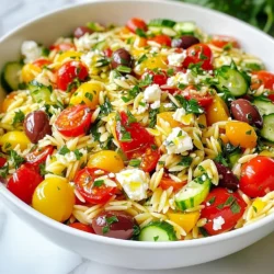 - 1 cup orzo pasta - 1 cup cherry tomatoes, halved - 1 cucumber, diced - 1 bell pepper, diced - 1/2 red onion, finely chopped - 1/2 cup Kalamata olives, sliced - 1 cup feta cheese, crumbled - 1/4 cup fresh parsley, chopped Orzo pasta is the star in this dish. It’s small and shaped like rice, making it perfect for salads. Cherry tomatoes bring sweetness and color, while a cucumber adds crunch. The bell pepper adds a bit of sweetness and crunch too. Red onion gives a sharp bite. Kalamata olives add a briny touch, and feta cheese brings creaminess. Fresh parsley provides a hint of herb flavor. - 1/4 cup olive oil - 2 tablespoons lemon juice - 1 teaspoon dried oregano - Salt and pepper to taste The dressing makes the salad shine. Olive oil adds richness, while lemon juice gives a bright zing. Dried oregano adds a warm, earthy flavor. Salt and pepper balance everything, enhancing the taste of each ingredient. - Grilled chicken or shrimp - Fresh herbs like basil or mint You can customize this salad with proteins like grilled chicken or shrimp for a heartier meal. Fresh herbs like basil or mint add a unique twist and fresh aroma. Feel free to play with these options to suit your taste! {{ingredient_image_1}} First, get your vegetable broth ready. Pour 2 cups into a medium saucepan. Bring it to a boil over medium heat. You can also use water if you prefer. Once boiling, add 1 cup of orzo pasta. Cook it just until al dente, which is usually about 8-10 minutes. Stir occasionally. This helps keep it from sticking together. After cooking, drain the orzo in a colander. Rinse it under cold water to stop the cooking. Set it aside to cool. Now, let’s chop the veggies. Start with 1 cup of cherry tomatoes. Cut each one in half. Next, take a cucumber and dice it into small pieces. For the bell pepper, choose red or yellow. Chop it the same size as the cucumber. Then, finely chop half a red onion. Finally, slice 1/2 cup of Kalamata olives. In a large mixing bowl, combine all these fresh veggies. They add a nice crunch and bright color to the salad. To make the dressing, grab a small bowl. Whisk together 1/4 cup of olive oil, 2 tablespoons of lemon juice, 1 teaspoon of dried oregano, and some salt and pepper. This dressing gives the salad a tangy flavor. Now, pour the dressing over your vegetable mix. Toss everything gently to coat the veggies. Next, add the cooled orzo to the bowl. Fold in 1 cup of crumbled feta cheese and 1/4 cup of chopped fresh parsley. Taste your salad and adjust the seasoning if needed. You might want a bit more salt or lemon juice. Chill it in the fridge for at least 30 minutes. This helps the flavors mix perfectly. - Preventing Sticky Pasta: To stop orzo from sticking, use a large pot and plenty of water. Stir the orzo gently during cooking. This keeps it from clumping together. After cooking, rinse the orzo under cold water. This helps cool it down and remove extra starch. - Ensuring Al Dente Texture: Al dente means "to the tooth." To achieve this, cook orzo for one to two minutes less than the package suggests. Taste a piece to check if it has a slight bite. This adds a nice texture to your salad. - Suggested Seasonings: Use simple seasonings to boost flavor. Add dried oregano, salt, and pepper to your salad. These spices highlight the fresh veggies and cheese. You can also experiment with garlic powder or a pinch of red pepper flakes for extra zing. - Marinating Time: Letting the salad sit is key. Chill it for at least 30 minutes. This allows the flavors to mix well. The longer it sits, the tastier it becomes. If you can, let it marinate for a few hours or overnight. - Presentation Ideas: Serve your salad in a big bowl. Add extra parsley on top for color. You can also place lemon wedges around the salad. This not only looks nice but gives guests a fresh lemon squeeze option. - Pairing Options: This salad pairs well with grilled chicken or fish. It also goes great with pita bread or hummus. For a vegetarian meal, enjoy it with stuffed peppers or falafel. These options make a complete and tasty meal. Pro Tips Use Fresh Ingredients: Always opt for fresh vegetables and herbs to enhance the flavor of your salad. Fresh produce adds crunch and vibrancy, making your dish more appealing. Customize Your Dressing: Feel free to adjust the olive oil and lemon juice ratio based on your preference. A little extra lemon juice can brighten up the flavors, while more olive oil adds richness. Chill for Better Flavor: Refrigerate the salad for at least 30 minutes before serving. This allows the flavors to meld together, resulting in a more delicious and cohesive dish. Experiment with Add-ins: Don’t hesitate to add other Mediterranean ingredients like artichokes, sun-dried tomatoes, or chickpeas for added texture and flavor. This recipe is versatile and can be customized to your liking! {{image_2}} You can easily change some ingredients in your Greek Orzo Pasta Salad. - Using Different Cheese: Feta cheese works great, but you can try goat cheese or mozzarella. Both add a nice touch. Goat cheese gives a creamy taste, while mozzarella offers a mild flavor. - Adding Protein: To make your salad heartier, add cooked chicken, shrimp, or chickpeas. These proteins boost nutrition and make the meal more filling. The dressing can change the whole taste of your salad. - Balsamic Vinegar Option: Swap lemon juice for balsamic vinegar for a sweet twist. This adds depth and pairs well with the veggies. - Vegan Dressing Ideas: Use apple cider vinegar and tahini for a creamy vegan option. Mix in some maple syrup for added sweetness. You can adapt your salad based on what’s fresh and in season. - Summer Veggies: In summer, add fresh corn and zucchini. These veggies bring bright colors and flavors. They also add a nice crunch. - Winter Additions: In winter, try roasted butternut squash or beets. These add warmth and earthiness to your salad. Plus, they look beautiful! For short-term storage, keep your Greek Orzo Pasta Salad in the fridge. Use an airtight container to keep it fresh. This salad stays good for about 3 to 5 days. When you serve it after storage, mix it gently. The flavors blend better when it sits a bit. Freezing is not the best option for this salad. The veggies and feta may not freeze well. If you must freeze it, put it in a freezer-safe container. Make sure to leave some space for expansion. When you want to eat it, thaw the salad overnight in the fridge. This keeps it fresh and safe. This salad stays fresh for up to 5 days in the fridge. Look for signs of spoilage. If it smells off or the veggies look mushy, it’s time to toss it. Always check before you enjoy your delicious Greek Orzo Pasta Salad! Orzo is a small, rice-shaped pasta. It comes from Italy and is often used in salads, soups, and casseroles. You can cook it like any other pasta. It absorbs flavors well, making it great for Greek dishes. Yes, you can prepare this salad in advance. I recommend making it a few hours before serving. This gives the flavors time to mix. Just keep it in the fridge until you're ready to eat. Orzo is usually made from wheat, so it is not gluten-free. However, you can find gluten-free orzo made from rice or quinoa. This option works well in the salad and keeps it tasty. We explored how to make a fresh and tasty Orzo Salad. I covered the main ingredients, like orzo pasta, veggies, and feta cheese. We also looked at dressings and optional add-ins to fit your taste. To wrap up, this salad is flexible and full of flavor. You can mix in your favorite proteins or herbs. Remember, the fun is in making it your own. Enjoy crafting your perfect Orzo Salad!