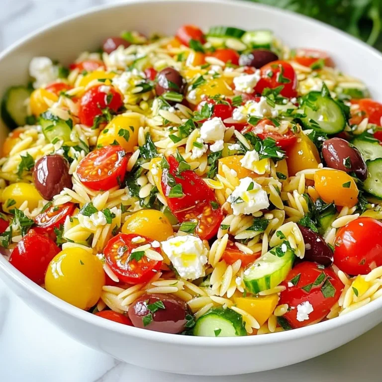 - 1 cup orzo pasta - 1 cup cherry tomatoes, halved - 1 cucumber, diced - 1 bell pepper, diced - 1/2 red onion, finely chopped - 1/2 cup Kalamata olives, sliced - 1 cup feta cheese, crumbled - 1/4 cup fresh parsley, chopped Orzo pasta is the star in this dish. It’s small and shaped like rice, making it perfect for salads. Cherry tomatoes bring sweetness and color, while a cucumber adds crunch. The bell pepper adds a bit of sweetness and crunch too. Red onion gives a sharp bite. Kalamata olives add a briny touch, and feta cheese brings creaminess. Fresh parsley provides a hint of herb flavor. - 1/4 cup olive oil - 2 tablespoons lemon juice - 1 teaspoon dried oregano - Salt and pepper to taste The dressing makes the salad shine. Olive oil adds richness, while lemon juice gives a bright zing. Dried oregano adds a warm, earthy flavor. Salt and pepper balance everything, enhancing the taste of each ingredient. - Grilled chicken or shrimp - Fresh herbs like basil or mint You can customize this salad with proteins like grilled chicken or shrimp for a heartier meal. Fresh herbs like basil or mint add a unique twist and fresh aroma. Feel free to play with these options to suit your taste! {{ingredient_image_1}} First, get your vegetable broth ready. Pour 2 cups into a medium saucepan. Bring it to a boil over medium heat. You can also use water if you prefer. Once boiling, add 1 cup of orzo pasta. Cook it just until al dente, which is usually about 8-10 minutes. Stir occasionally. This helps keep it from sticking together. After cooking, drain the orzo in a colander. Rinse it under cold water to stop the cooking. Set it aside to cool. Now, let’s chop the veggies. Start with 1 cup of cherry tomatoes. Cut each one in half. Next, take a cucumber and dice it into small pieces. For the bell pepper, choose red or yellow. Chop it the same size as the cucumber. Then, finely chop half a red onion. Finally, slice 1/2 cup of Kalamata olives. In a large mixing bowl, combine all these fresh veggies. They add a nice crunch and bright color to the salad. To make the dressing, grab a small bowl. Whisk together 1/4 cup of olive oil, 2 tablespoons of lemon juice, 1 teaspoon of dried oregano, and some salt and pepper. This dressing gives the salad a tangy flavor. Now, pour the dressing over your vegetable mix. Toss everything gently to coat the veggies. Next, add the cooled orzo to the bowl. Fold in 1 cup of crumbled feta cheese and 1/4 cup of chopped fresh parsley. Taste your salad and adjust the seasoning if needed. You might want a bit more salt or lemon juice. Chill it in the fridge for at least 30 minutes. This helps the flavors mix perfectly. - Preventing Sticky Pasta: To stop orzo from sticking, use a large pot and plenty of water. Stir the orzo gently during cooking. This keeps it from clumping together. After cooking, rinse the orzo under cold water. This helps cool it down and remove extra starch. - Ensuring Al Dente Texture: Al dente means "to the tooth." To achieve this, cook orzo for one to two minutes less than the package suggests. Taste a piece to check if it has a slight bite. This adds a nice texture to your salad. - Suggested Seasonings: Use simple seasonings to boost flavor. Add dried oregano, salt, and pepper to your salad. These spices highlight the fresh veggies and cheese. You can also experiment with garlic powder or a pinch of red pepper flakes for extra zing. - Marinating Time: Letting the salad sit is key. Chill it for at least 30 minutes. This allows the flavors to mix well. The longer it sits, the tastier it becomes. If you can, let it marinate for a few hours or overnight. - Presentation Ideas: Serve your salad in a big bowl. Add extra parsley on top for color. You can also place lemon wedges around the salad. This not only looks nice but gives guests a fresh lemon squeeze option. - Pairing Options: This salad pairs well with grilled chicken or fish. It also goes great with pita bread or hummus. For a vegetarian meal, enjoy it with stuffed peppers or falafel. These options make a complete and tasty meal. Pro Tips Use Fresh Ingredients: Always opt for fresh vegetables and herbs to enhance the flavor of your salad. Fresh produce adds crunch and vibrancy, making your dish more appealing. Customize Your Dressing: Feel free to adjust the olive oil and lemon juice ratio based on your preference. A little extra lemon juice can brighten up the flavors, while more olive oil adds richness. Chill for Better Flavor: Refrigerate the salad for at least 30 minutes before serving. This allows the flavors to meld together, resulting in a more delicious and cohesive dish. Experiment with Add-ins: Don’t hesitate to add other Mediterranean ingredients like artichokes, sun-dried tomatoes, or chickpeas for added texture and flavor. This recipe is versatile and can be customized to your liking! {{image_2}} You can easily change some ingredients in your Greek Orzo Pasta Salad. - Using Different Cheese: Feta cheese works great, but you can try goat cheese or mozzarella. Both add a nice touch. Goat cheese gives a creamy taste, while mozzarella offers a mild flavor. - Adding Protein: To make your salad heartier, add cooked chicken, shrimp, or chickpeas. These proteins boost nutrition and make the meal more filling. The dressing can change the whole taste of your salad. - Balsamic Vinegar Option: Swap lemon juice for balsamic vinegar for a sweet twist. This adds depth and pairs well with the veggies. - Vegan Dressing Ideas: Use apple cider vinegar and tahini for a creamy vegan option. Mix in some maple syrup for added sweetness. You can adapt your salad based on what’s fresh and in season. - Summer Veggies: In summer, add fresh corn and zucchini. These veggies bring bright colors and flavors. They also add a nice crunch. - Winter Additions: In winter, try roasted butternut squash or beets. These add warmth and earthiness to your salad. Plus, they look beautiful! For short-term storage, keep your Greek Orzo Pasta Salad in the fridge. Use an airtight container to keep it fresh. This salad stays good for about 3 to 5 days. When you serve it after storage, mix it gently. The flavors blend better when it sits a bit. Freezing is not the best option for this salad. The veggies and feta may not freeze well. If you must freeze it, put it in a freezer-safe container. Make sure to leave some space for expansion. When you want to eat it, thaw the salad overnight in the fridge. This keeps it fresh and safe. This salad stays fresh for up to 5 days in the fridge. Look for signs of spoilage. If it smells off or the veggies look mushy, it’s time to toss it. Always check before you enjoy your delicious Greek Orzo Pasta Salad! Orzo is a small, rice-shaped pasta. It comes from Italy and is often used in salads, soups, and casseroles. You can cook it like any other pasta. It absorbs flavors well, making it great for Greek dishes. Yes, you can prepare this salad in advance. I recommend making it a few hours before serving. This gives the flavors time to mix. Just keep it in the fridge until you're ready to eat. Orzo is usually made from wheat, so it is not gluten-free. However, you can find gluten-free orzo made from rice or quinoa. This option works well in the salad and keeps it tasty. We explored how to make a fresh and tasty Orzo Salad. I covered the main ingredients, like orzo pasta, veggies, and feta cheese. We also looked at dressings and optional add-ins to fit your taste. To wrap up, this salad is flexible and full of flavor. You can mix in your favorite proteins or herbs. Remember, the fun is in making it your own. Enjoy crafting your perfect Orzo Salad!
