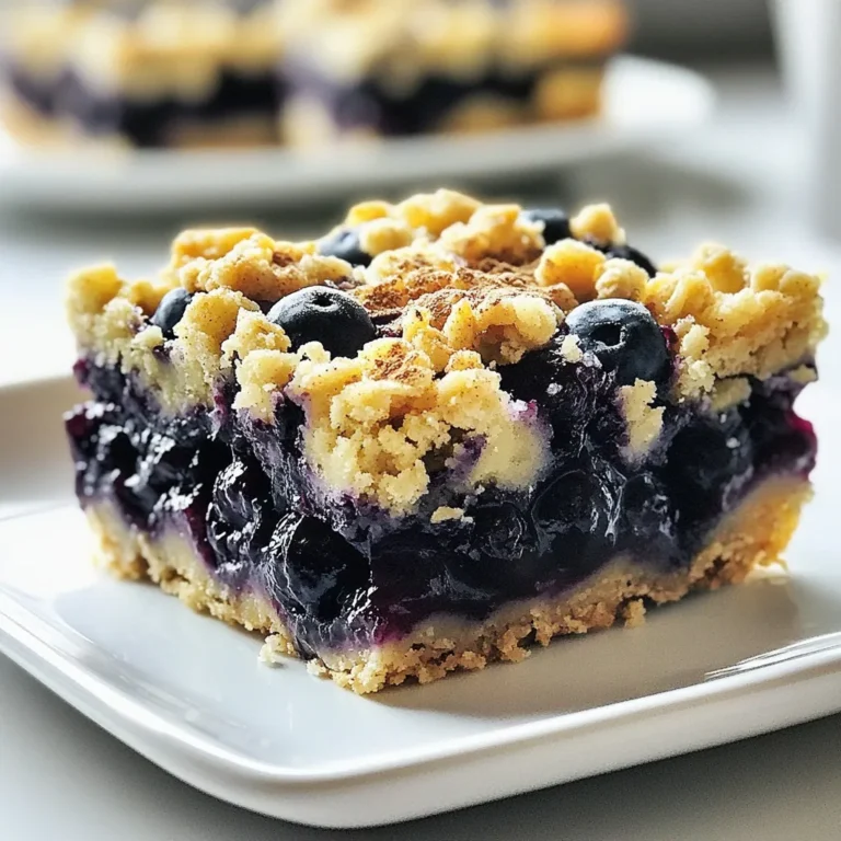For these blueberry crumble bars, you need the best fresh ingredients. Use: - 2 cups fresh blueberries - 1 tablespoon lemon juice These berries give a sweet and tart flavor. The lemon juice brightens the taste. You will need a few pantry staples for the base and topping. Gather: - 1/4 cup granulated sugar - 1 teaspoon cornstarch - 1 teaspoon vanilla extract - 1 1/2 cups rolled oats - 1 cup all-purpose flour - 1/2 cup brown sugar, packed - 1/2 teaspoon baking powder - 1/2 teaspoon salt - 1/2 cup unsalted butter, melted - 1/2 teaspoon cinnamon These ingredients make a tasty and crunchy topping. Accurate measuring is key to great results. Use measuring cups and spoons. Level off dry ingredients for precision. For sticky items like brown sugar, pack it into the cup. When measuring butter, melt it first for easier use. This ensures your crumble bars turn out just right! {{ingredient_image_1}} First, set your oven to 350°F (175°C). This helps the bars bake evenly. Grease an 8x8 inch baking pan or use parchment paper. This makes it easy to lift the bars out later. In a medium bowl, mix together the fresh blueberries, lemon juice, granulated sugar, cornstarch, and vanilla extract. Toss gently to ensure all the blueberries get coated. Let this sit for a few minutes. This allows the flavors to blend perfectly. Take a large bowl and whisk the rolled oats, all-purpose flour, brown sugar, baking powder, salt, and cinnamon together. Pour in the melted butter. Mix everything until it looks like coarse crumbs. This will be both the base and topping for your bars. Press about two-thirds of the crumble mixture into the bottom of your prepared pan. Make sure it's spread evenly. Next, pour the blueberry filling over this layer. Sprinkle the remaining crumble on top of the blueberries. Now, place the pan in your preheated oven. Bake for 30-35 minutes. You want the topping to turn golden brown and see the blueberries bubbling. This means they are done! Once baked, let the bars cool in the pan for about 15 minutes. After that, use the parchment paper to lift them out onto a cutting board. Allow the bars to cool completely before slicing them. This helps them hold their shape better. To get the best blueberry crumble bars, follow these tips: - Use fresh blueberries for the best flavor. - Make sure to measure your ingredients carefully. - When mixing the crumble, avoid overmixing. - Press the crumble base firmly in the pan. - Bake until the top is golden brown. These steps help create a nice texture. They also make sure the blueberries stay juicy and sweet. Here are mistakes to watch out for: - Don’t skip the lemon juice; it brightens the flavor. - Avoid using frozen blueberries as they can make the bars soggy. - Don’t rush the cooling process; let them cool completely before slicing. - Skip the salt at your own risk; it enhances all the flavors. By avoiding these pitfalls, your crumble bars will shine. Serve these bars in fun ways: - Enjoy them warm with a scoop of vanilla ice cream. - Pair them with a dollop of whipped cream for a treat. - Add a sprinkle of powdered sugar on top for a nice touch. - Serve with a cup of tea or coffee for a cozy snack. These bars make a great dessert or snack anytime! Pro Tips Use Fresh Blueberries: Always opt for fresh blueberries when possible, as they provide the best flavor and texture for your crumble bars. Let it Cool Completely: Allow the bars to cool completely before slicing to ensure they hold their shape and texture. Experiment with Spices: Feel free to add other spices like nutmeg or cardamom to the crumble mixture for a unique twist on flavor. Serve with Ice Cream: These bars pair beautifully with a scoop of vanilla ice cream or whipped cream for an extra special treat. {{image_2}} If you have dietary needs, you can easily adapt this recipe. For a gluten-free option, swap all-purpose flour with a gluten-free blend. Use certified gluten-free oats to keep the bars safe. If you're dairy-free, replace unsalted butter with coconut oil or a dairy-free margarine. For vegans, you can use a flax egg instead of butter, which binds the mix well. To make your blueberry crumble bars even better, think about adding some flavor. A dash of almond extract can boost the taste. You can also fold in some chopped nuts, like walnuts or pecans, for a crunch. If you want a spice kick, add a pinch of nutmeg along with the cinnamon. Blueberries taste great, but you can switch things up. Try raspberries or diced strawberries for a fruity twist. For a tropical vibe, mango chunks work well too. Mixing berries, like strawberries and blueberries, can create a colorful and tasty treat. Just remember to adjust the sugar based on the fruit's sweetness. To keep your blueberry crumble bars fresh, place them in an airtight container. Line the container with parchment paper for easy removal. Store the bars at room temperature for up to three days. For longer storage, keep them in the fridge for up to a week. You can freeze blueberry crumble bars for up to three months. First, let the bars cool completely. Then, wrap them tightly in plastic wrap. Place the wrapped bars in a freezer-safe bag or container. Be sure to label the bag with the date. When you're ready to enjoy, thaw them overnight in the fridge. To reheat your crumble bars, preheat your oven to 350°F (175°C). Place the bars on a baking sheet. Heat for about 10-15 minutes until warm. This method keeps the topping crisp and delicious. You can also microwave them for about 20-30 seconds. However, this may make the topping soft. Enjoy your tasty treat warm with a scoop of ice cream or a dollop of whipped cream! You can use frozen blueberries if fresh ones aren't available. Just make sure to thaw them first. You can also try other berries like raspberries or blackberries. These fruits work well and still taste great in the bars. Yes, you can use rolled oats instead of quick oats. Rolled oats will give the bars a chewier texture. They may take a bit longer to soak up moisture but will still be delicious. Just make sure to mix them well with the other dry ingredients. Blueberry crumble bars last about 3 to 5 days when stored at room temperature. Keep them in an airtight container to keep them fresh. If you want them to last longer, store them in the fridge for up to a week. Yes, you can make this recipe gluten-free. Use gluten-free oats and swap all-purpose flour for a gluten-free flour mix. This will keep the bars tasty while meeting gluten-free needs. Just ensure all ingredients are certified gluten-free. If your crumble bars are too crumbly, it may be due to too much flour or oats. Make sure to measure your ingredients accurately. You can also try adding a bit more melted butter to help bind the mixture together. You learned how to make delicious blueberry crumble bars. We covered fresh ingredients, pantry staples, and measuring tips. I gave you step-by-step instructions from preheating the oven to slicing bars. You now have tips for perfect results and variations for dietary needs. Remember, storing and reheating correctly keeps your bars fresh. Enjoy creating and sharing these tasty treats with friends and family. With practice, you’ll master this recipe and impress everyone. Happy baking!