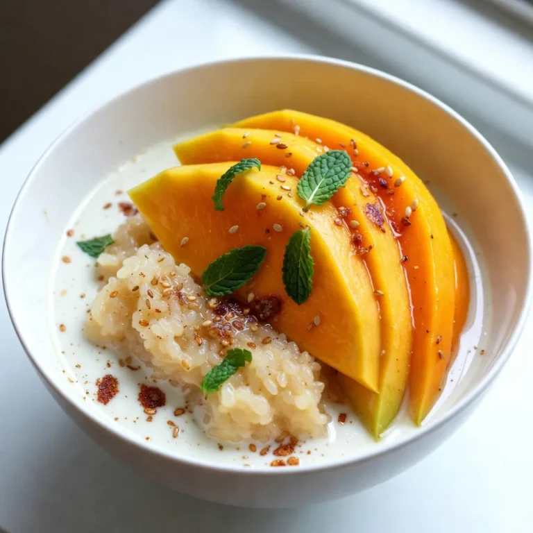 - Glutinous Rice Glutinous rice is key to this dish. It gives the pudding its creamy and sticky texture. Use one cup for this recipe. Rinse it well to remove excess starch. This step helps the rice cook evenly. - Coconut Milk Coconut milk adds richness to the pudding. One can, about 13.5 ounces, is perfect. Use it to soak the rice and mix it in later. It also provides a sweet, tropical flavor that pairs well with mango. - Sugar and Salt These two ingredients balance the flavors. Use half a cup of sugar and a pinch of salt. The sugar sweetens the dish, while the salt enhances the taste. Mixing them into the coconut milk is a must for a creamy result. - Mango and Garnishes A ripe mango is essential for topping the pudding. Peel and slice one mango for serving. It adds a fresh and juicy contrast. You can also add toasted sesame seeds and fresh mint leaves for decoration. These garnishes make the dish look appealing and add extra flavor. {{ingredient_image_1}} Rinsing and Soaking Techniques First, rinse the glutinous rice. Place it in a bowl and cover it with cold water. Swirl the rice around until the water is cloudy. Drain and repeat until the water runs clear. This step removes excess starch. After rinsing, soak the rice for at least 2 hours or overnight for best results. Soaking helps the rice cook evenly and become sticky. Steaming Process After soaking, drain the rice again. Next, fill your steamer with water and bring it to a boil. Line the steamer with cheesecloth or parchment paper. Spread the soaked rice in an even layer inside the steamer. Cover and steam for about 30 minutes. The rice should be tender and slightly sticky when done. Combining Ingredients While the rice steams, make the coconut milk mixture. In a saucepan, combine one can of coconut milk, sugar, and salt. Stir this over medium heat. Make sure the sugar dissolves completely. Do not let it boil, as boiling can change the texture. Importance of Temperature Keep the coconut milk warm but not hot. This warmth helps the rice absorb the flavor better when combined later. Set aside about 1/3 cup of the mixture for serving. Absorption Techniques Once the rice is cooked, transfer it to a large bowl. Pour the warm coconut milk mixture over the hot rice. Gently stir to combine. This step ensures the rice absorbs all the delicious coconut flavor. Recommended Resting Time Let the rice sit for about 15 to 20 minutes. This resting time allows the rice to fully soak up the coconut milk. The longer you let it rest, the creamier it becomes. Now you're ready to serve! How to Choose the Best Mango Choose mangoes that are slightly soft when you press them. Look for a rich yellow or orange color. The skin may have some dark spots, but that’s okay. Smell the stem area; a sweet scent means it’s ripe. Avoid mangoes that feel hard or are too green. Seasonal Availability Tips Mangoes are best from late spring to early summer. In most regions, they peak around June. However, you can often find good ones year-round. Check local markets for fresh, ripe mangoes. Soaking Duration Recommendations Soak glutinous rice for at least two hours. For even better results, soak it overnight. This helps the rice absorb water and cook evenly. Avoiding Overcooking When steaming, keep an eye on the time. About 30 minutes should be enough for perfect sticky rice. Check for tenderness, but don’t overcook it. Overcooked rice can become mushy and lose its texture. Plating Suggestions Serve the sticky rice in a bowl or on a plate. Place the mango slices next to the rice. Drizzle the reserved coconut milk on top for a beautiful look. Finish with a sprinkle of toasted sesame seeds. Serving Temperature Mango sticky rice tastes best warm. Let it cool slightly after cooking, but don’t serve it cold. Warm pudding and fresh mango create the perfect treat! Pro Tips Perfectly Sticky Rice: Make sure to soak the glutinous rice for at least 2 hours or overnight to achieve the ideal sticky texture. Enhance Coconut Flavor: For a richer coconut taste, use full-fat coconut milk instead of light coconut milk. Mango Selection: Choose ripe, sweet mangoes for the best flavor; they should be slightly soft to the touch and fragrant. Serving Temperature: Serve the sticky rice warm to enhance the flavors, but allow it to cool slightly before adding the mango and coconut drizzle. {{image_2}} You can make mango sticky rice pudding even more fun by adding flavors. A great way to do this is by adding pandan extract or vanilla. Pandan gives a nice green color and a sweet taste. Just add a few drops to the coconut milk when you cook it. If you like vanilla, a teaspoon of vanilla extract works well too. The warm, creamy taste of vanilla mixes perfectly with mango. You can also try adding other fruits. Some good choices are strawberries, bananas, or even dragon fruit. These fruits add color and taste to your dish. Simply slice them up and place them next to the mango slices on the plate. You can also mix them into the sticky rice for extra excitement. If you want to make vegan mango sticky rice pudding, it's easy! The main ingredients are already vegan. Just make sure the sugar you use is vegan-friendly. Some sugar can be processed with animal products, so check the label. This way, everyone can enjoy this dessert. For gluten-free adjustments, mango sticky rice pudding is already gluten-free. The glutinous rice does not have gluten. Just ensure that all your ingredients, like coconut milk and sugar, are free from gluten. This makes it safe for those with gluten sensitivities. In Thailand, different regions have their own ways of making mango sticky rice pudding. Some areas use different fruits or sweet sauces. Others might add more coconut cream for a richer taste. You can try these local twists for a new flavor experience! You can also serve this dish in fun ways. Instead of a plate, try a banana leaf for a traditional look. You can even layer the rice and mango in a cup for a beautiful dessert. These little changes can make your presentation pop and impress your guests. To keep your leftover sticky rice fresh, store it in an airtight container. Place it in the fridge right after it cools down. It stays good for a few days. If you want to save it longer, freezing is an option. Just make sure to wrap it tightly in plastic wrap before putting it in a freezer bag. This keeps out air and moisture. When you’re ready to eat the sticky rice again, reheating is simple. The best way is to steam it. Place the rice in a steamer basket over boiling water. This method helps keep the rice moist and soft. If you don't have a steamer, you can use a microwave. Just add a splash of water and cover it. This helps avoid dryness. In the fridge, your mango sticky rice pudding lasts about 3 to 5 days. Always check for signs of spoilage. If you see any mold or if it smells off, it’s best to throw it away. Freshness is key for enjoying this sweet treat! Mango sticky rice pudding is a sweet dish from Thailand. It features sticky rice, coconut milk, and fresh mango. This dish is loved for its creamy texture and bright flavor. In Thailand, it is often served during special occasions and festivals. It combines sweet and savory tastes, making it a delightful treat. Yes, you can prepare mango sticky rice pudding ahead of time. Cook the sticky rice and the coconut milk mixture one day before. Store them in the fridge separately. When you’re ready to serve, combine them and warm them gently. This way, the rice stays fresh and tasty. Yes, mango sticky rice pudding is gluten-free. The main ingredient, glutinous rice, does not contain gluten. Coconut milk and sugar are also gluten-free. This makes it a safe option for those with gluten sensitivities. Enjoy this dish without worry! Mango sticky rice pudding is a delightful treat made with glutinous rice and coconut milk. We explored key ingredients and step-by-step instructions for perfect results. I shared tips on choosing ripe mangoes and variations to customize your dish. Storage and reheating methods help keep your pudding fresh. Enjoy making this sweet, creamy dessert at home and impress your family or friends. With a few simple techniques, you can master a dish that celebrates both flavor and culture. Dive in, and savor every bite.