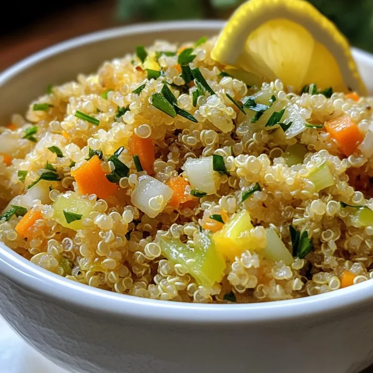 - 1 cup quinoa, rinsed - 2 cups vegetable broth - 3 cloves garlic, minced - 1 small onion, diced - 1 carrot, diced - 1 celery stalk, diced - 1 tablespoon olive oil - 1 teaspoon dried thyme - 1 teaspoon dried rosemary - 1 teaspoon parsley - Salt and pepper to taste - 1/4 cup chopped fresh parsley (for garnish) If you need to change the serving size, remember these simple conversions: - 1 cup equals 8 ounces. - 1 tablespoon equals 3 teaspoons. - 1 teaspoon equals 5 milliliters. Adjust your ingredients as needed for the right amount. You can easily swap out some ingredients. Here are a few ideas: - Use chicken broth instead of vegetable broth for a richer taste. - Try brown rice if you don’t have quinoa. - Add bell peppers or peas for extra color and flavor. - Use fresh herbs instead of dried ones for a brighter taste. These changes can personalize the dish to your liking. {{ingredient_image_1}} To make garlic herb quinoa pilaf, gather your ingredients. You need quinoa, broth, and fresh veggies. This recipe takes about 30 minutes from start to finish. It serves four, so it's great for family meals or leftovers. 1. Heat the oil: Start by heating one tablespoon of olive oil in a medium pot over medium heat. 2. Cook the veggies: Add one small diced onion, one diced carrot, and one diced celery stalk. Sauté these for about 5 minutes. You want them to soften. 3. Add garlic: Next, stir in three cloves of minced garlic. Cook this mix for 1-2 minutes until it smells good. 4. Toast the quinoa: Add one cup of rinsed quinoa to the pot. Toast the quinoa for 1-2 minutes while stirring. This adds flavor. 5. Add broth: Pour in two cups of vegetable broth and bring it to a boil. 6. Simmer: Once boiling, lower the heat. Cover the pot and let it simmer for 15 minutes. The quinoa should absorb all the broth. 7. Rest the quinoa: After 15 minutes, remove the pot from heat. Let it sit, covered, for 5 more minutes. This helps the quinoa become fluffy. 8. Season: Fluff the quinoa with a fork. Stir in one teaspoon each of dried thyme, rosemary, salt, and pepper to taste. 9. Garnish: Serve your pilaf warm. Top it with 1/4 cup of fresh chopped parsley. - Prep Time: 10 minutes - Cook Time: 20 minutes - Total Time: 30 minutes This simple process gives you a tasty and healthy dish every time. Enjoy! To cook perfect quinoa, start by rinsing it well. Rinsing removes bitter saponins. Use a ratio of 1 cup quinoa to 2 cups broth. This balance yields fluffy quinoa. Toast the rinsed quinoa in the pot for 1-2 minutes. This step adds a nice nutty flavor. When it boils, reduce heat and cover it tightly. Let it simmer for 15 minutes. After cooking, let it sit for 5 minutes. This resting time helps it become light and fluffy. To boost the flavor of your quinoa pilaf, add fresh herbs. You can mix in fresh basil or dill for a twist. A splash of lemon juice brightens the dish. You can also try adding nuts like almonds or walnuts for crunch. If you like spice, add a pinch of red pepper flakes. For a richer flavor, use homemade vegetable broth instead of store-bought. Don’t forget to adjust salt and pepper to your taste. For a beautiful presentation, serve the pilaf in a large bowl. Sprinkle fresh parsley on top for color. Add a wedge of lemon on the side for a zesty touch. You can also add cherry tomatoes or slices of avocado around the dish. This adds more color and freshness. Using a nice serving platter elevates the look. Don't shy away from making it visually appealing! Pro Tips Toast the Quinoa: Before adding the broth, toasting the quinoa for a couple of minutes enhances its nutty flavor and adds depth to the dish. Use Fresh Herbs: While dried herbs work well, using fresh herbs for garnish not only adds flavor but also gives a fresh and vibrant appearance to the dish. Customize Your Vegetables: Feel free to add or substitute vegetables based on what you have on hand, such as bell peppers, zucchini, or peas for added color and nutrition. Perfect Fluff: After the quinoa has rested, fluff it gently with a fork to separate the grains without mashing them, ensuring a light and airy pilaf. {{image_2}} This pilaf is already vegetarian and vegan-friendly. You can make it even better with plant-based ingredients. Consider adding more veggies like bell peppers or zucchini. You can also toss in some beans for extra protein. Chickpeas or black beans work well. They add a nice texture and flavor. If you want a grain-free option, try using cauliflower rice. It gives a similar texture and absorbs flavors well. Simply sauté the cauliflower rice with the same veggies and garlic. It cooks much faster, so keep an eye on it. You can also use chopped mushrooms for a hearty twist. Seasonal ingredients can make this dish even more exciting. In spring, add fresh asparagus or peas for a pop of color. In summer, try corn or fresh tomatoes for sweetness. In fall, consider using butternut squash or sweet potatoes for warmth. Each season brings new flavors to explore. After enjoying your Garlic Herb Quinoa Pilaf, store leftovers in an airtight container. Let the pilaf cool down to room temperature first. This helps keep it fresh. Place the container in the fridge. It can last for about 3 to 5 days. Always check for any off smell or change in color before eating. To reheat your quinoa pilaf, use the microwave or the stove. For the microwave, place a portion in a bowl. Add a splash of water to keep it moist. Heat for about 1 to 2 minutes. Stir halfway through for even warming. If you use the stove, put the pilaf in a pan. Add a little water and heat over low heat. Stir often until warm. Want to save some for later? Freeze your Garlic Herb Quinoa Pilaf! First, let it cool completely. Then, portion it into freezer-safe bags or containers. Make sure to remove excess air to prevent freezer burn. Label the bags with the date. It keeps well for up to 3 months. When you're ready to eat, thaw it in the fridge overnight. Reheat as mentioned before. Enjoy a quick and tasty meal! You can serve this quinoa pilaf with many dishes. Grilled chicken or fish pairs well. It also goes great with roasted veggies. For a vegan option, try it with a hearty salad. A lemon wedge adds a fresh touch. This dish works well as a side or a main meal. To make quinoa fluffier, rinse it well before cooking. Rinsing removes bitter saponins. Toast the quinoa for a couple of minutes in oil. This step adds a nice nutty flavor. Use the right ratio of liquid to quinoa. For this recipe, stick to 2 cups of broth for 1 cup of quinoa. After cooking, let it sit covered. Fluff it with a fork for the best texture. Yes, you can use other herbs for this recipe. Fresh herbs like basil or cilantro add unique flavors. If you prefer, use dried herbs like oregano or dill. Adjust the amount based on your taste. Experimenting with herbs can lead to great new tastes! This article covered everything you need to create a tasty Garlic Herb Quinoa Pilaf. We looked at the key ingredients and how to measure them correctly. I shared step-by-step instructions and gave tips to cook quinoa perfectly. You learned about different variations and how to store leftovers. In closing, cooking is about fun and flavor. Try new herbs and enjoy every bite. Happy cooking!