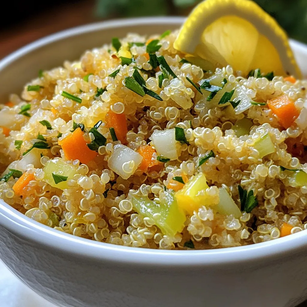 - 1 cup quinoa, rinsed - 2 cups vegetable broth - 3 cloves garlic, minced - 1 small onion, diced - 1 carrot, diced - 1 celery stalk, diced - 1 tablespoon olive oil - 1 teaspoon dried thyme - 1 teaspoon dried rosemary - 1 teaspoon parsley - Salt and pepper to taste - 1/4 cup chopped fresh parsley (for garnish) If you need to change the serving size, remember these simple conversions: - 1 cup equals 8 ounces. - 1 tablespoon equals 3 teaspoons. - 1 teaspoon equals 5 milliliters. Adjust your ingredients as needed for the right amount. You can easily swap out some ingredients. Here are a few ideas: - Use chicken broth instead of vegetable broth for a richer taste. - Try brown rice if you don’t have quinoa. - Add bell peppers or peas for extra color and flavor. - Use fresh herbs instead of dried ones for a brighter taste. These changes can personalize the dish to your liking. {{ingredient_image_1}} To make garlic herb quinoa pilaf, gather your ingredients. You need quinoa, broth, and fresh veggies. This recipe takes about 30 minutes from start to finish. It serves four, so it's great for family meals or leftovers. 1. Heat the oil: Start by heating one tablespoon of olive oil in a medium pot over medium heat. 2. Cook the veggies: Add one small diced onion, one diced carrot, and one diced celery stalk. Sauté these for about 5 minutes. You want them to soften. 3. Add garlic: Next, stir in three cloves of minced garlic. Cook this mix for 1-2 minutes until it smells good. 4. Toast the quinoa: Add one cup of rinsed quinoa to the pot. Toast the quinoa for 1-2 minutes while stirring. This adds flavor. 5. Add broth: Pour in two cups of vegetable broth and bring it to a boil. 6. Simmer: Once boiling, lower the heat. Cover the pot and let it simmer for 15 minutes. The quinoa should absorb all the broth. 7. Rest the quinoa: After 15 minutes, remove the pot from heat. Let it sit, covered, for 5 more minutes. This helps the quinoa become fluffy. 8. Season: Fluff the quinoa with a fork. Stir in one teaspoon each of dried thyme, rosemary, salt, and pepper to taste. 9. Garnish: Serve your pilaf warm. Top it with 1/4 cup of fresh chopped parsley. - Prep Time: 10 minutes - Cook Time: 20 minutes - Total Time: 30 minutes This simple process gives you a tasty and healthy dish every time. Enjoy! To cook perfect quinoa, start by rinsing it well. Rinsing removes bitter saponins. Use a ratio of 1 cup quinoa to 2 cups broth. This balance yields fluffy quinoa. Toast the rinsed quinoa in the pot for 1-2 minutes. This step adds a nice nutty flavor. When it boils, reduce heat and cover it tightly. Let it simmer for 15 minutes. After cooking, let it sit for 5 minutes. This resting time helps it become light and fluffy. To boost the flavor of your quinoa pilaf, add fresh herbs. You can mix in fresh basil or dill for a twist. A splash of lemon juice brightens the dish. You can also try adding nuts like almonds or walnuts for crunch. If you like spice, add a pinch of red pepper flakes. For a richer flavor, use homemade vegetable broth instead of store-bought. Don’t forget to adjust salt and pepper to your taste. For a beautiful presentation, serve the pilaf in a large bowl. Sprinkle fresh parsley on top for color. Add a wedge of lemon on the side for a zesty touch. You can also add cherry tomatoes or slices of avocado around the dish. This adds more color and freshness. Using a nice serving platter elevates the look. Don't shy away from making it visually appealing! Pro Tips Toast the Quinoa: Before adding the broth, toasting the quinoa for a couple of minutes enhances its nutty flavor and adds depth to the dish. Use Fresh Herbs: While dried herbs work well, using fresh herbs for garnish not only adds flavor but also gives a fresh and vibrant appearance to the dish. Customize Your Vegetables: Feel free to add or substitute vegetables based on what you have on hand, such as bell peppers, zucchini, or peas for added color and nutrition. Perfect Fluff: After the quinoa has rested, fluff it gently with a fork to separate the grains without mashing them, ensuring a light and airy pilaf. {{image_2}} This pilaf is already vegetarian and vegan-friendly. You can make it even better with plant-based ingredients. Consider adding more veggies like bell peppers or zucchini. You can also toss in some beans for extra protein. Chickpeas or black beans work well. They add a nice texture and flavor. If you want a grain-free option, try using cauliflower rice. It gives a similar texture and absorbs flavors well. Simply sauté the cauliflower rice with the same veggies and garlic. It cooks much faster, so keep an eye on it. You can also use chopped mushrooms for a hearty twist. Seasonal ingredients can make this dish even more exciting. In spring, add fresh asparagus or peas for a pop of color. In summer, try corn or fresh tomatoes for sweetness. In fall, consider using butternut squash or sweet potatoes for warmth. Each season brings new flavors to explore. After enjoying your Garlic Herb Quinoa Pilaf, store leftovers in an airtight container. Let the pilaf cool down to room temperature first. This helps keep it fresh. Place the container in the fridge. It can last for about 3 to 5 days. Always check for any off smell or change in color before eating. To reheat your quinoa pilaf, use the microwave or the stove. For the microwave, place a portion in a bowl. Add a splash of water to keep it moist. Heat for about 1 to 2 minutes. Stir halfway through for even warming. If you use the stove, put the pilaf in a pan. Add a little water and heat over low heat. Stir often until warm. Want to save some for later? Freeze your Garlic Herb Quinoa Pilaf! First, let it cool completely. Then, portion it into freezer-safe bags or containers. Make sure to remove excess air to prevent freezer burn. Label the bags with the date. It keeps well for up to 3 months. When you're ready to eat, thaw it in the fridge overnight. Reheat as mentioned before. Enjoy a quick and tasty meal! You can serve this quinoa pilaf with many dishes. Grilled chicken or fish pairs well. It also goes great with roasted veggies. For a vegan option, try it with a hearty salad. A lemon wedge adds a fresh touch. This dish works well as a side or a main meal. To make quinoa fluffier, rinse it well before cooking. Rinsing removes bitter saponins. Toast the quinoa for a couple of minutes in oil. This step adds a nice nutty flavor. Use the right ratio of liquid to quinoa. For this recipe, stick to 2 cups of broth for 1 cup of quinoa. After cooking, let it sit covered. Fluff it with a fork for the best texture. Yes, you can use other herbs for this recipe. Fresh herbs like basil or cilantro add unique flavors. If you prefer, use dried herbs like oregano or dill. Adjust the amount based on your taste. Experimenting with herbs can lead to great new tastes! This article covered everything you need to create a tasty Garlic Herb Quinoa Pilaf. We looked at the key ingredients and how to measure them correctly. I shared step-by-step instructions and gave tips to cook quinoa perfectly. You learned about different variations and how to store leftovers. In closing, cooking is about fun and flavor. Try new herbs and enjoy every bite. Happy cooking!