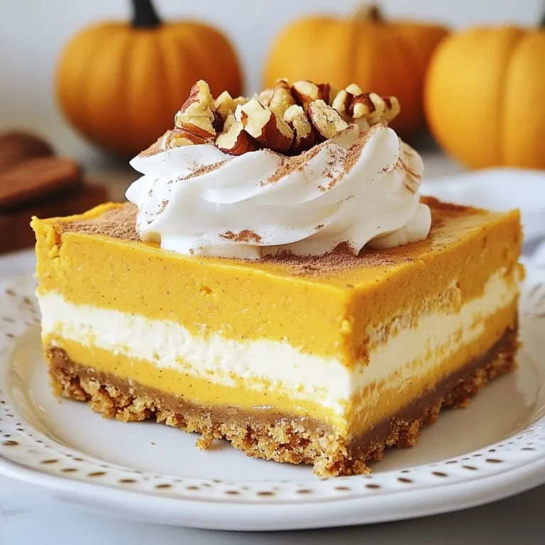To make these tasty pumpkin spice cheesecake bars, gather these ingredients: - 1 ½ cups graham cracker crumbs - ½ cup unsalted butter, melted - 2 tablespoons brown sugar - 2 cups cream cheese, softened - 1 cup pumpkin puree - ¾ cup granulated sugar - 2 large eggs - 1 teaspoon vanilla extract - 1 teaspoon pumpkin pie spice - ½ teaspoon cinnamon - Pinch of salt You will need a few tools to whip up these scrumptious cheesecake bars: - 9x9 inch baking dish - Mixing bowls - Electric mixer - Parchment paper - Measuring cups and spoons - Spatula If you need to swap ingredients, here are some options: - Use coconut oil instead of butter for a dairy-free option. - Swap granulated sugar with brown sugar for more moisture. - For a gluten-free version, use gluten-free graham cracker crumbs. - You can replace cream cheese with a vegan cream cheese for a plant-based treat. - If you don't have pumpkin pie spice, mix nutmeg and ginger for a similar flavor. {{ingredient_image_1}} Start by preheating your oven to 350°F (175°C). Line a 9x9 inch baking dish with parchment paper. Leave some paper hanging over the sides. This helps you lift out the bars later. In a medium bowl, mix together: - 1 ½ cups graham cracker crumbs - ½ cup unsalted butter, melted - 2 tablespoons brown sugar - A pinch of salt Stir until the crumbs look like wet sand. Press this mixture evenly into the bottom of your dish. Bake for 10 minutes. Let the crust cool slightly before adding the filling. In a large mixing bowl, beat 2 cups of softened cream cheese with an electric mixer. Mix until it is smooth and creamy. Scrape the bowl as needed. Now add: - 1 cup pumpkin puree - ¾ cup granulated sugar - 2 large eggs - 1 teaspoon vanilla extract - 1 teaspoon pumpkin pie spice - ½ teaspoon cinnamon - A pinch of salt Mix all of this on medium speed until it is smooth and well combined. Pour the pumpkin cheesecake filling over the cooled crust. Spread it out evenly. Bake in the oven for 25-30 minutes. The center should look set but still jiggle a bit. It will firm up as it cools. After baking, take the cheesecake bars out and let them cool at room temperature for about 1 hour. Then refrigerate for at least 4 hours, or overnight for best results. When ready, lift the bars out using the parchment paper and cut into squares. Enjoy! To get the best texture in your pumpkin spice cheesecake bars, focus on the cream cheese. Make sure it is at room temperature before you start mixing. This helps it blend smoothly. When you beat the cream cheese, do it on medium speed. This keeps air out and prevents cracks. Also, avoid over-mixing after adding the eggs. Just mix until combined. One common mistake is not cooling the crust enough before adding the filling. If it’s too hot, it can make the filling cook unevenly. Another mistake is baking them too long. You want a slight jiggle in the center when you take them out. This will ensure they set perfectly as they cool. Lastly, don’t skip refrigerating them for four hours. Chilling helps firm them up and enhances flavor. For a stunning presentation, serve each bar on a pretty plate. A sprinkle of cinnamon on top adds color. A dollop of whipped cream on the side makes it extra special. You can also add a few chopped pecans or walnuts on top for a nice crunch. This not only looks good but adds flavor and texture. Pro Tips Use Room Temperature Ingredients: Ensure your cream cheese and eggs are at room temperature for a smoother batter, which helps prevent lumps in your cheesecake. Cool Gradually: After baking, allow the cheesecake bars to cool gradually at room temperature before refrigerating. This helps prevent cracks and ensures even cooling. Test for Doneness: The center of the cheesecake should be set but still slightly jiggly. It will continue to firm up as it cools, so avoid overbaking. Chill Overnight: For the best texture and flavor, chill the cheesecake bars overnight before serving. This allows the flavors to meld beautifully. {{image_2}} To add a twist, try chocolate swirl bars. Start with the basic recipe. Before pouring the pumpkin batter, melt ½ cup of chocolate chips. Swirl the melted chocolate into the cheesecake mixture. Use a knife to create pretty patterns. Bake as usual and enjoy the chocolatey goodness mixed with pumpkin spice. For a gluten-free version, swap the graham cracker crumbs. Use gluten-free graham crackers or almond flour instead. You can also use crushed gluten-free cookies. The rest of the recipe stays the same. This way, everyone can enjoy the treat without worry. To make this recipe vegan, replace the cream cheese. Use vegan cream cheese, which is widely available. Swap the eggs with flaxseed meal. Mix 1 tablespoon of flaxseed meal with 2.5 tablespoons of water. Let it sit for 5 minutes to thicken. For the rest, use plant-based butter and ensure your pumpkin puree is dairy-free. This way, you can enjoy a vegan delight! After you bake the pumpkin spice cheesecake bars, let them cool. Once they cool to room temperature, cover them tightly with plastic wrap. This keeps them fresh and moist. You can also use an airtight container. Store them in the fridge for up to five days. The flavor will deepen as they sit, making them even better! If you want to keep these bars longer, freezing is a great option. Cut the cheesecake into squares before freezing. Wrap each square in plastic wrap, then place them in a freezer bag. They can last in the freezer for up to three months. When you’re ready to enjoy, thaw them in the fridge overnight. If you like your cheesecake bars warm, reheating is simple. Place a square on a microwave-safe plate. Heat it for about 15 to 20 seconds. This warms them up without making them too hot. You can also enjoy them cold right from the fridge! Yes, you can use fresh pumpkin. Just make sure to cook it first. Cut the pumpkin into chunks, steam or bake it until soft, then mash it. Strain out excess moisture for a smoother texture. This will give your bars a fresh taste. These cheesecake bars last about five days in the fridge. Store them in an airtight container. If you see any signs of spoilage, it’s best to toss them. Keeping them sealed helps them stay fresh and tasty. Absolutely! You can make these bars a day or two ahead. Just follow the recipe and let them chill well. They taste even better after resting, as the flavors meld together. Perfect for parties or gatherings! In this post, we explored all the key steps to make cheesecake bars. We started with the ingredients and necessary tools, then moved to the recipe steps. I shared tips to avoid mistakes and ways to serve them beautifully. Variations let you try new flavors, whether you need gluten-free or vegan options. Finally, proper storage helps keep them fresh. Now you have all you need to create delicious cheesecake bars at home. Enjoy your baking journey!