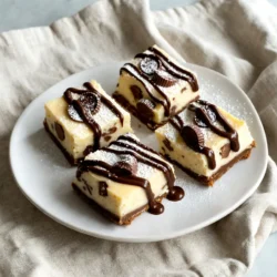 To make these tasty Peanut Butter Cup Cheesecake Bars, you need: - 1 1/2 cups graham cracker crumbs - 1/3 cup granulated sugar - 1/2 cup unsalted butter, melted - 16 oz cream cheese, softened - 1 cup creamy peanut butter - 3/4 cup powdered sugar - 2 large eggs - 1 teaspoon vanilla extract - 1 cup mini chocolate peanut butter cups, chopped - 1/2 cup semisweet chocolate chips These ingredients create a rich and creamy dessert that everyone will love. Each item plays a key role in the flavor and texture. The graham cracker crumbs form a crunchy base. Cream cheese gives the bars a smooth, creamy filling. Peanut butter adds a nutty flavor. Chopped mini peanut butter cups bring in delicious bursts of chocolate. Make sure to use high-quality ingredients for the best taste. Fresh cream cheese and real butter make a big difference. I suggest using creamy peanut butter for a smoother texture. This way, your cheesecake bars will be a hit at any gathering! {{ingredient_image_1}} Preheating the Oven Start by preheating your oven to 325°F (160°C). This step helps bake the crust evenly. Mixing the Crust Ingredients In a medium bowl, mix 1 1/2 cups of graham cracker crumbs with 1/3 cup of granulated sugar. Then, add 1/2 cup of melted unsalted butter. Use a fork or your hands to combine everything well. It should look like wet sand. Baking and Cooling the Crust Press the crust mixture firmly into the bottom of a 9x9-inch baking pan. Bake it for 10 minutes until it's golden. After baking, let it cool slightly while you make the filling. Beating Cream Cheese and Peanut Butter In a large bowl, beat 16 oz of softened cream cheese with 1 cup of creamy peanut butter. Mix until the mixture is smooth and creamy. Incorporating the Eggs and Sugar Next, gradually add 3/4 cup of powdered sugar while mixing. Then, add 2 large eggs one at a time. Mix well after each addition. Don’t forget to stir in 1 teaspoon of vanilla extract. Folding in Peanut Butter Cups Gently fold in 1 cup of chopped mini chocolate peanut butter cups. This adds great taste and texture to the filling. Pouring the Filling Over the Crust Carefully pour the cheesecake filling over your cooled crust. Use a spatula to smooth out the top. Baking Time and Temperature Bake the bars for 25-30 minutes. Look for lightly golden edges. The center should be set but still a bit jiggly. Cooling and Chilling Instructions After baking, let the bars cool at room temperature for about 1 hour. Then, place them in the fridge for at least 3 hours to set completely. To get a creamy cheesecake, use soft cream cheese. Cold cream cheese won’t blend well. Always let your cream cheese sit out for about 30 minutes before mixing. This simple step helps achieve a smooth texture. You should also mix your peanut butter well. It must be creamy and smooth. If it’s too thick, your filling may not blend nicely. Present your cheesecake bars on a nice platter. Add a sprinkle of powdered sugar on top. You can also place extra chopped peanut butter cups on the sides. This makes it look fancy. Pair these bars with fresh fruit. Strawberries or raspberries add a nice touch. You can also serve them with whipped cream for extra flavor. To avoid cracks on the top, do not overbeat your mixture. Over-mixing adds too much air, which can cause cracking. Make sure to bake evenly. Rotate the pan halfway through baking. This helps the bars cook evenly. If your oven has hot spots, this small trick can save you from uneven desserts. Pro Tips Chill Your Ingredients: For the best texture, make sure your cream cheese is softened properly. Let it sit at room temperature for about 30 minutes before mixing. Don't Overmix: When incorporating the eggs, mix just until combined. Overmixing can lead to a dense cheesecake. Check for Doneness: The cheesecake is done when the edges are set and the center is slightly jiggly. It will continue to set as it cools. Use Quality Chocolate: For the chocolate drizzle, opt for high-quality semisweet chocolate chips for a richer flavor. {{image_2}} You can easily make these bars your own by swapping out peanut butter. Try almond or cashew butter for a unique taste. Each nut butter gives a different flavor and texture. Also, consider using different types of chocolate. Dark chocolate adds richness, while milk chocolate is sweeter. You can mix and match to find your favorite. If you need a gluten-free option, use gluten-free graham crackers. They work just as well in the crust. For a vegan version, replace cream cheese with a plant-based cream cheese. Use flax eggs instead of regular eggs. This keeps the bars creamy and tasty without dairy. Want to add some crunch? Try mixing in nuts like chopped pecans or walnuts. You can also add fruits like sliced bananas or strawberries for a fresh twist. If you want more sweetness, consider using different candies. Mini marshmallows or crushed Oreos can bring new flavors and textures. To keep your Peanut Butter Cup Cheesecake Bars fresh, wrap them well. Use plastic wrap or foil. Place them in the fridge for up to five days. This keeps them cool and tasty. The creamy texture stays great when stored properly. If you want to save some for later, freeze the bars. Cut them into squares first. Wrap each piece in plastic wrap, then put them in a freezer bag. They can last for up to three months in the freezer. When you're ready to enjoy, just thaw them in the fridge overnight. To reheat your cheesecake bars, use the microwave. Heat them for about 10 to 15 seconds. Check if they are warm enough for you. Avoid overheating, or they may get too soft. Enjoy them warm, or serve them cold for a refreshing treat! You can tell when the cheesecake bars are done by looking at the edges. They should be lightly golden. The center should still jiggle a bit when you move the pan. If the edges look set and the middle jiggles, it’s perfect. Yes, you can make these bars in advance. They taste even better after sitting for a day. Just store them in the fridge. Cover them well to keep them fresh. You can serve them chilled for a cool treat. You can use mascarpone cheese or vegan cream cheese. Both options keep the creamy texture. Cottage cheese blended smooth can also work. Just keep in mind that flavor may change slightly. The bars last about five days in the fridge. Make sure to keep them covered. After five days, the taste may change. You can also freeze them for longer storage. This blog post details the simple steps to make delicious cheesecake bars. You learned about essential ingredients and how to prepare, bake, and serve them. I also shared tips for perfect texture and common issues you might face. You can even customize the recipe to suit your taste or dietary needs. These cheesecake bars are great for any occasion and sure to impress. Enjoy making them and sharing the joy of a tasty treat!