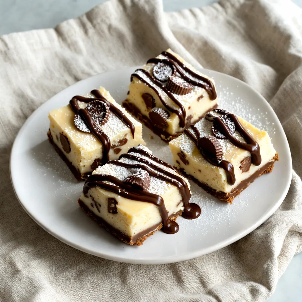 To make these tasty Peanut Butter Cup Cheesecake Bars, you need: - 1 1/2 cups graham cracker crumbs - 1/3 cup granulated sugar - 1/2 cup unsalted butter, melted - 16 oz cream cheese, softened - 1 cup creamy peanut butter - 3/4 cup powdered sugar - 2 large eggs - 1 teaspoon vanilla extract - 1 cup mini chocolate peanut butter cups, chopped - 1/2 cup semisweet chocolate chips These ingredients create a rich and creamy dessert that everyone will love. Each item plays a key role in the flavor and texture. The graham cracker crumbs form a crunchy base. Cream cheese gives the bars a smooth, creamy filling. Peanut butter adds a nutty flavor. Chopped mini peanut butter cups bring in delicious bursts of chocolate. Make sure to use high-quality ingredients for the best taste. Fresh cream cheese and real butter make a big difference. I suggest using creamy peanut butter for a smoother texture. This way, your cheesecake bars will be a hit at any gathering! {{ingredient_image_1}} Preheating the Oven Start by preheating your oven to 325°F (160°C). This step helps bake the crust evenly. Mixing the Crust Ingredients In a medium bowl, mix 1 1/2 cups of graham cracker crumbs with 1/3 cup of granulated sugar. Then, add 1/2 cup of melted unsalted butter. Use a fork or your hands to combine everything well. It should look like wet sand. Baking and Cooling the Crust Press the crust mixture firmly into the bottom of a 9x9-inch baking pan. Bake it for 10 minutes until it's golden. After baking, let it cool slightly while you make the filling. Beating Cream Cheese and Peanut Butter In a large bowl, beat 16 oz of softened cream cheese with 1 cup of creamy peanut butter. Mix until the mixture is smooth and creamy. Incorporating the Eggs and Sugar Next, gradually add 3/4 cup of powdered sugar while mixing. Then, add 2 large eggs one at a time. Mix well after each addition. Don’t forget to stir in 1 teaspoon of vanilla extract. Folding in Peanut Butter Cups Gently fold in 1 cup of chopped mini chocolate peanut butter cups. This adds great taste and texture to the filling. Pouring the Filling Over the Crust Carefully pour the cheesecake filling over your cooled crust. Use a spatula to smooth out the top. Baking Time and Temperature Bake the bars for 25-30 minutes. Look for lightly golden edges. The center should be set but still a bit jiggly. Cooling and Chilling Instructions After baking, let the bars cool at room temperature for about 1 hour. Then, place them in the fridge for at least 3 hours to set completely. To get a creamy cheesecake, use soft cream cheese. Cold cream cheese won’t blend well. Always let your cream cheese sit out for about 30 minutes before mixing. This simple step helps achieve a smooth texture. You should also mix your peanut butter well. It must be creamy and smooth. If it’s too thick, your filling may not blend nicely. Present your cheesecake bars on a nice platter. Add a sprinkle of powdered sugar on top. You can also place extra chopped peanut butter cups on the sides. This makes it look fancy. Pair these bars with fresh fruit. Strawberries or raspberries add a nice touch. You can also serve them with whipped cream for extra flavor. To avoid cracks on the top, do not overbeat your mixture. Over-mixing adds too much air, which can cause cracking. Make sure to bake evenly. Rotate the pan halfway through baking. This helps the bars cook evenly. If your oven has hot spots, this small trick can save you from uneven desserts. Pro Tips Chill Your Ingredients: For the best texture, make sure your cream cheese is softened properly. Let it sit at room temperature for about 30 minutes before mixing. Don't Overmix: When incorporating the eggs, mix just until combined. Overmixing can lead to a dense cheesecake. Check for Doneness: The cheesecake is done when the edges are set and the center is slightly jiggly. It will continue to set as it cools. Use Quality Chocolate: For the chocolate drizzle, opt for high-quality semisweet chocolate chips for a richer flavor. {{image_2}} You can easily make these bars your own by swapping out peanut butter. Try almond or cashew butter for a unique taste. Each nut butter gives a different flavor and texture. Also, consider using different types of chocolate. Dark chocolate adds richness, while milk chocolate is sweeter. You can mix and match to find your favorite. If you need a gluten-free option, use gluten-free graham crackers. They work just as well in the crust. For a vegan version, replace cream cheese with a plant-based cream cheese. Use flax eggs instead of regular eggs. This keeps the bars creamy and tasty without dairy. Want to add some crunch? Try mixing in nuts like chopped pecans or walnuts. You can also add fruits like sliced bananas or strawberries for a fresh twist. If you want more sweetness, consider using different candies. Mini marshmallows or crushed Oreos can bring new flavors and textures. To keep your Peanut Butter Cup Cheesecake Bars fresh, wrap them well. Use plastic wrap or foil. Place them in the fridge for up to five days. This keeps them cool and tasty. The creamy texture stays great when stored properly. If you want to save some for later, freeze the bars. Cut them into squares first. Wrap each piece in plastic wrap, then put them in a freezer bag. They can last for up to three months in the freezer. When you're ready to enjoy, just thaw them in the fridge overnight. To reheat your cheesecake bars, use the microwave. Heat them for about 10 to 15 seconds. Check if they are warm enough for you. Avoid overheating, or they may get too soft. Enjoy them warm, or serve them cold for a refreshing treat! You can tell when the cheesecake bars are done by looking at the edges. They should be lightly golden. The center should still jiggle a bit when you move the pan. If the edges look set and the middle jiggles, it’s perfect. Yes, you can make these bars in advance. They taste even better after sitting for a day. Just store them in the fridge. Cover them well to keep them fresh. You can serve them chilled for a cool treat. You can use mascarpone cheese or vegan cream cheese. Both options keep the creamy texture. Cottage cheese blended smooth can also work. Just keep in mind that flavor may change slightly. The bars last about five days in the fridge. Make sure to keep them covered. After five days, the taste may change. You can also freeze them for longer storage. This blog post details the simple steps to make delicious cheesecake bars. You learned about essential ingredients and how to prepare, bake, and serve them. I also shared tips for perfect texture and common issues you might face. You can even customize the recipe to suit your taste or dietary needs. These cheesecake bars are great for any occasion and sure to impress. Enjoy making them and sharing the joy of a tasty treat!