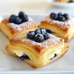 Here are the ingredients you'll need for the Blueberry Cream Cheese Danish: - 1 sheet of puff pastry (thawed if frozen) - 8 oz cream cheese, softened - 1/4 cup powdered sugar - 1 tsp vanilla extract - 1 cup fresh blueberries - 1 tablespoon lemon juice - 1 egg (for egg wash) - 1 tablespoon milk (for egg wash) - Extra powdered sugar for dusting These ingredients create a sweet and creamy filling with a flaky crust. The puff pastry gives it a light, airy texture. Cream cheese adds richness, while blueberries bring a burst of flavor. The lemon juice brightens the taste, making each bite refreshing. Using powdered sugar in the filling adds sweetness without being too heavy. The egg wash helps the pastry turn golden brown and shiny. Finally, a dusting of extra powdered sugar gives it a delightful finish. Gather these items, and you’ll be ready to create this tasty treat! {{ingredient_image_1}} - Preheat the oven to 400°F (200°C). - Roll out the puff pastry on a floured surface. Cut it into a 3x3 grid, which gives you nine squares. - In a bowl, mix softened cream cheese, powdered sugar, and vanilla extract. Stir until smooth and creamy. - Use your finger or the back of a spoon to create a small indent in each pastry square. Leave a border around the edges. - Spoon about one tablespoon of the cream cheese mixture into the center of each square. Top it with another tablespoon of fresh blueberries. - In a small bowl, whisk together one egg and one tablespoon of milk to make an egg wash. Brush the edges of each pastry square with this wash for a nice golden color. - Place the pastries on a baking sheet and bake for about 15-20 minutes or until golden brown and puffed. - When done, let them cool for a few minutes. Dust with extra powdered sugar before serving. To get great puff pastry, start by thawing it properly. If it’s frozen, let it sit in the fridge overnight. This helps it roll out evenly. When you roll it, use a light touch. Don’t press too hard. A gentle hand keeps the layers intact. To avoid sogginess, make sure to create that slight indent in the pastry before adding the filling. This holds the cream cheese and berries in place. You can also bake on a parchment-lined sheet. It helps the heat circulate, making the pastry crispier. You can change up the cream cheese filling easily. Instead of powdered sugar, try honey or maple syrup for sweetness. For a fun twist, add a pinch of cinnamon or nutmeg. This gives your filling a warm flavor. You can also add fresh herbs like mint or basil. These add a surprising flavor and brightness to the pastries. Experiment with what you like best. For a stunning presentation, arrange your danishes on a colorful platter. Sprinkle a few extra blueberries around them. This makes the dish pop. Dust the top with powdered sugar for a touch of elegance. Serve with a side of whipped cream or a scoop of vanilla ice cream. This adds a rich, creamy element that pairs well with the fruity filling. Your guests will love the extra touch! Pro Tips Keep Pastry Cold: Ensure your puff pastry stays cold while working with it. Warm pastry can become difficult to handle and won't puff up as nicely during baking. Adjust Sweetness: Taste the cream cheese mixture before filling. Adjust the powdered sugar to your preference for sweetness, especially if your blueberries are particularly tart. Egg Wash Tip: For an extra shiny finish, use only the egg yolk mixed with a teaspoon of water as your egg wash. This will give your danishes a beautiful golden color. Storage Advice: Store any leftover danishes in an airtight container at room temperature for up to two days. Reheat in the oven for a few minutes to restore their flakiness. {{image_2}} You can switch up the blueberries in your Danish. Try using strawberries, raspberries, or mixed berries. Each fruit adds its own taste and color. You can also use seasonal fruits. In fall, think about apples or pears. In winter, citrus fruits like oranges can add a nice twist. Want to make your filling more exciting? Add some lemon or lime zest for a bright flavor. This small step can change everything! You can also play with different extracts. Almond or orange extracts can give your Danish a unique taste. Just remember to start with a small amount. You can always add more! If you need a gluten-free option, there are many puff pastry brands available. Look for ones made from rice flour or almond flour. You can also make it vegan by using cream cheese made from nuts or soy. Check your local store for these choices. These adjustments let everyone enjoy a delicious Danish! To keep your blueberry cream cheese danish fresh, place them in the fridge. Use an airtight container to avoid moisture loss. This will help them stay flaky and tasty. If you have a lot left over, you might want to layer parchment paper between the pastries. This will stop them from sticking together. When you want to eat your danish again, the right reheating method is key. The best way is to use an oven. Preheat your oven to 350°F (175°C). Place the danishes on a baking sheet and heat them for about 10 minutes. This keeps the pastry crispy. You can also use a toaster oven for a quick fix. You can freeze your danish either before or after baking. If you freeze before baking, wrap each pastry tightly in plastic wrap. Place them in a freezer bag. This way, they keep their shape. If you bake them first, let them cool and then wrap them up. To thaw, leave them in the fridge overnight. To reheat from frozen, bake them at 350°F (175°C) for about 15-20 minutes. This brings back their fresh flavor and texture. A Blueberry Cream Cheese Danish is a sweet pastry filled with creamy cheese and juicy blueberries. It uses light and flaky puff pastry as a base. You can find this treat in bakeries or make it at home. The filling often includes cream cheese, powdered sugar, and vanilla. Many recipes call for fresh blueberries mixed with lemon juice for a bright flavor. Yes, you can make the pastry ahead. Thaw your puff pastry in the fridge overnight. Keep it wrapped to prevent drying out. You can also cut the pastry into squares and store them in the fridge. Just remember to fill and bake them close to serving time for the best texture. A soggy bottom can happen for a few reasons. First, make sure to drain any excess juice from the blueberries after mixing. Second, bake the pastries on parchment paper to allow airflow. Lastly, pre-baking the pastry for a few minutes before adding the filling can help. This creates a nice barrier against moisture. You can buy Blueberry Cream Cheese Danish at many local bakeries or grocery stores. Look for bakeries that specialize in pastries. Some popular brands sell them frozen at grocery stores, like Trader Joe's or Pepperidge Farm. Always check for freshness and quality before buying. This blog post guides you on making a delicious Blueberry Cream Cheese Danish. We covered the key ingredients, explained step-by-step instructions, and offered tips for perfect pastry. You can explore variations to suit your taste and learn how to store leftovers. Enjoy experimenting with flavors and presentations. Baking can be fun and rewarding, so get creative and delight in your tasty results. Your homemade pastries will impress everyone!