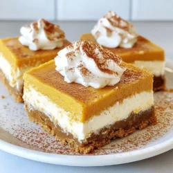 - 1 ½ cups graham cracker crumbs - ½ cup unsalted butter, melted - 1 teaspoon ground cinnamon - ½ teaspoon ground nutmeg - ½ teaspoon ground ginger - 2 (8 oz) packages cream cheese, softened - 1 cup granulated sugar - 2 large eggs - 1 cup pumpkin puree - 1 teaspoon vanilla extract - 1 teaspoon pumpkin pie spice - ½ teaspoon salt - Whipped cream and cinnamon for topping (optional) When making pumpkin spice cheesecake bars, use precise measurements for the best results. If you want a gluten-free option, substitute graham cracker crumbs with gluten-free crumbs. You can also use melted coconut oil instead of butter for a dairy-free choice. For lower sugar, consider using a sugar substitute that measures cup-for-cup like granulated sugar. Toppings add a special touch to your bars. I love using whipped cream and a sprinkle of cinnamon to make them stand out. You can also drizzle caramel sauce or chocolate for extra flavor. Fresh pecans or walnuts can add a nice crunch. These toppings not only enhance taste but also improve the look of your dessert. {{ingredient_image_1}} First, set your oven to 350°F (175°C). This temperature gives the bars a nice bake. Next, take a 9x9-inch baking pan. You can grease it or use parchment paper. Parchment makes it easy to lift the bars out later. In a medium bowl, mix together 1 ½ cups of graham cracker crumbs and ½ cup of melted unsalted butter. Add 1 teaspoon of ground cinnamon and a pinch of salt. Stir until the mixture looks like wet sand. Press this mix evenly into the bottom of your prepared pan. This forms a solid base for your cheesecake. In a large mixing bowl, beat 2 packages of softened cream cheese with an electric mixer. Mix on medium speed until it is smooth. Gradually add 1 cup of granulated sugar. Keep mixing until it blends well. Then, add 2 large eggs one at a time. Mix well after each egg. Now, add 1 cup of pumpkin puree, 1 teaspoon of vanilla extract, 1 teaspoon of pumpkin pie spice, ½ teaspoon of ground ginger, ½ teaspoon of ground nutmeg, and ½ teaspoon of salt. Mix until everything is smooth and creamy. Pour this filling over the baked crust. Spread it evenly. This filling makes the bars rich and tasty. Baking them will finish the magic! To get a smooth and creamy cheesecake, start with softened cream cheese. Cold cream cheese can create lumps. Use a hand mixer on medium speed for a good mix. Add the sugar slowly to help blend it in well. Mix the pumpkin puree and spices carefully. This keeps the filling light and fluffy. Watch the baking time closely. Bake the cheesecake bars for 30 to 35 minutes. The center should be set but still slightly jiggly. If you overcook, the bars can turn dry. Keep an eye on them in the last few minutes. You want a soft texture, not rubbery. For a lovely presentation, use a festive platter. Cut the cheesecake into neat squares. Add a dollop of whipped cream on each square. A sprinkle of cinnamon on top adds a nice touch. This makes your dessert look as good as it tastes. Pro Tips Use Room Temperature Ingredients: Ensure your cream cheese and eggs are at room temperature for a smoother batter. This helps blend the ingredients more evenly, preventing lumps in your cheesecake filling. Don’t Overbake: The cheesecake should be set around the edges but still slightly jiggly in the center. Overbaking can lead to a dry texture. Keep an eye on it during the last few minutes of baking. Chill Thoroughly: For the best texture, allow the bars to chill in the refrigerator for at least 4 hours, or overnight if possible. This helps the flavors meld and the cheesecake to firm up properly. Garnish Creatively: Elevate your presentation by adding a drizzle of caramel sauce or a sprinkle of chopped pecans on top of the whipped cream. This adds an extra layer of flavor and visual appeal. {{image_2}} You can easily make these cheesecake bars gluten-free. Use gluten-free graham cracker crumbs instead of regular ones. Many brands offer tasty gluten-free options. Just check the labels to ensure they fit your needs. The rest of the recipe remains the same. You still get that creamy texture and warm spices, without the gluten. To make these bars dairy-free, swap out the cream cheese. Use a dairy-free cream cheese alternative. Brands like Tofutti or Kite Hill work well. Use coconut cream for a rich texture. Make sure to choose a dairy-free butter for the crust too. This way, you enjoy pumpkin spice flavor without dairy. You can customize these bars with fun flavors. Want a chocolate twist? Mix in chocolate chips or swirl some melted chocolate into the filling. For a caramel touch, drizzle caramel sauce over the top before serving. These small changes add a new layer to your dessert. Use your imagination to create unique flavors that fit your style! After you bake your pumpkin spice cheesecake bars, let them cool. Place them in the fridge. Use an airtight container or cover them with plastic wrap. They keep well in the fridge for up to five days. This chilling time helps the flavors blend and makes them firmer. Enjoy them cold or let them warm up a bit before serving. If you need to store the bars for longer, freezing works great. First, cut them into squares. Wrap each square tightly in plastic wrap. Then, place them in a freezer-safe bag or container. They can last in the freezer for up to three months. To enjoy, thaw them in the fridge overnight before serving. When you want to eat your cheesecake bars, you can reheat them. Place them in the microwave for about 10-15 seconds. This warms them without making them too soft. The bars taste best at room temperature. If you prefer them warm, be careful not to overheat them. Serve with whipped cream and a sprinkle of cinnamon for a tasty treat! You can tell when the cheesecake bars are done by looking at the center. It should be set and only slightly jiggly. If it looks too wobbly, it needs more time. Bake for 30-35 minutes at 350°F (175°C). If the edges are firm but the center jiggles, it's perfect. Remember, overcooking can make it dry, so watch closely. Yes, you can use fresh pumpkin! Just make sure to cook and puree it first. Fresh pumpkin has a different texture and taste than canned. For best results, use a sugar pumpkin, as it is sweeter and creamier. Drain any excess moisture after cooking to keep your cheesecake bars from becoming too watery. To slice cheesecake bars neatly, use a sharp knife. First, dip it in hot water and wipe it dry. This helps create clean cuts. Score the cheesecake into squares before slicing all the way through. For extra clean slices, wipe the knife after each cut. Enjoy your perfect squares! This blog post covered all you need for delicious cheesecake bars. We explored the key ingredients, steps for the perfect crust, and how to make the filling. I shared tips to ensure a creamy texture and ideas for fun variations. Finally, we discussed storage options to keep your bars fresh. In conclusion, follow these steps, and you'll enjoy cheesecake bars every time. Happy baking!